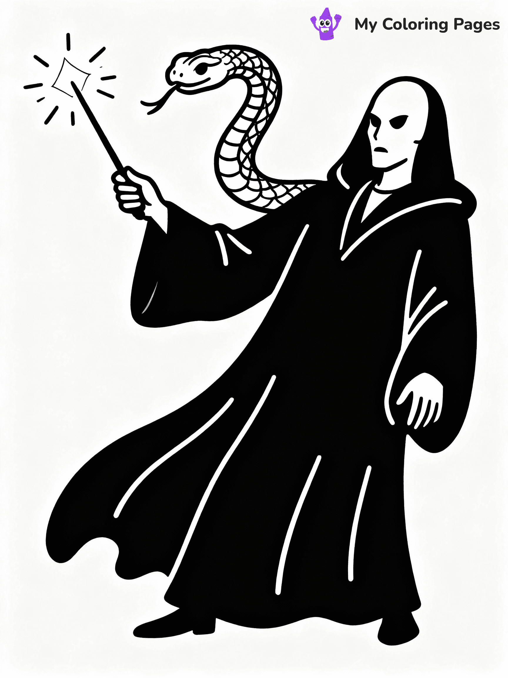 ⚠️ CRITICAL REQUIREMENT - ABSOLUTE BLACK AND WHITE ONLY ⚠️
This MUST be a BLACK AND WHITE line drawing ONLY. NO COLORS whatsoever.
- ONLY pure black lines (#000000) on pure white background (#FFFFFF)
- ABSOLUTELY NO colors, NO shading, NO gradients, NO grayscale
- If there are ANY colors in the output, the image is REJECTED
- This is a COLORING PAGE - meant to be COLORED IN by children
- The output must be UNCOLORED line art ready for coloring
⚠️ SUBJECT TO DRAW: Voldemort from Harry Potter in illustrated style, casting a spell, snake-like features, wand raised, dark robes billowing
(REMEMBER: Output must be BLACK AND WHITE line art only, NOT colored!)
# COLORING PAGE: BLACK OUTLINES ONLY - WHITE BACKGROUND MANDATORY
Create a **coloring book page** using EXACTLY two values: black lines, white space.
## NON-NEGOTIABLE BINARY RULES
- **ONLY #000000 (black) and #FFFFFF (white)** - NO other values exist
- **EVERY PIXEL = BLACK OR WHITE** - no gray/shading/antialiasing
- **WHITE BACKGROUND MANDATORY** - entire canvas stays white
- **ALL SHAPES HOLLOW** - everything is empty outlines waiting to be colored
- **FORBIDDEN:** fills, shading, gradients, patterns, textures, colors
- **NO SOLID REGIONS** - if it's not a thin line, it's wrong
## Universal Line Standards
- Black outlines ONLY - thin, uniform weight
- Every shape completely empty inside
- Closed contours suitable for coloring
- Simple flat illustration - zero depth/3D/realism
- **Style:** Whimsical Doodle Art Alley - rounded, friendly outlines (unless specified)
## Everything = Outline Only
- Characters/animals: hollow shapes
- Objects/clothing: empty contours
- Backgrounds/scenery: line work only
- Natural elements: outlined forms
- Dark/night areas: don't exist (use outlined symbols)
- Textures/patterns: convert to simple lines
## The Test
Can a child color EVERY white space with crayons? If any area is pre-filled/shaded/gray or colored in, it FAILS. Every shape must be waiting to receive color.
**FINAL OUTPUT**: Binary coloring page. Black lines define shapes. White spaces ready for coloring. Nothing else exists. No exceptions. Print-ready.
⚠️ FINAL REMINDER: Draw the subject "Voldemort from Harry Potter in illustrated style, casting a spell, snake-like features, wand raised, dark robes billowing" as BLACK AND WHITE line art. Zero colors in output.