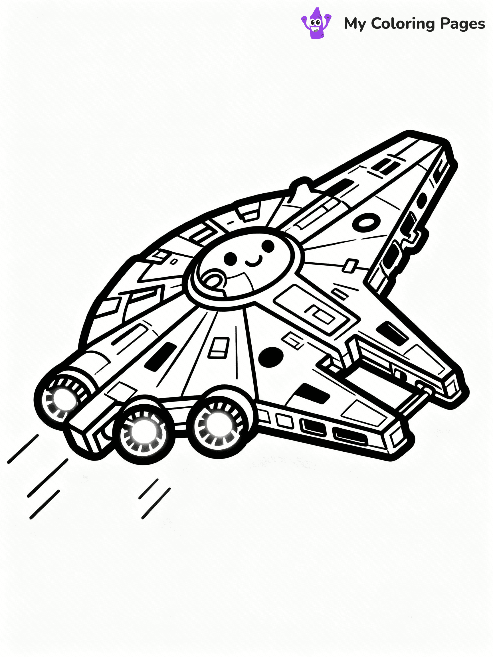 ⚠️ CRITICAL REQUIREMENT - ABSOLUTE BLACK AND WHITE ONLY ⚠️
This MUST be a BLACK AND WHITE line drawing ONLY. NO COLORS whatsoever.
- ONLY pure black lines (#000000) on pure white background (#FFFFFF)
- ABSOLUTELY NO colors, NO shading, NO gradients, NO grayscale
- If there are ANY colors in the output, the image is REJECTED
- This is a COLORING PAGE - meant to be COLORED IN by children
- The output must be UNCOLORED line art ready for coloring
⚠️ SUBJECT TO DRAW: Millennium Falcon from Star Wars in sci-fi outline style, flying through space, engines glowing
(REMEMBER: Output must be BLACK AND WHITE line art only, NOT colored!)
# COLORING PAGE: BLACK OUTLINES ONLY - WHITE BACKGROUND MANDATORY
Create a **coloring book page** using EXACTLY two values: black lines, white space.
## NON-NEGOTIABLE BINARY RULES
- **ONLY #000000 (black) and #FFFFFF (white)** - NO other values exist
- **EVERY PIXEL = BLACK OR WHITE** - no gray/shading/antialiasing
- **WHITE BACKGROUND MANDATORY** - entire canvas stays white
- **ALL SHAPES HOLLOW** - everything is empty outlines waiting to be colored
- **FORBIDDEN:** fills, shading, gradients, patterns, textures, colors
- **NO SOLID REGIONS** - if it's not a thin line, it's wrong
## Universal Line Standards
- Black outlines ONLY - thin, uniform weight
- Every shape completely empty inside
- Closed contours suitable for coloring
- Simple flat illustration - zero depth/3D/realism
- **Style:** Whimsical Doodle Art Alley - rounded, friendly outlines (unless specified)
## Everything = Outline Only
- Characters/animals: hollow shapes
- Objects/clothing: empty contours
- Backgrounds/scenery: line work only
- Natural elements: outlined forms
- Dark/night areas: don't exist (use outlined symbols)
- Textures/patterns: convert to simple lines
## The Test
Can a child color EVERY white space with crayons? If any area is pre-filled/shaded/gray or colored in, it FAILS. Every shape must be waiting to receive color.
**FINAL OUTPUT**: Binary coloring page. Black lines define shapes. White spaces ready for coloring. Nothing else exists. No exceptions. Print-ready.
⚠️ FINAL REMINDER: Draw the subject "Millennium Falcon from Star Wars in sci-fi outline style, flying through space, engines glowing" as BLACK AND WHITE line art. Zero colors in output.