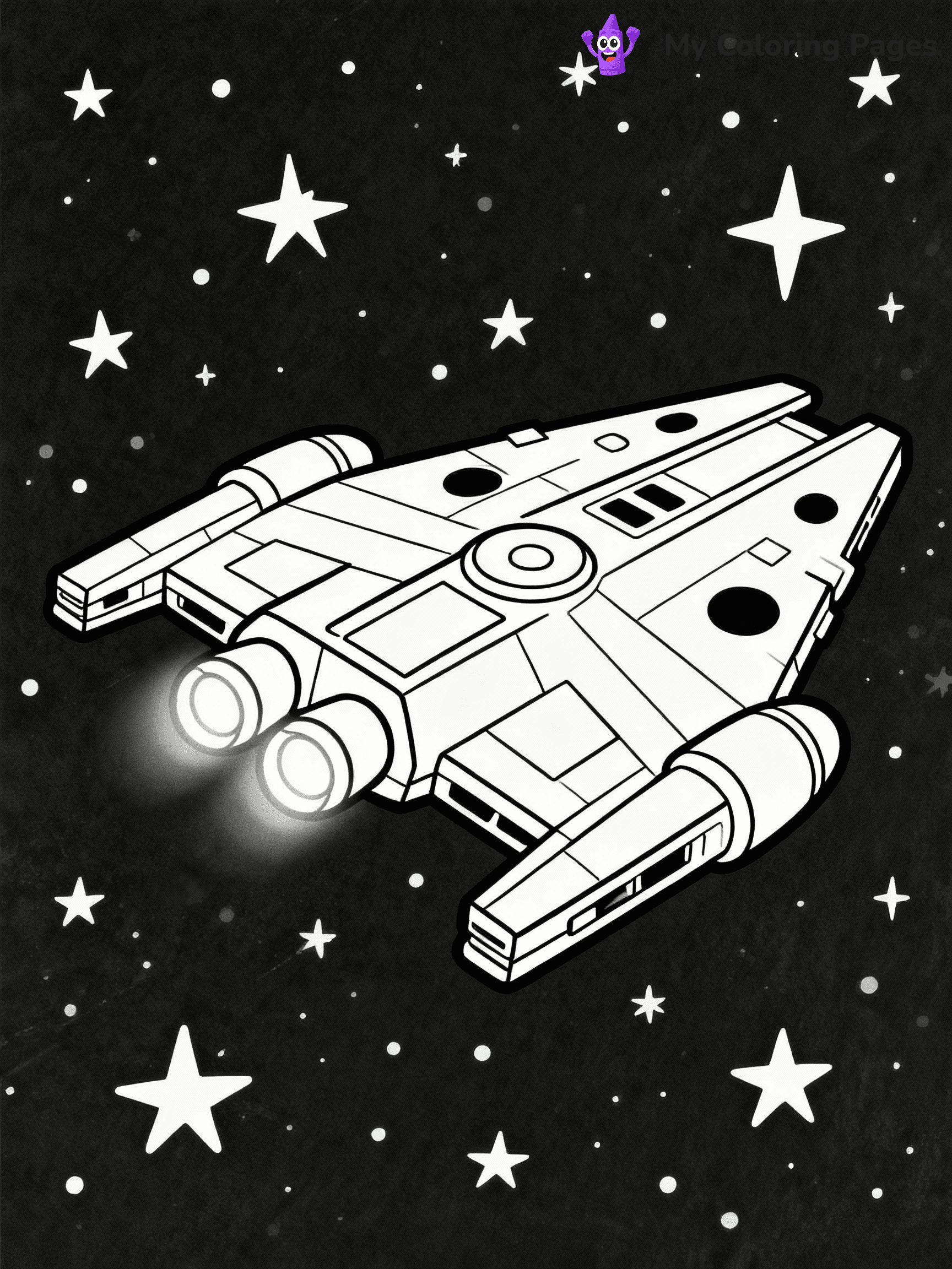 ⚠️ CRITICAL REQUIREMENT - ABSOLUTE BLACK AND WHITE ONLY ⚠️
This MUST be a BLACK AND WHITE line drawing ONLY. NO COLORS whatsoever.
- ONLY pure black lines (#000000) on pure white background (#FFFFFF)
- ABSOLUTELY NO colors, NO shading, NO gradients, NO grayscale
- If there are ANY colors in the output, the image is REJECTED
- This is a COLORING PAGE - meant to be COLORED IN by children
- The output must be UNCOLORED line art ready for coloring
⚠️ SUBJECT TO DRAW: Millennium Falcon from Star Wars in sci-fi outline style, flying through space, engines glowing
(REMEMBER: Output must be BLACK AND WHITE line art only, NOT colored!)
# COLORING PAGE: BLACK OUTLINES ONLY - WHITE BACKGROUND MANDATORY
Create a **coloring book page** using EXACTLY two values: black lines, white space.
## NON-NEGOTIABLE BINARY RULES
- **ONLY #000000 (black) and #FFFFFF (white)** - NO other values exist
- **EVERY PIXEL = BLACK OR WHITE** - no gray/shading/antialiasing
- **WHITE BACKGROUND MANDATORY** - entire canvas stays white
- **ALL SHAPES HOLLOW** - everything is empty outlines waiting to be colored
- **FORBIDDEN:** fills, shading, gradients, patterns, textures, colors
- **NO SOLID REGIONS** - if it's not a thin line, it's wrong
## Universal Line Standards
- Black outlines ONLY - thin, uniform weight
- Every shape completely empty inside
- Closed contours suitable for coloring
- Simple flat illustration - zero depth/3D/realism
- **Style:** Whimsical Doodle Art Alley - rounded, friendly outlines (unless specified)
## Everything = Outline Only
- Characters/animals: hollow shapes
- Objects/clothing: empty contours
- Backgrounds/scenery: line work only
- Natural elements: outlined forms
- Dark/night areas: don't exist (use outlined symbols)
- Textures/patterns: convert to simple lines
## The Test
Can a child color EVERY white space with crayons? If any area is pre-filled/shaded/gray or colored in, it FAILS. Every shape must be waiting to receive color.
**FINAL OUTPUT**: Binary coloring page. Black lines define shapes. White spaces ready for coloring. Nothing else exists. No exceptions. Print-ready.
⚠️ FINAL REMINDER: Draw the subject "Millennium Falcon from Star Wars in sci-fi outline style, flying through space, engines glowing" as BLACK AND WHITE line art. Zero colors in output.