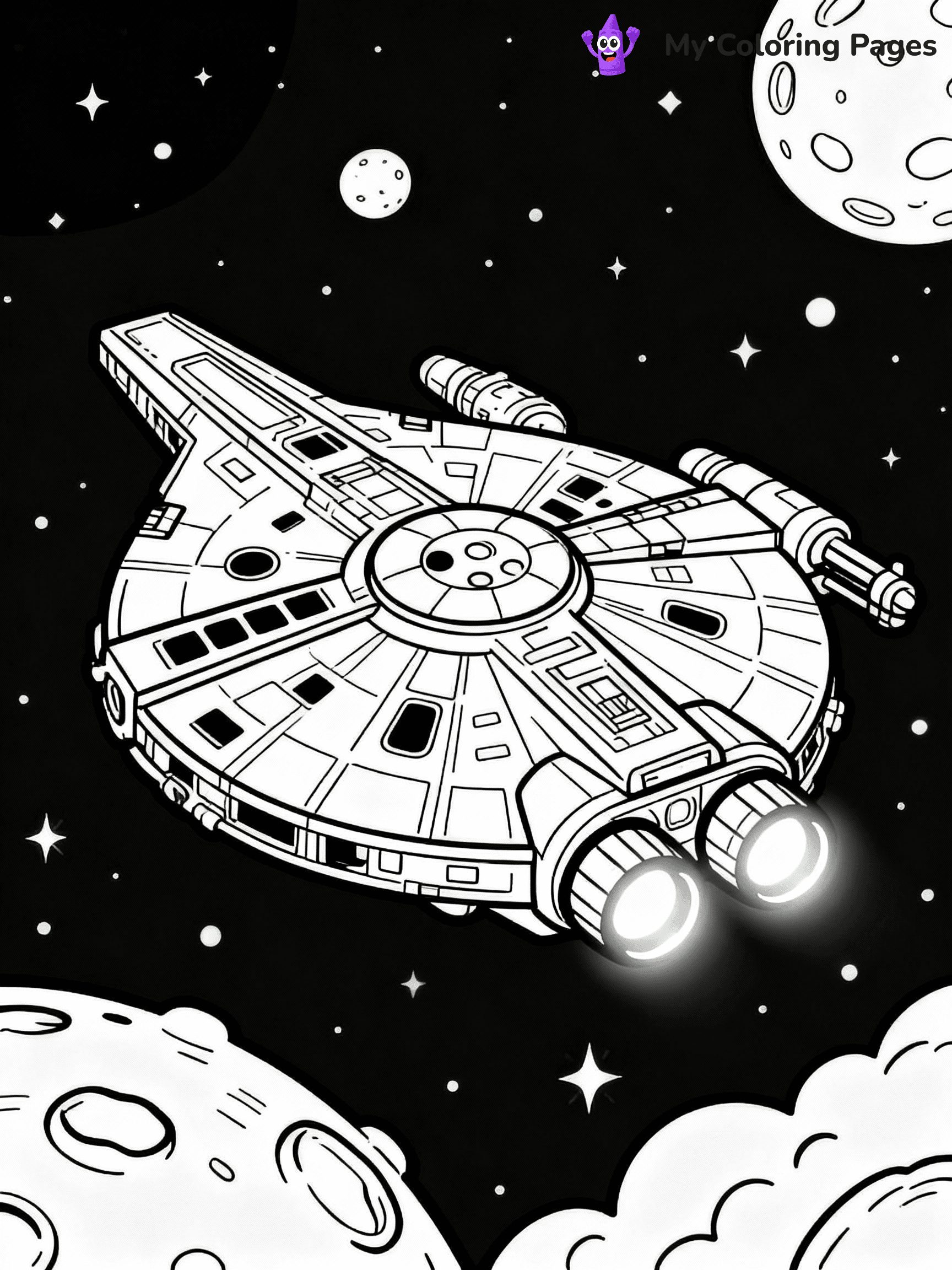 ⚠️ CRITICAL REQUIREMENT - ABSOLUTE BLACK AND WHITE ONLY ⚠️
This MUST be a BLACK AND WHITE line drawing ONLY. NO COLORS whatsoever.
- ONLY pure black lines (#000000) on pure white background (#FFFFFF)
- ABSOLUTELY NO colors, NO shading, NO gradients, NO grayscale
- If there are ANY colors in the output, the image is REJECTED
- This is a COLORING PAGE - meant to be COLORED IN by children
- The output must be UNCOLORED line art ready for coloring
⚠️ SUBJECT TO DRAW: Millennium Falcon from Star Wars in sci-fi outline style, flying through space, engines glowing
(REMEMBER: Output must be BLACK AND WHITE line art only, NOT colored!)
# COLORING PAGE: BLACK OUTLINES ONLY - WHITE BACKGROUND MANDATORY
Create a **coloring book page** using EXACTLY two values: black lines, white space.
## NON-NEGOTIABLE BINARY RULES
- **ONLY #000000 (black) and #FFFFFF (white)** - NO other values exist
- **EVERY PIXEL = BLACK OR WHITE** - no gray/shading/antialiasing
- **WHITE BACKGROUND MANDATORY** - entire canvas stays white
- **ALL SHAPES HOLLOW** - everything is empty outlines waiting to be colored
- **FORBIDDEN:** fills, shading, gradients, patterns, textures, colors
- **NO SOLID REGIONS** - if it's not a thin line, it's wrong
## Universal Line Standards
- Black outlines ONLY - thin, uniform weight
- Every shape completely empty inside
- Closed contours suitable for coloring
- Simple flat illustration - zero depth/3D/realism
- **Style:** Whimsical Doodle Art Alley - rounded, friendly outlines (unless specified)
## Everything = Outline Only
- Characters/animals: hollow shapes
- Objects/clothing: empty contours
- Backgrounds/scenery: line work only
- Natural elements: outlined forms
- Dark/night areas: don't exist (use outlined symbols)
- Textures/patterns: convert to simple lines
## The Test
Can a child color EVERY white space with crayons? If any area is pre-filled/shaded/gray or colored in, it FAILS. Every shape must be waiting to receive color.
**FINAL OUTPUT**: Binary coloring page. Black lines define shapes. White spaces ready for coloring. Nothing else exists. No exceptions. Print-ready.
⚠️ FINAL REMINDER: Draw the subject "Millennium Falcon from Star Wars in sci-fi outline style, flying through space, engines glowing" as BLACK AND WHITE line art. Zero colors in output.