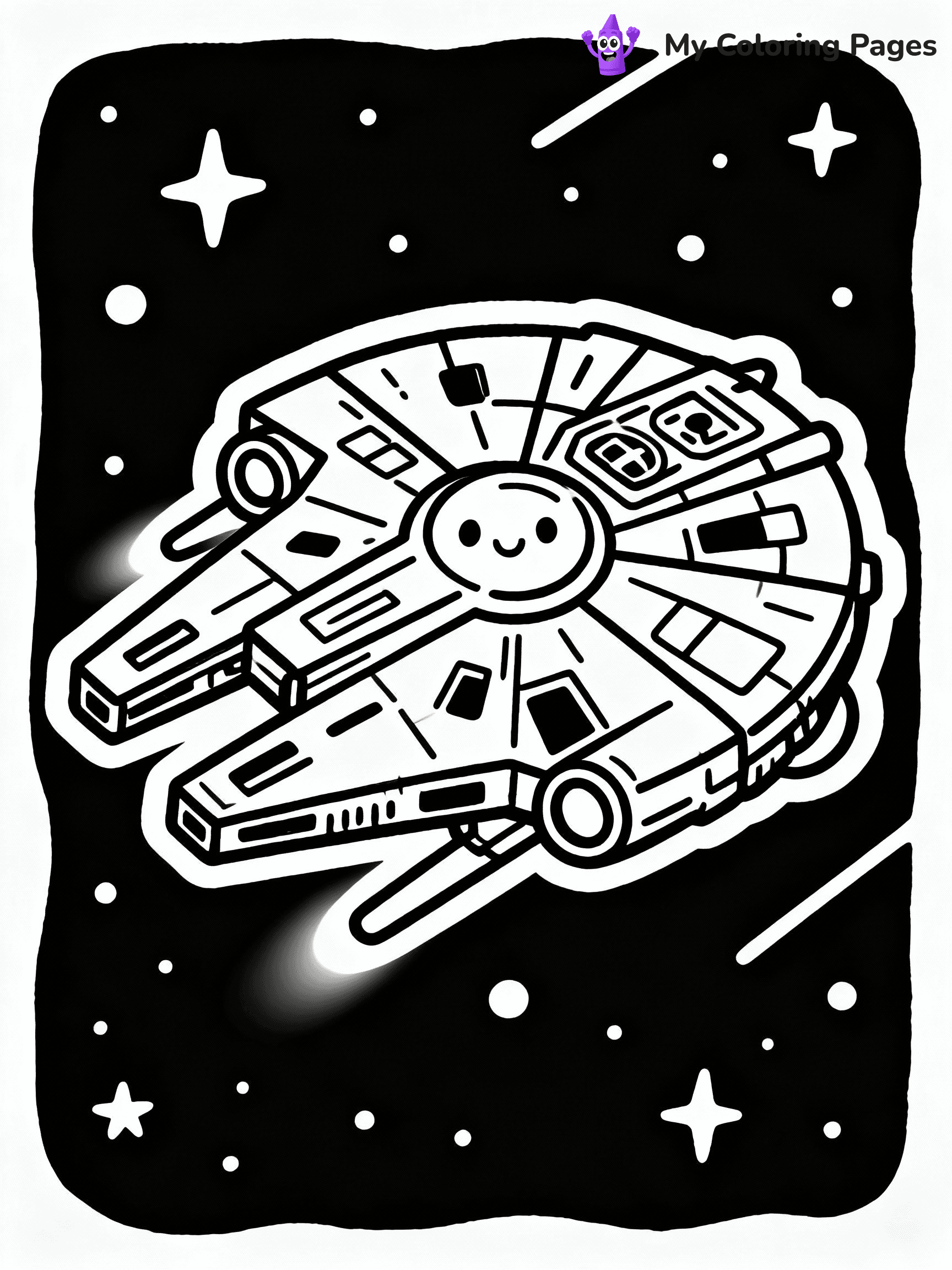 ⚠️ CRITICAL REQUIREMENT - ABSOLUTE BLACK AND WHITE ONLY ⚠️
This MUST be a BLACK AND WHITE line drawing ONLY. NO COLORS whatsoever.
- ONLY pure black lines (#000000) on pure white background (#FFFFFF)
- ABSOLUTELY NO colors, NO shading, NO gradients, NO grayscale
- If there are ANY colors in the output, the image is REJECTED
- This is a COLORING PAGE - meant to be COLORED IN by children
- The output must be UNCOLORED line art ready for coloring
⚠️ SUBJECT TO DRAW: Millennium Falcon from Star Wars in sci-fi outline style, flying through space, engines glowing
(REMEMBER: Output must be BLACK AND WHITE line art only, NOT colored!)
# COLORING PAGE: BLACK OUTLINES ONLY - WHITE BACKGROUND MANDATORY
Create a **coloring book page** using EXACTLY two values: black lines, white space.
## NON-NEGOTIABLE BINARY RULES
- **ONLY #000000 (black) and #FFFFFF (white)** - NO other values exist
- **EVERY PIXEL = BLACK OR WHITE** - no gray/shading/antialiasing
- **WHITE BACKGROUND MANDATORY** - entire canvas stays white
- **ALL SHAPES HOLLOW** - everything is empty outlines waiting to be colored
- **FORBIDDEN:** fills, shading, gradients, patterns, textures, colors
- **NO SOLID REGIONS** - if it's not a thin line, it's wrong
## Universal Line Standards
- Black outlines ONLY - thin, uniform weight
- Every shape completely empty inside
- Closed contours suitable for coloring
- Simple flat illustration - zero depth/3D/realism
- **Style:** Whimsical Doodle Art Alley - rounded, friendly outlines (unless specified)
## Everything = Outline Only
- Characters/animals: hollow shapes
- Objects/clothing: empty contours
- Backgrounds/scenery: line work only
- Natural elements: outlined forms
- Dark/night areas: don't exist (use outlined symbols)
- Textures/patterns: convert to simple lines
## The Test
Can a child color EVERY white space with crayons? If any area is pre-filled/shaded/gray or colored in, it FAILS. Every shape must be waiting to receive color.
**FINAL OUTPUT**: Binary coloring page. Black lines define shapes. White spaces ready for coloring. Nothing else exists. No exceptions. Print-ready.
⚠️ FINAL REMINDER: Draw the subject "Millennium Falcon from Star Wars in sci-fi outline style, flying through space, engines glowing" as BLACK AND WHITE line art. Zero colors in output.