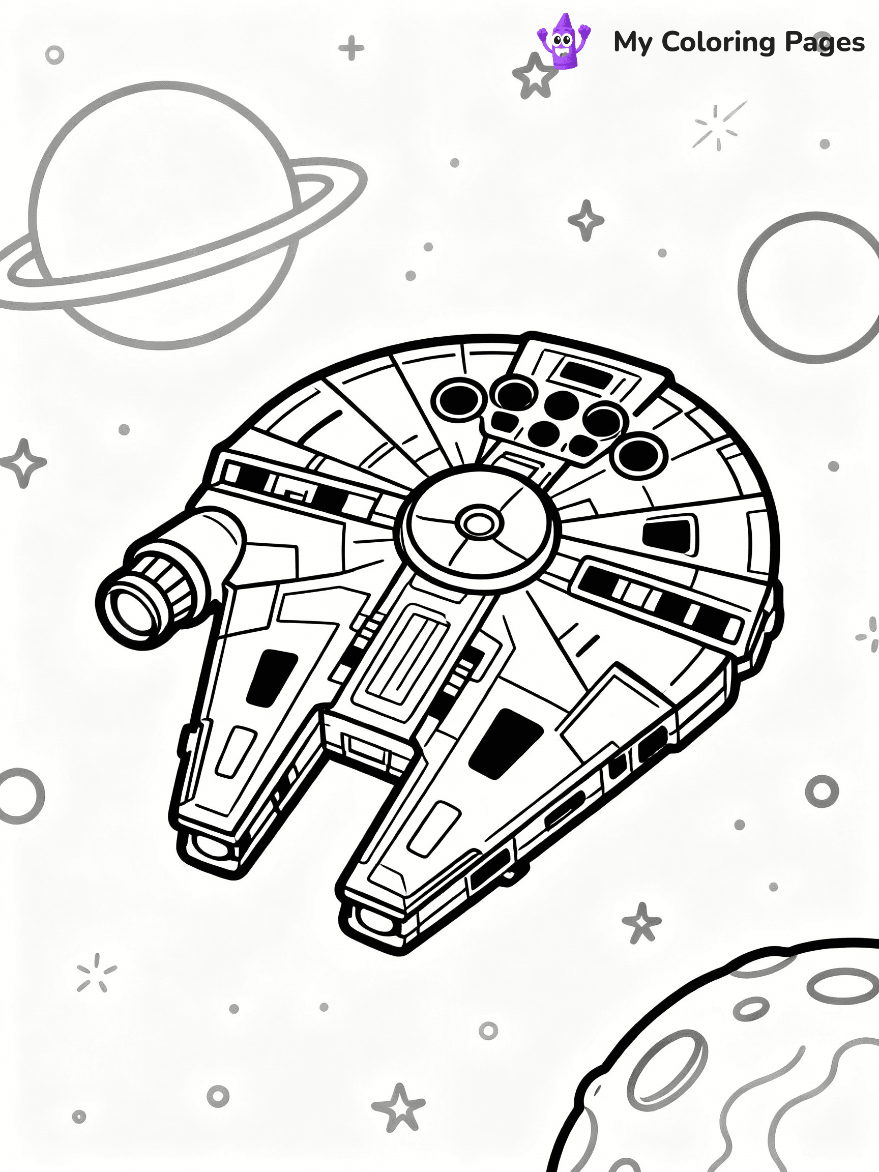 ⚠️ CRITICAL REQUIREMENT - ABSOLUTE BLACK AND WHITE ONLY ⚠️
This MUST be a BLACK AND WHITE line drawing ONLY. NO COLORS whatsoever.
- ONLY pure black lines (#000000) on pure white background (#FFFFFF)
- ABSOLUTELY NO colors, NO shading, NO gradients, NO grayscale
- If there are ANY colors in the output, the image is REJECTED
- This is a COLORING PAGE - meant to be COLORED IN by children
- The output must be UNCOLORED line art ready for coloring
⚠️ SUBJECT TO DRAW: Millennium Falcon from Star Wars in sci-fi outline style, flying through space, engines glowing
(REMEMBER: Output must be BLACK AND WHITE line art only, NOT colored!)
# COLORING PAGE: BLACK OUTLINES ONLY - WHITE BACKGROUND MANDATORY
Create a **coloring book page** using EXACTLY two values: black lines, white space.
## NON-NEGOTIABLE BINARY RULES
- **ONLY #000000 (black) and #FFFFFF (white)** - NO other values exist
- **EVERY PIXEL = BLACK OR WHITE** - no gray/shading/antialiasing
- **WHITE BACKGROUND MANDATORY** - entire canvas stays white
- **ALL SHAPES HOLLOW** - everything is empty outlines waiting to be colored
- **FORBIDDEN:** fills, shading, gradients, patterns, textures, colors
- **NO SOLID REGIONS** - if it's not a thin line, it's wrong
## Universal Line Standards
- Black outlines ONLY - thin, uniform weight
- Every shape completely empty inside
- Closed contours suitable for coloring
- Simple flat illustration - zero depth/3D/realism
- **Style:** Whimsical Doodle Art Alley - rounded, friendly outlines (unless specified)
## Everything = Outline Only
- Characters/animals: hollow shapes
- Objects/clothing: empty contours
- Backgrounds/scenery: line work only
- Natural elements: outlined forms
- Dark/night areas: don't exist (use outlined symbols)
- Textures/patterns: convert to simple lines
## The Test
Can a child color EVERY white space with crayons? If any area is pre-filled/shaded/gray or colored in, it FAILS. Every shape must be waiting to receive color.
**FINAL OUTPUT**: Binary coloring page. Black lines define shapes. White spaces ready for coloring. Nothing else exists. No exceptions. Print-ready.
⚠️ FINAL REMINDER: Draw the subject "Millennium Falcon from Star Wars in sci-fi outline style, flying through space, engines glowing" as BLACK AND WHITE line art. Zero colors in output.