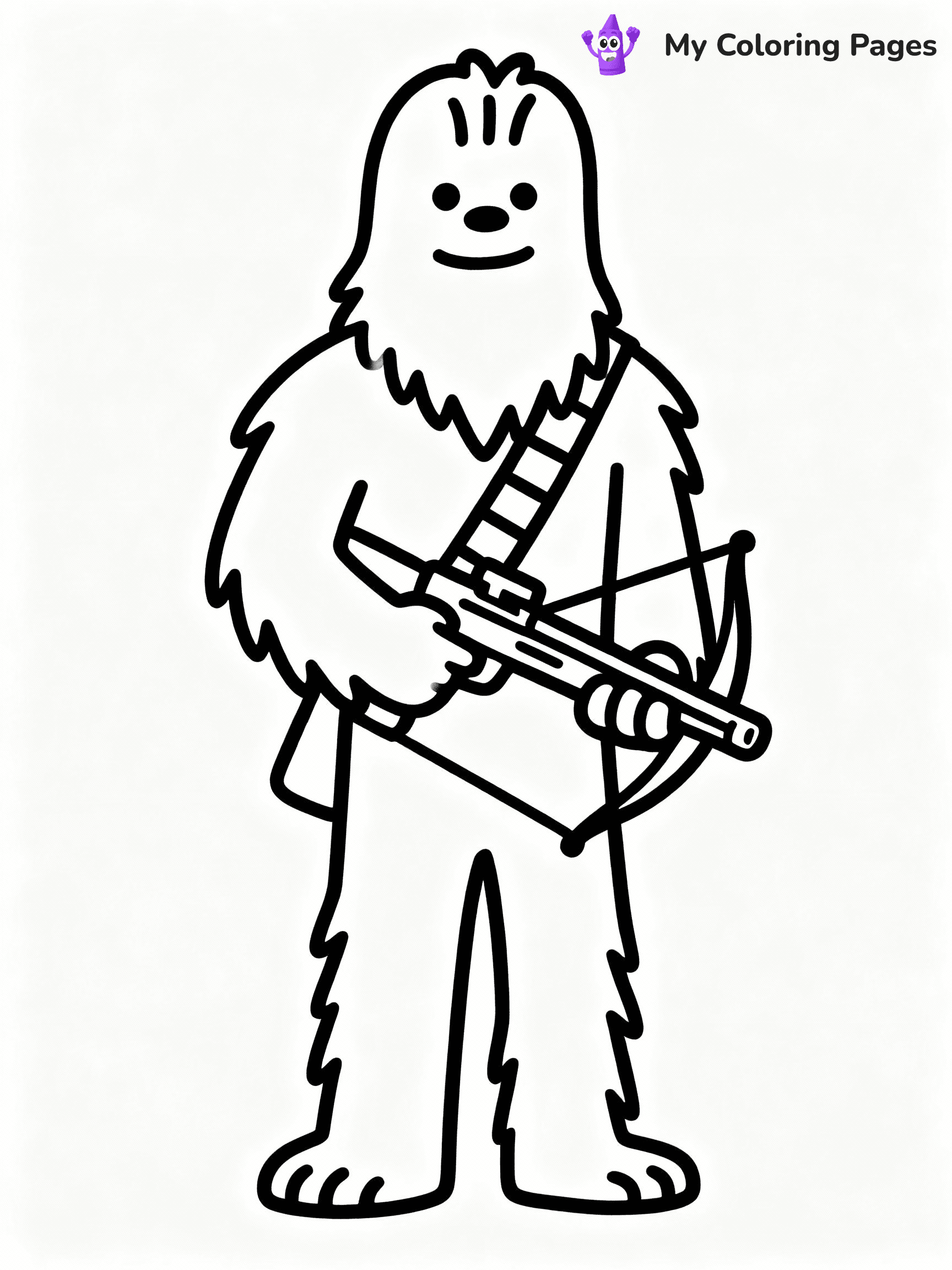 ⚠️ CRITICAL REQUIREMENT - ABSOLUTE BLACK AND WHITE ONLY ⚠️
This MUST be a BLACK AND WHITE line drawing ONLY. NO COLORS whatsoever.
- ONLY pure black lines (#000000) on pure white background (#FFFFFF)
- ABSOLUTELY NO colors, NO shading, NO gradients, NO grayscale
- If there are ANY colors in the output, the image is REJECTED
- This is a COLORING PAGE - meant to be COLORED IN by children
- The output must be UNCOLORED line art ready for coloring
⚠️ SUBJECT TO DRAW: Chewbacca from Star Wars in classic Star Wars style, holding bowcaster, fur detailed, standing tall
(REMEMBER: Output must be BLACK AND WHITE line art only, NOT colored!)
# COLORING PAGE: BLACK OUTLINES ONLY - WHITE BACKGROUND MANDATORY
Create a **coloring book page** using EXACTLY two values: black lines, white space.
## NON-NEGOTIABLE BINARY RULES
- **ONLY #000000 (black) and #FFFFFF (white)** - NO other values exist
- **EVERY PIXEL = BLACK OR WHITE** - no gray/shading/antialiasing
- **WHITE BACKGROUND MANDATORY** - entire canvas stays white
- **ALL SHAPES HOLLOW** - everything is empty outlines waiting to be colored
- **FORBIDDEN:** fills, shading, gradients, patterns, textures, colors
- **NO SOLID REGIONS** - if it's not a thin line, it's wrong
## Universal Line Standards
- Black outlines ONLY - thin, uniform weight
- Every shape completely empty inside
- Closed contours suitable for coloring
- Simple flat illustration - zero depth/3D/realism
- **Style:** Whimsical Doodle Art Alley - rounded, friendly outlines (unless specified)
## Everything = Outline Only
- Characters/animals: hollow shapes
- Objects/clothing: empty contours
- Backgrounds/scenery: line work only
- Natural elements: outlined forms
- Dark/night areas: don't exist (use outlined symbols)
- Textures/patterns: convert to simple lines
## The Test
Can a child color EVERY white space with crayons? If any area is pre-filled/shaded/gray or colored in, it FAILS. Every shape must be waiting to receive color.
**FINAL OUTPUT**: Binary coloring page. Black lines define shapes. White spaces ready for coloring. Nothing else exists. No exceptions. Print-ready.
⚠️ FINAL REMINDER: Draw the subject "Chewbacca from Star Wars in classic Star Wars style, holding bowcaster, fur detailed, standing tall" as BLACK AND WHITE line art. Zero colors in output.