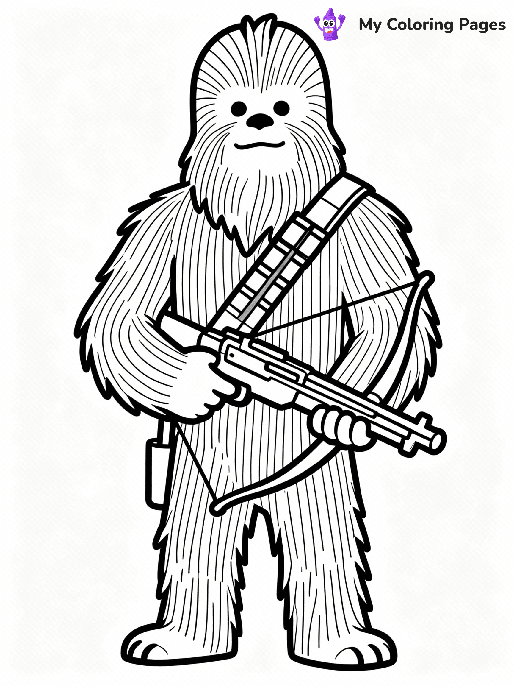 ⚠️ CRITICAL REQUIREMENT - ABSOLUTE BLACK AND WHITE ONLY ⚠️
This MUST be a BLACK AND WHITE line drawing ONLY. NO COLORS whatsoever.
- ONLY pure black lines (#000000) on pure white background (#FFFFFF)
- ABSOLUTELY NO colors, NO shading, NO gradients, NO grayscale
- If there are ANY colors in the output, the image is REJECTED
- This is a COLORING PAGE - meant to be COLORED IN by children
- The output must be UNCOLORED line art ready for coloring
⚠️ SUBJECT TO DRAW: Chewbacca from Star Wars in classic Star Wars style, holding bowcaster, fur detailed, standing tall
(REMEMBER: Output must be BLACK AND WHITE line art only, NOT colored!)
# COLORING PAGE: BLACK OUTLINES ONLY - WHITE BACKGROUND MANDATORY
Create a **coloring book page** using EXACTLY two values: black lines, white space.
## NON-NEGOTIABLE BINARY RULES
- **ONLY #000000 (black) and #FFFFFF (white)** - NO other values exist
- **EVERY PIXEL = BLACK OR WHITE** - no gray/shading/antialiasing
- **WHITE BACKGROUND MANDATORY** - entire canvas stays white
- **ALL SHAPES HOLLOW** - everything is empty outlines waiting to be colored
- **FORBIDDEN:** fills, shading, gradients, patterns, textures, colors
- **NO SOLID REGIONS** - if it's not a thin line, it's wrong
## Universal Line Standards
- Black outlines ONLY - thin, uniform weight
- Every shape completely empty inside
- Closed contours suitable for coloring
- Simple flat illustration - zero depth/3D/realism
- **Style:** Whimsical Doodle Art Alley - rounded, friendly outlines (unless specified)
## Everything = Outline Only
- Characters/animals: hollow shapes
- Objects/clothing: empty contours
- Backgrounds/scenery: line work only
- Natural elements: outlined forms
- Dark/night areas: don't exist (use outlined symbols)
- Textures/patterns: convert to simple lines
## The Test
Can a child color EVERY white space with crayons? If any area is pre-filled/shaded/gray or colored in, it FAILS. Every shape must be waiting to receive color.
**FINAL OUTPUT**: Binary coloring page. Black lines define shapes. White spaces ready for coloring. Nothing else exists. No exceptions. Print-ready.
⚠️ FINAL REMINDER: Draw the subject "Chewbacca from Star Wars in classic Star Wars style, holding bowcaster, fur detailed, standing tall" as BLACK AND WHITE line art. Zero colors in output.