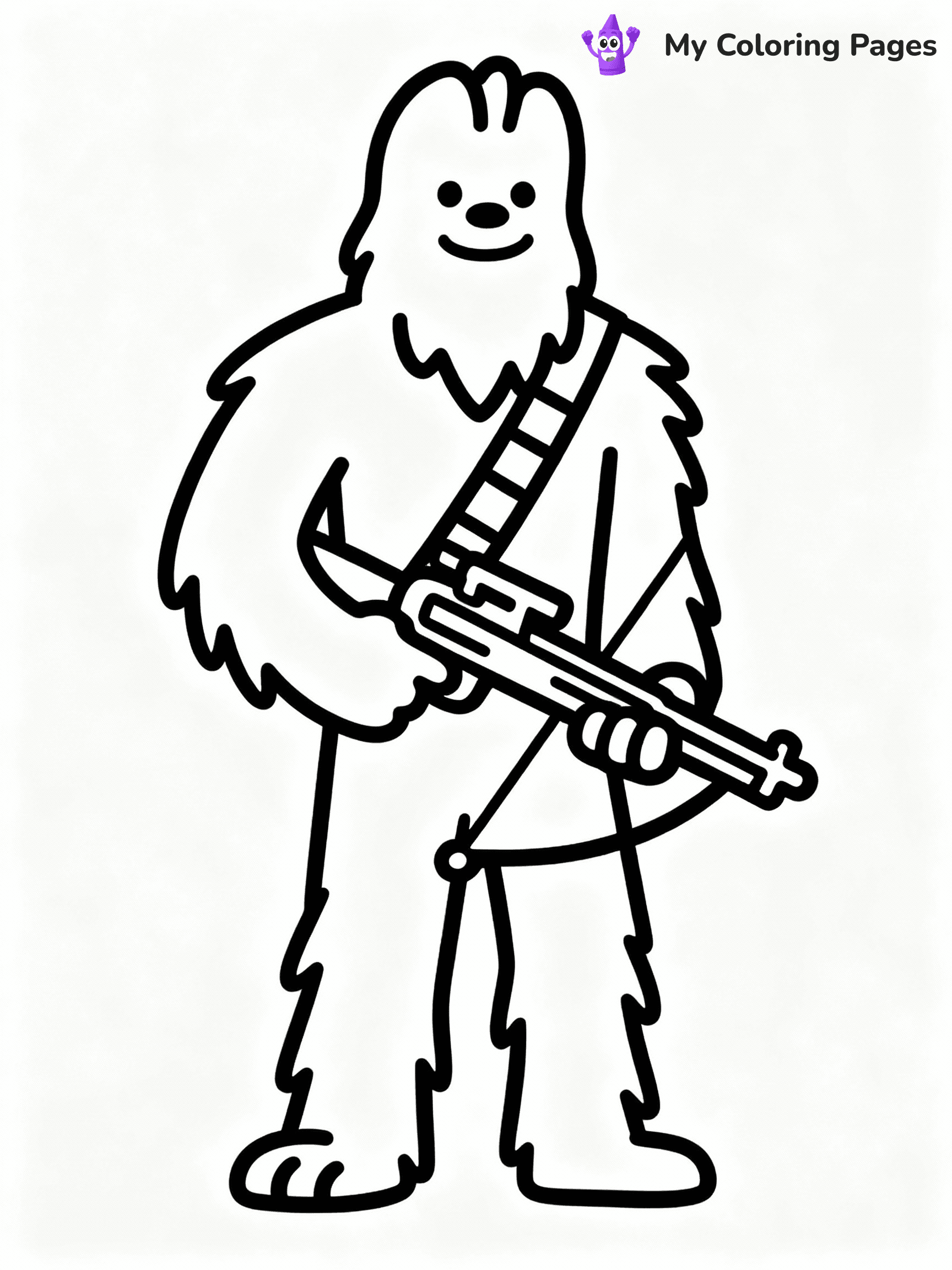 ⚠️ CRITICAL REQUIREMENT - ABSOLUTE BLACK AND WHITE ONLY ⚠️
This MUST be a BLACK AND WHITE line drawing ONLY. NO COLORS whatsoever.
- ONLY pure black lines (#000000) on pure white background (#FFFFFF)
- ABSOLUTELY NO colors, NO shading, NO gradients, NO grayscale
- If there are ANY colors in the output, the image is REJECTED
- This is a COLORING PAGE - meant to be COLORED IN by children
- The output must be UNCOLORED line art ready for coloring
⚠️ SUBJECT TO DRAW: Chewbacca from Star Wars in classic Star Wars style, holding bowcaster, fur detailed, standing tall
(REMEMBER: Output must be BLACK AND WHITE line art only, NOT colored!)
# COLORING PAGE: BLACK OUTLINES ONLY - WHITE BACKGROUND MANDATORY
Create a **coloring book page** using EXACTLY two values: black lines, white space.
## NON-NEGOTIABLE BINARY RULES
- **ONLY #000000 (black) and #FFFFFF (white)** - NO other values exist
- **EVERY PIXEL = BLACK OR WHITE** - no gray/shading/antialiasing
- **WHITE BACKGROUND MANDATORY** - entire canvas stays white
- **ALL SHAPES HOLLOW** - everything is empty outlines waiting to be colored
- **FORBIDDEN:** fills, shading, gradients, patterns, textures, colors
- **NO SOLID REGIONS** - if it's not a thin line, it's wrong
## Universal Line Standards
- Black outlines ONLY - thin, uniform weight
- Every shape completely empty inside
- Closed contours suitable for coloring
- Simple flat illustration - zero depth/3D/realism
- **Style:** Whimsical Doodle Art Alley - rounded, friendly outlines (unless specified)
## Everything = Outline Only
- Characters/animals: hollow shapes
- Objects/clothing: empty contours
- Backgrounds/scenery: line work only
- Natural elements: outlined forms
- Dark/night areas: don't exist (use outlined symbols)
- Textures/patterns: convert to simple lines
## The Test
Can a child color EVERY white space with crayons? If any area is pre-filled/shaded/gray or colored in, it FAILS. Every shape must be waiting to receive color.
**FINAL OUTPUT**: Binary coloring page. Black lines define shapes. White spaces ready for coloring. Nothing else exists. No exceptions. Print-ready.
⚠️ FINAL REMINDER: Draw the subject "Chewbacca from Star Wars in classic Star Wars style, holding bowcaster, fur detailed, standing tall" as BLACK AND WHITE line art. Zero colors in output.