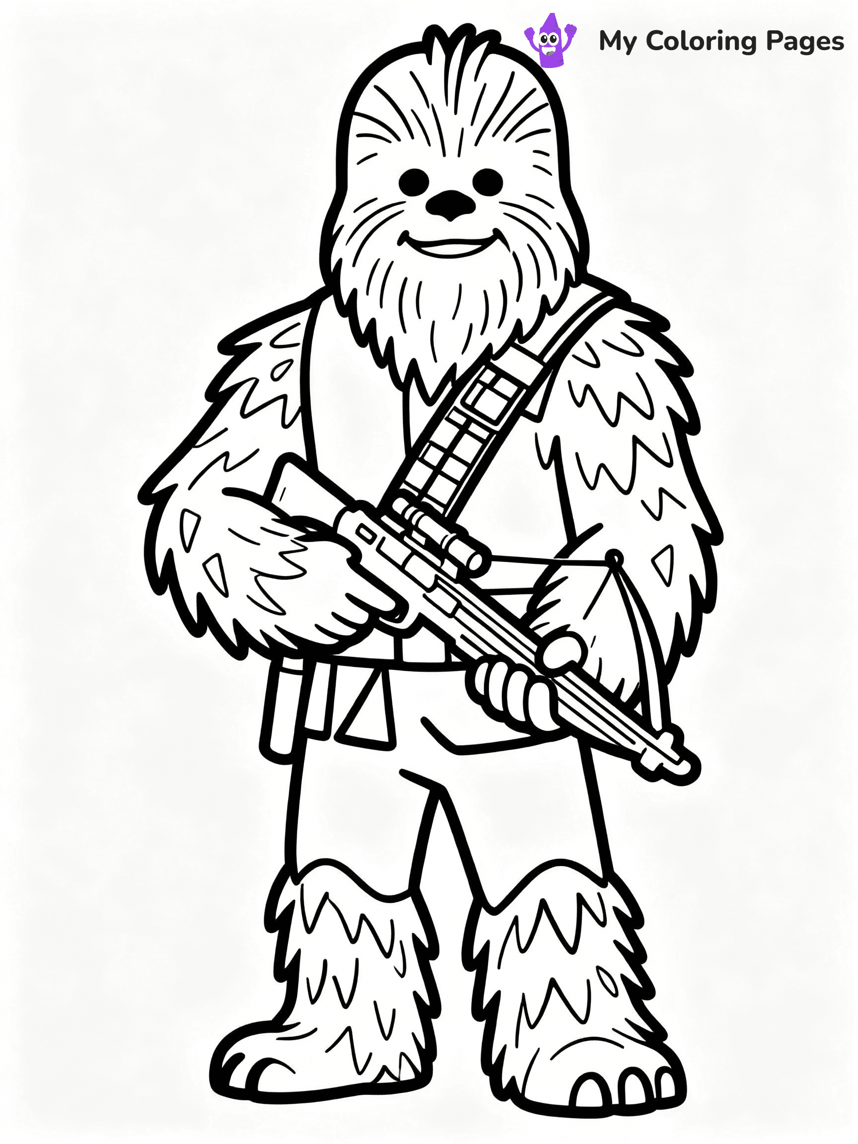 ⚠️ CRITICAL REQUIREMENT - ABSOLUTE BLACK AND WHITE ONLY ⚠️
This MUST be a BLACK AND WHITE line drawing ONLY. NO COLORS whatsoever.
- ONLY pure black lines (#000000) on pure white background (#FFFFFF)
- ABSOLUTELY NO colors, NO shading, NO gradients, NO grayscale
- If there are ANY colors in the output, the image is REJECTED
- This is a COLORING PAGE - meant to be COLORED IN by children
- The output must be UNCOLORED line art ready for coloring
⚠️ SUBJECT TO DRAW: Chewbacca from Star Wars in classic Star Wars style, holding bowcaster, fur detailed, standing tall
(REMEMBER: Output must be BLACK AND WHITE line art only, NOT colored!)
# COLORING PAGE: BLACK OUTLINES ONLY - WHITE BACKGROUND MANDATORY
Create a **coloring book page** using EXACTLY two values: black lines, white space.
## NON-NEGOTIABLE BINARY RULES
- **ONLY #000000 (black) and #FFFFFF (white)** - NO other values exist
- **EVERY PIXEL = BLACK OR WHITE** - no gray/shading/antialiasing
- **WHITE BACKGROUND MANDATORY** - entire canvas stays white
- **ALL SHAPES HOLLOW** - everything is empty outlines waiting to be colored
- **FORBIDDEN:** fills, shading, gradients, patterns, textures, colors
- **NO SOLID REGIONS** - if it's not a thin line, it's wrong
## Universal Line Standards
- Black outlines ONLY - thin, uniform weight
- Every shape completely empty inside
- Closed contours suitable for coloring
- Simple flat illustration - zero depth/3D/realism
- **Style:** Whimsical Doodle Art Alley - rounded, friendly outlines (unless specified)
## Everything = Outline Only
- Characters/animals: hollow shapes
- Objects/clothing: empty contours
- Backgrounds/scenery: line work only
- Natural elements: outlined forms
- Dark/night areas: don't exist (use outlined symbols)
- Textures/patterns: convert to simple lines
## The Test
Can a child color EVERY white space with crayons? If any area is pre-filled/shaded/gray or colored in, it FAILS. Every shape must be waiting to receive color.
**FINAL OUTPUT**: Binary coloring page. Black lines define shapes. White spaces ready for coloring. Nothing else exists. No exceptions. Print-ready.
⚠️ FINAL REMINDER: Draw the subject "Chewbacca from Star Wars in classic Star Wars style, holding bowcaster, fur detailed, standing tall" as BLACK AND WHITE line art. Zero colors in output.