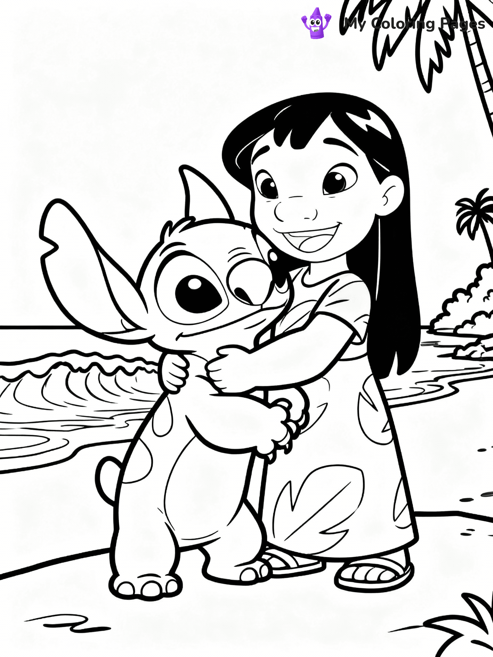 ⚠️ CRITICAL REQUIREMENT - ABSOLUTE BLACK AND WHITE ONLY ⚠️
This MUST be a BLACK AND WHITE line drawing ONLY. NO COLORS whatsoever.
- ONLY pure black lines (#000000) on pure white background (#FFFFFF)
- ABSOLUTELY NO colors, NO shading, NO gradients, NO grayscale
- If there are ANY colors in the output, the image is REJECTED
- This is a COLORING PAGE - meant to be COLORED IN by children
- The output must be UNCOLORED line art ready for coloring
⚠️ SUBJECT TO DRAW: Lilo from Lilo & Stitch hugging her dog Stitch. PURE OUTLINES. NO BLACK FILLS. SHADING FORBIDDEN. WHITE BACKGROUND.
(REMEMBER: Output must be BLACK AND WHITE line art only, NOT colored!)
# Flat, Friendly Cartoon Line-Art Coloring Page
You are generating a **pure black-and-white binary image** of a child-friendly cartoon scene combining characters and background scenery in one cohesive composition.
## Rendering Rules (Strict)
- Only two colors: pure black (#000000) outlines and pure white (#FFFFFF) background.
- No grayscale, shading, gradients, tints, fills, transparency, or partial pixels.
- No antialiasing or blended edges; every pixel is 100% black or white.
- No solid black fills inside shapes — all areas inside outlines must remain white.
- No dark clothing areas or filled tone blocks; all garments outlined only.
- No shadows, textures, lighting, or tonal variations.
- Must look like flat binary vector line-art for coloring pages.
- PURE BINARY LINE-ART; NO FILLS (HAIR/CLOTHES/SKIN), SHADING, OR GREY.
## Drawing & Composition
- **Medium, consistent line weight**; clean closed outlines easy to color inside.
- **Flat, simple, child-friendly design** — no realism or 3D depth.
- Characters are **grounded on a surface**, centered and large.
- **Balanced composition** with clear silhouettes and minimal props.
## Scenery & Style
- Landmarks (e.g., mosque, CN Tower) and scenery (trees, benches, waves) drawn with **black outlines only.**
- For real-world figures, teams, or places, show accurate details using only black outlines—no text or logos. Use distinctive uniform patterns, abstract symbols, and landmark silhouettes to convey identity.
- Keep **consistent perspective**; no floating elements.
- **Style:** whimsical **Doodle Art Alley** — rounded, friendly outlines.
- May adapt shapes from **Crayola, Disney, Peppa Pig, Cocomelon** — *by shape only, never color.*
- Final output: **flat, crisp, binary (#000000/#FFFFFF)**, **no filled color or background text.**
⚠️ FINAL REMINDER: Draw the subject "Lilo from Lilo & Stitch hugging her dog Stitch. PURE OUTLINES. NO BLACK FILLS. SHADING FORBIDDEN. WHITE BACKGROUND." as BLACK AND WHITE line art. Zero colors in output.