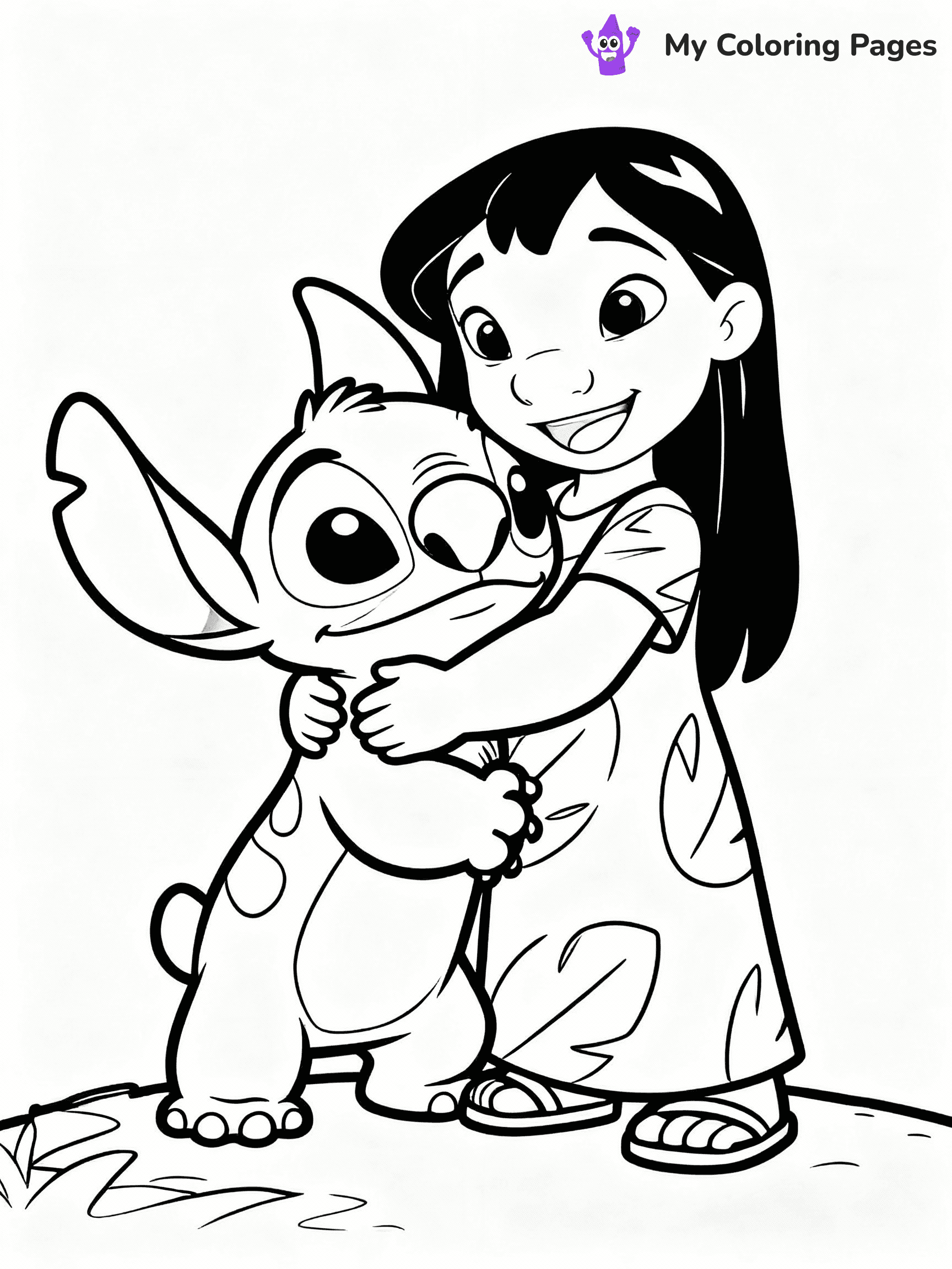 ⚠️ CRITICAL REQUIREMENT - ABSOLUTE BLACK AND WHITE ONLY ⚠️
This MUST be a BLACK AND WHITE line drawing ONLY. NO COLORS whatsoever.
- ONLY pure black lines (#000000) on pure white background (#FFFFFF)
- ABSOLUTELY NO colors, NO shading, NO gradients, NO grayscale
- If there are ANY colors in the output, the image is REJECTED
- This is a COLORING PAGE - meant to be COLORED IN by children
- The output must be UNCOLORED line art ready for coloring
⚠️ SUBJECT TO DRAW: Lilo from Lilo & Stitch hugging her dog Stitch. PURE OUTLINES. NO BLACK FILLS. SHADING FORBIDDEN. WHITE BACKGROUND.
(REMEMBER: Output must be BLACK AND WHITE line art only, NOT colored!)
# Flat, Friendly Cartoon Line-Art Coloring Page
You are generating a **pure black-and-white binary image** of a child-friendly cartoon scene combining characters and background scenery in one cohesive composition.
## Rendering Rules (Strict)
- Only two colors: pure black (#000000) outlines and pure white (#FFFFFF) background.
- No grayscale, shading, gradients, tints, fills, transparency, or partial pixels.
- No antialiasing or blended edges; every pixel is 100% black or white.
- No solid black fills inside shapes — all areas inside outlines must remain white.
- No dark clothing areas or filled tone blocks; all garments outlined only.
- No shadows, textures, lighting, or tonal variations.
- Must look like flat binary vector line-art for coloring pages.
- PURE BINARY LINE-ART; NO FILLS (HAIR/CLOTHES/SKIN), SHADING, OR GREY.
## Drawing & Composition
- **Medium, consistent line weight**; clean closed outlines easy to color inside.
- **Flat, simple, child-friendly design** — no realism or 3D depth.
- Characters are **grounded on a surface**, centered and large.
- **Balanced composition** with clear silhouettes and minimal props.
## Scenery & Style
- Landmarks (e.g., mosque, CN Tower) and scenery (trees, benches, waves) drawn with **black outlines only.**
- For real-world figures, teams, or places, show accurate details using only black outlines—no text or logos. Use distinctive uniform patterns, abstract symbols, and landmark silhouettes to convey identity.
- Keep **consistent perspective**; no floating elements.
- **Style:** whimsical **Doodle Art Alley** — rounded, friendly outlines.
- May adapt shapes from **Crayola, Disney, Peppa Pig, Cocomelon** — *by shape only, never color.*
- Final output: **flat, crisp, binary (#000000/#FFFFFF)**, **no filled color or background text.**
⚠️ FINAL REMINDER: Draw the subject "Lilo from Lilo & Stitch hugging her dog Stitch. PURE OUTLINES. NO BLACK FILLS. SHADING FORBIDDEN. WHITE BACKGROUND." as BLACK AND WHITE line art. Zero colors in output.