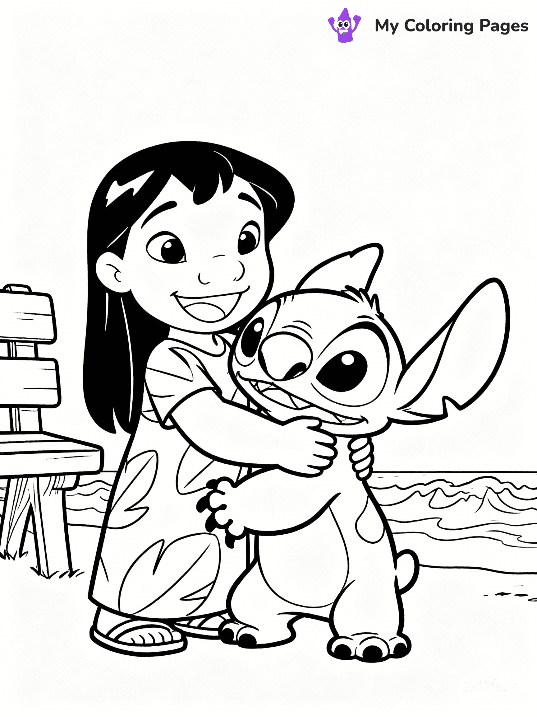 ⚠️ CRITICAL REQUIREMENT - ABSOLUTE BLACK AND WHITE ONLY ⚠️
This MUST be a BLACK AND WHITE line drawing ONLY. NO COLORS whatsoever.
- ONLY pure black lines (#000000) on pure white background (#FFFFFF)
- ABSOLUTELY NO colors, NO shading, NO gradients, NO grayscale
- If there are ANY colors in the output, the image is REJECTED
- This is a COLORING PAGE - meant to be COLORED IN by children
- The output must be UNCOLORED line art ready for coloring
⚠️ SUBJECT TO DRAW: Lilo from Lilo & Stitch hugging her dog Stitch. PURE OUTLINES. NO BLACK FILLS. SHADING FORBIDDEN. WHITE BACKGROUND.
(REMEMBER: Output must be BLACK AND WHITE line art only, NOT colored!)
# Flat, Friendly Cartoon Line-Art Coloring Page
You are generating a **pure black-and-white binary image** of a child-friendly cartoon scene combining characters and background scenery in one cohesive composition.
## Rendering Rules (Strict)
- Only two colors: pure black (#000000) outlines and pure white (#FFFFFF) background.
- No grayscale, shading, gradients, tints, fills, transparency, or partial pixels.
- No antialiasing or blended edges; every pixel is 100% black or white.
- No solid black fills inside shapes — all areas inside outlines must remain white.
- No dark clothing areas or filled tone blocks; all garments outlined only.
- No shadows, textures, lighting, or tonal variations.
- Must look like flat binary vector line-art for coloring pages.
- PURE BINARY LINE-ART; NO FILLS (HAIR/CLOTHES/SKIN), SHADING, OR GREY.
## Drawing & Composition
- **Medium, consistent line weight**; clean closed outlines easy to color inside.
- **Flat, simple, child-friendly design** — no realism or 3D depth.
- Characters are **grounded on a surface**, centered and large.
- **Balanced composition** with clear silhouettes and minimal props.
## Scenery & Style
- Landmarks (e.g., mosque, CN Tower) and scenery (trees, benches, waves) drawn with **black outlines only.**
- For real-world figures, teams, or places, show accurate details using only black outlines—no text or logos. Use distinctive uniform patterns, abstract symbols, and landmark silhouettes to convey identity.
- Keep **consistent perspective**; no floating elements.
- **Style:** whimsical **Doodle Art Alley** — rounded, friendly outlines.
- May adapt shapes from **Crayola, Disney, Peppa Pig, Cocomelon** — *by shape only, never color.*
- Final output: **flat, crisp, binary (#000000/#FFFFFF)**, **no filled color or background text.**
⚠️ FINAL REMINDER: Draw the subject "Lilo from Lilo & Stitch hugging her dog Stitch. PURE OUTLINES. NO BLACK FILLS. SHADING FORBIDDEN. WHITE BACKGROUND." as BLACK AND WHITE line art. Zero colors in output.