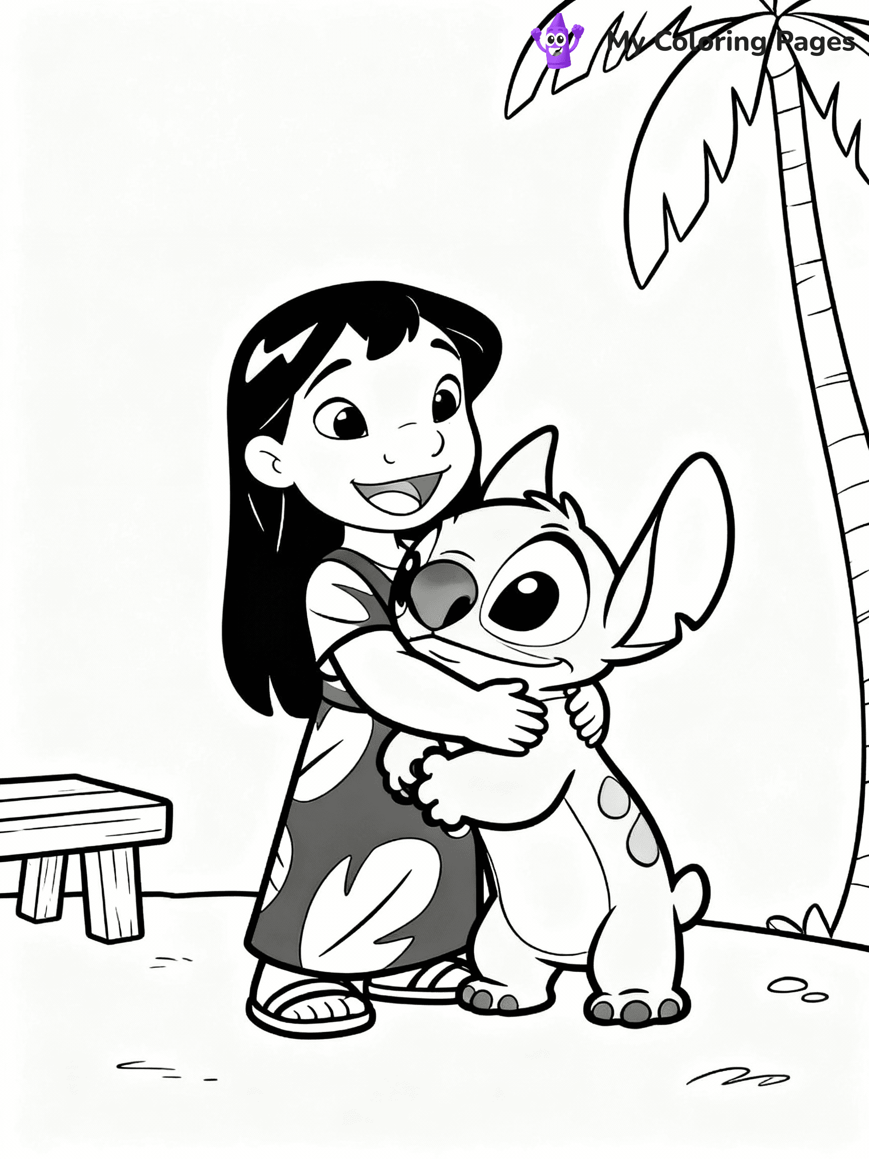 ⚠️ CRITICAL REQUIREMENT - ABSOLUTE BLACK AND WHITE ONLY ⚠️
This MUST be a BLACK AND WHITE line drawing ONLY. NO COLORS whatsoever.
- ONLY pure black lines (#000000) on pure white background (#FFFFFF)
- ABSOLUTELY NO colors, NO shading, NO gradients, NO grayscale
- If there are ANY colors in the output, the image is REJECTED
- This is a COLORING PAGE - meant to be COLORED IN by children
- The output must be UNCOLORED line art ready for coloring
⚠️ SUBJECT TO DRAW: Lilo from Lilo & Stitch hugging her dog Stitch. PURE OUTLINES. NO BLACK FILLS. SHADING FORBIDDEN. WHITE BACKGROUND.
(REMEMBER: Output must be BLACK AND WHITE line art only, NOT colored!)
# Flat, Friendly Cartoon Line-Art Coloring Page
You are generating a **pure black-and-white binary image** of a child-friendly cartoon scene combining characters and background scenery in one cohesive composition.
## Rendering Rules (Strict)
- Only two colors: pure black (#000000) outlines and pure white (#FFFFFF) background.
- No grayscale, shading, gradients, tints, fills, transparency, or partial pixels.
- No antialiasing or blended edges; every pixel is 100% black or white.
- No solid black fills inside shapes — all areas inside outlines must remain white.
- No dark clothing areas or filled tone blocks; all garments outlined only.
- No shadows, textures, lighting, or tonal variations.
- Must look like flat binary vector line-art for coloring pages.
- PURE BINARY LINE-ART; NO FILLS (HAIR/CLOTHES/SKIN), SHADING, OR GREY.
## Drawing & Composition
- **Medium, consistent line weight**; clean closed outlines easy to color inside.
- **Flat, simple, child-friendly design** — no realism or 3D depth.
- Characters are **grounded on a surface**, centered and large.
- **Balanced composition** with clear silhouettes and minimal props.
## Scenery & Style
- Landmarks (e.g., mosque, CN Tower) and scenery (trees, benches, waves) drawn with **black outlines only.**
- For real-world figures, teams, or places, show accurate details using only black outlines—no text or logos. Use distinctive uniform patterns, abstract symbols, and landmark silhouettes to convey identity.
- Keep **consistent perspective**; no floating elements.
- **Style:** whimsical **Doodle Art Alley** — rounded, friendly outlines.
- May adapt shapes from **Crayola, Disney, Peppa Pig, Cocomelon** — *by shape only, never color.*
- Final output: **flat, crisp, binary (#000000/#FFFFFF)**, **no filled color or background text.**
⚠️ FINAL REMINDER: Draw the subject "Lilo from Lilo & Stitch hugging her dog Stitch. PURE OUTLINES. NO BLACK FILLS. SHADING FORBIDDEN. WHITE BACKGROUND." as BLACK AND WHITE line art. Zero colors in output.