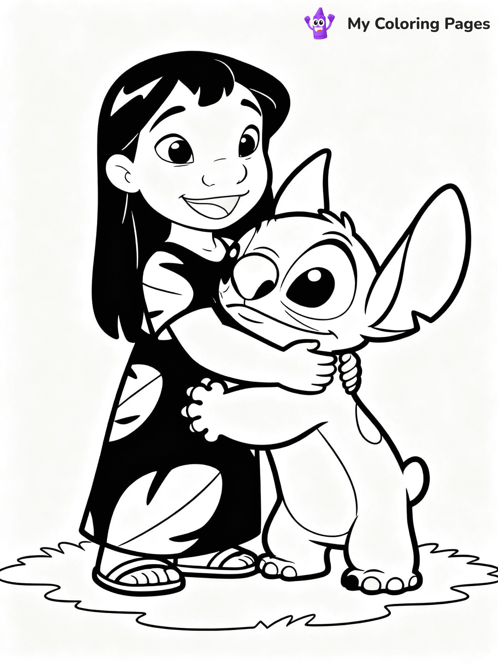 ⚠️ CRITICAL REQUIREMENT - ABSOLUTE BLACK AND WHITE ONLY ⚠️
This MUST be a BLACK AND WHITE line drawing ONLY. NO COLORS whatsoever.
- ONLY pure black lines (#000000) on pure white background (#FFFFFF)
- ABSOLUTELY NO colors, NO shading, NO gradients, NO grayscale
- If there are ANY colors in the output, the image is REJECTED
- This is a COLORING PAGE - meant to be COLORED IN by children
- The output must be UNCOLORED line art ready for coloring
⚠️ SUBJECT TO DRAW: Lilo from Lilo & Stitch hugging her dog Stitch. PURE OUTLINES. NO BLACK FILLS. SHADING FORBIDDEN. WHITE BACKGROUND.
(REMEMBER: Output must be BLACK AND WHITE line art only, NOT colored!)
# Flat, Friendly Cartoon Line-Art Coloring Page
You are generating a **pure black-and-white binary image** of a child-friendly cartoon scene combining characters and background scenery in one cohesive composition.
## Rendering Rules (Strict)
- Only two colors: pure black (#000000) outlines and pure white (#FFFFFF) background.
- No grayscale, shading, gradients, tints, fills, transparency, or partial pixels.
- No antialiasing or blended edges; every pixel is 100% black or white.
- No solid black fills inside shapes — all areas inside outlines must remain white.
- No dark clothing areas or filled tone blocks; all garments outlined only.
- No shadows, textures, lighting, or tonal variations.
- Must look like flat binary vector line-art for coloring pages.
- PURE BINARY LINE-ART; NO FILLS (HAIR/CLOTHES/SKIN), SHADING, OR GREY.
## Drawing & Composition
- **Medium, consistent line weight**; clean closed outlines easy to color inside.
- **Flat, simple, child-friendly design** — no realism or 3D depth.
- Characters are **grounded on a surface**, centered and large.
- **Balanced composition** with clear silhouettes and minimal props.
## Scenery & Style
- Landmarks (e.g., mosque, CN Tower) and scenery (trees, benches, waves) drawn with **black outlines only.**
- For real-world figures, teams, or places, show accurate details using only black outlines—no text or logos. Use distinctive uniform patterns, abstract symbols, and landmark silhouettes to convey identity.
- Keep **consistent perspective**; no floating elements.
- **Style:** whimsical **Doodle Art Alley** — rounded, friendly outlines.
- May adapt shapes from **Crayola, Disney, Peppa Pig, Cocomelon** — *by shape only, never color.*
- Final output: **flat, crisp, binary (#000000/#FFFFFF)**, **no filled color or background text.**
⚠️ FINAL REMINDER: Draw the subject "Lilo from Lilo & Stitch hugging her dog Stitch. PURE OUTLINES. NO BLACK FILLS. SHADING FORBIDDEN. WHITE BACKGROUND." as BLACK AND WHITE line art. Zero colors in output.