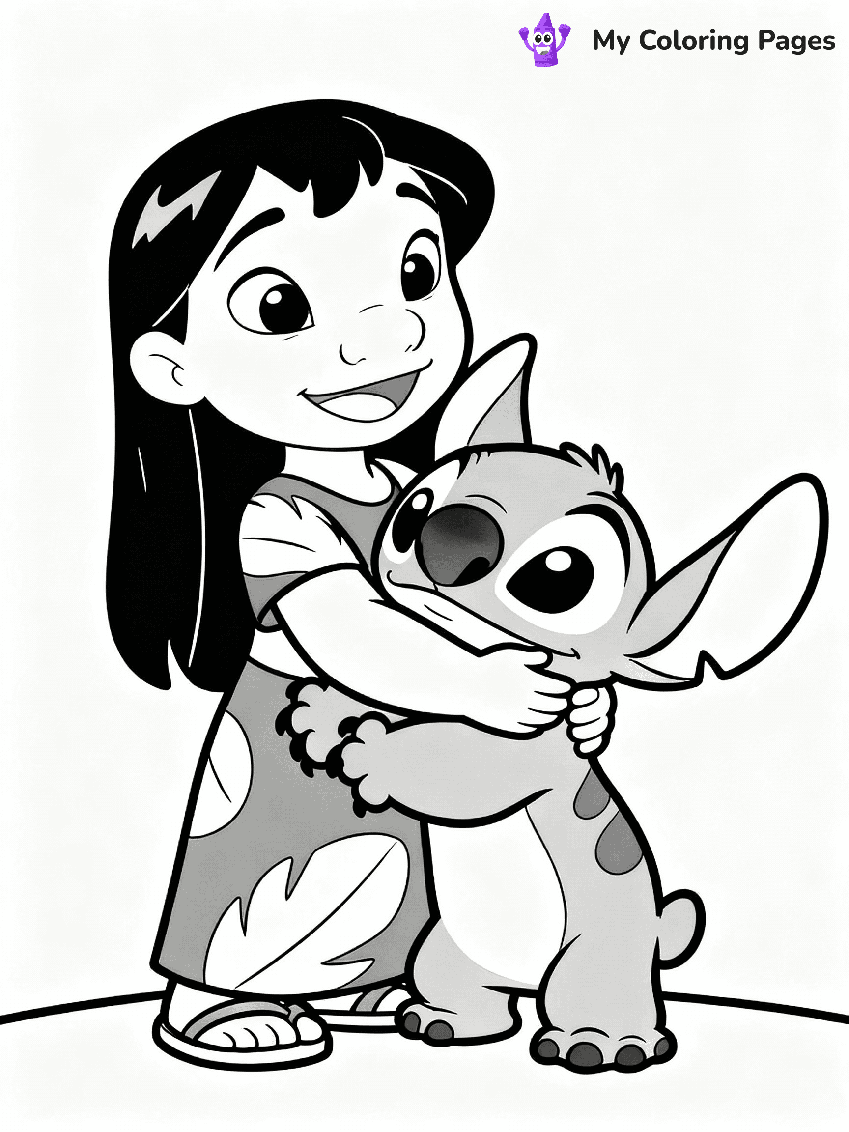 ⚠️ CRITICAL REQUIREMENT - ABSOLUTE BLACK AND WHITE ONLY ⚠️
This MUST be a BLACK AND WHITE line drawing ONLY. NO COLORS whatsoever.
- ONLY pure black lines (#000000) on pure white background (#FFFFFF)
- ABSOLUTELY NO colors, NO shading, NO gradients, NO grayscale
- If there are ANY colors in the output, the image is REJECTED
- This is a COLORING PAGE - meant to be COLORED IN by children
- The output must be UNCOLORED line art ready for coloring
⚠️ SUBJECT TO DRAW: Lilo from Lilo & Stitch hugging her dog Stitch. PURE OUTLINES. NO BLACK FILLS. SHADING FORBIDDEN. WHITE BACKGROUND.
(REMEMBER: Output must be BLACK AND WHITE line art only, NOT colored!)
# Flat, Friendly Cartoon Line-Art Coloring Page
You are generating a **pure black-and-white binary image** of a child-friendly cartoon scene combining characters and background scenery in one cohesive composition.
## Rendering Rules (Strict)
- Only two colors: pure black (#000000) outlines and pure white (#FFFFFF) background.
- No grayscale, shading, gradients, tints, fills, transparency, or partial pixels.
- No antialiasing or blended edges; every pixel is 100% black or white.
- No solid black fills inside shapes — all areas inside outlines must remain white.
- No dark clothing areas or filled tone blocks; all garments outlined only.
- No shadows, textures, lighting, or tonal variations.
- Must look like flat binary vector line-art for coloring pages.
- PURE BINARY LINE-ART; NO FILLS (HAIR/CLOTHES/SKIN), SHADING, OR GREY.
## Drawing & Composition
- **Medium, consistent line weight**; clean closed outlines easy to color inside.
- **Flat, simple, child-friendly design** — no realism or 3D depth.
- Characters are **grounded on a surface**, centered and large.
- **Balanced composition** with clear silhouettes and minimal props.
## Scenery & Style
- Landmarks (e.g., mosque, CN Tower) and scenery (trees, benches, waves) drawn with **black outlines only.**
- For real-world figures, teams, or places, show accurate details using only black outlines—no text or logos. Use distinctive uniform patterns, abstract symbols, and landmark silhouettes to convey identity.
- Keep **consistent perspective**; no floating elements.
- **Style:** whimsical **Doodle Art Alley** — rounded, friendly outlines.
- May adapt shapes from **Crayola, Disney, Peppa Pig, Cocomelon** — *by shape only, never color.*
- Final output: **flat, crisp, binary (#000000/#FFFFFF)**, **no filled color or background text.**
⚠️ FINAL REMINDER: Draw the subject "Lilo from Lilo & Stitch hugging her dog Stitch. PURE OUTLINES. NO BLACK FILLS. SHADING FORBIDDEN. WHITE BACKGROUND." as BLACK AND WHITE line art. Zero colors in output.