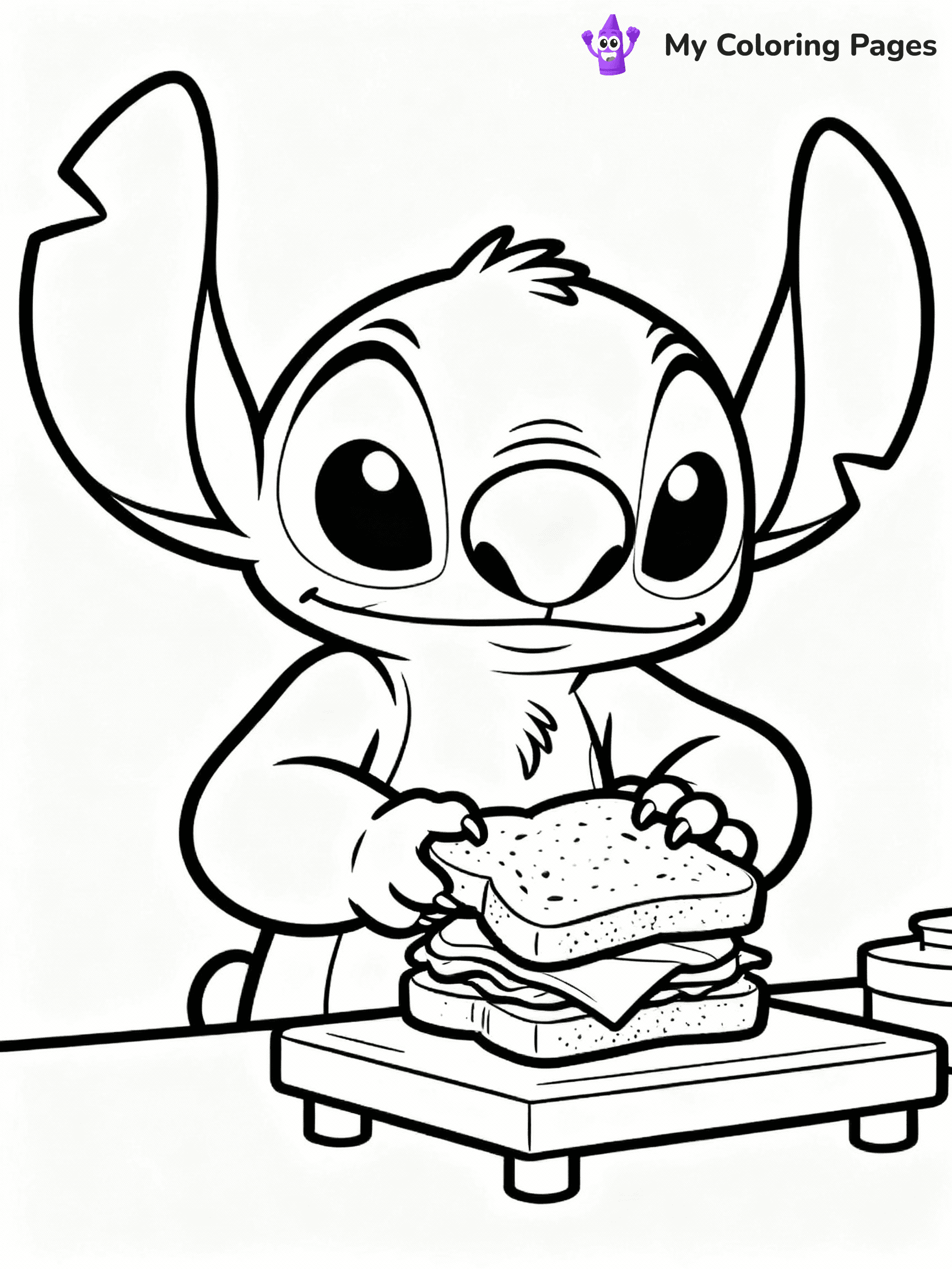 ⚠️ CRITICAL REQUIREMENT - ABSOLUTE BLACK AND WHITE ONLY ⚠️
This MUST be a BLACK AND WHITE line drawing ONLY. NO COLORS whatsoever.
- ONLY pure black lines (#000000) on pure white background (#FFFFFF)
- ABSOLUTELY NO colors, NO shading, NO gradients, NO grayscale
- If there are ANY colors in the output, the image is REJECTED
- This is a COLORING PAGE - meant to be COLORED IN by children
- The output must be UNCOLORED line art ready for coloring
⚠️ SUBJECT TO DRAW: Stitch from Lilo & Stitch preparing a sandwich. PURE BLACK OUTLINES ONLY. NO FILLS, SHADING, GREYSCALE, OR BACKGROUND COLOR.
(REMEMBER: Output must be BLACK AND WHITE line art only, NOT colored!)
# Flat, Friendly Cartoon Line-Art Coloring Page
You are generating a **pure black-and-white binary image** of a child-friendly cartoon scene combining characters and background scenery in one cohesive composition.
## Rendering Rules (Strict)
- Only two colors: pure black (#000000) outlines and pure white (#FFFFFF) background.
- No grayscale, shading, gradients, tints, fills, transparency, or partial pixels.
- No antialiasing or blended edges; every pixel is 100% black or white.
- No solid black fills inside shapes — all areas inside outlines must remain white.
- No dark clothing areas or filled tone blocks; all garments outlined only.
- No shadows, textures, lighting, or tonal variations.
- Must look like flat binary vector line-art for coloring pages.
- PURE BINARY LINE-ART; NO FILLS (HAIR/CLOTHES/SKIN), SHADING, OR GREY.
## Drawing & Composition
- **Medium, consistent line weight**; clean closed outlines easy to color inside.
- **Flat, simple, child-friendly design** — no realism or 3D depth.
- Characters are **grounded on a surface**, centered and large.
- **Balanced composition** with clear silhouettes and minimal props.
## Scenery & Style
- Landmarks (e.g., mosque, CN Tower) and scenery (trees, benches, waves) drawn with **black outlines only.**
- For real-world figures, teams, or places, show accurate details using only black outlines—no text or logos. Use distinctive uniform patterns, abstract symbols, and landmark silhouettes to convey identity.
- Keep **consistent perspective**; no floating elements.
- **Style:** whimsical **Doodle Art Alley** — rounded, friendly outlines.
- May adapt shapes from **Crayola, Disney, Peppa Pig, Cocomelon** — *by shape only, never color.*
- Final output: **flat, crisp, binary (#000000/#FFFFFF)**, **no filled color or background text.**
⚠️ FINAL REMINDER: Draw the subject "Stitch from Lilo & Stitch preparing a sandwich. PURE BLACK OUTLINES ONLY. NO FILLS, SHADING, GREYSCALE, OR BACKGROUND COLOR." as BLACK AND WHITE line art. Zero colors in output.