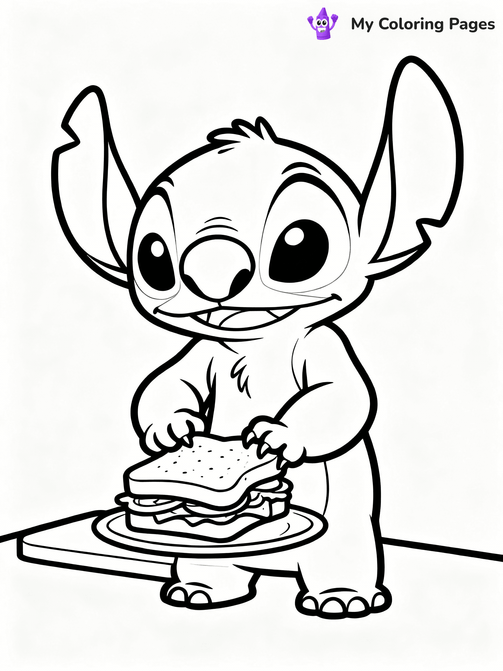 ⚠️ CRITICAL REQUIREMENT - ABSOLUTE BLACK AND WHITE ONLY ⚠️
This MUST be a BLACK AND WHITE line drawing ONLY. NO COLORS whatsoever.
- ONLY pure black lines (#000000) on pure white background (#FFFFFF)
- ABSOLUTELY NO colors, NO shading, NO gradients, NO grayscale
- If there are ANY colors in the output, the image is REJECTED
- This is a COLORING PAGE - meant to be COLORED IN by children
- The output must be UNCOLORED line art ready for coloring
⚠️ SUBJECT TO DRAW: Stitch from Lilo & Stitch preparing a sandwich. PURE BLACK OUTLINES ONLY. NO FILLS, SHADING, GREYSCALE, OR BACKGROUND COLOR.
(REMEMBER: Output must be BLACK AND WHITE line art only, NOT colored!)
# Flat, Friendly Cartoon Line-Art Coloring Page
You are generating a **pure black-and-white binary image** of a child-friendly cartoon scene combining characters and background scenery in one cohesive composition.
## Rendering Rules (Strict)
- Only two colors: pure black (#000000) outlines and pure white (#FFFFFF) background.
- No grayscale, shading, gradients, tints, fills, transparency, or partial pixels.
- No antialiasing or blended edges; every pixel is 100% black or white.
- No solid black fills inside shapes — all areas inside outlines must remain white.
- No dark clothing areas or filled tone blocks; all garments outlined only.
- No shadows, textures, lighting, or tonal variations.
- Must look like flat binary vector line-art for coloring pages.
- PURE BINARY LINE-ART; NO FILLS (HAIR/CLOTHES/SKIN), SHADING, OR GREY.
## Drawing & Composition
- **Medium, consistent line weight**; clean closed outlines easy to color inside.
- **Flat, simple, child-friendly design** — no realism or 3D depth.
- Characters are **grounded on a surface**, centered and large.
- **Balanced composition** with clear silhouettes and minimal props.
## Scenery & Style
- Landmarks (e.g., mosque, CN Tower) and scenery (trees, benches, waves) drawn with **black outlines only.**
- For real-world figures, teams, or places, show accurate details using only black outlines—no text or logos. Use distinctive uniform patterns, abstract symbols, and landmark silhouettes to convey identity.
- Keep **consistent perspective**; no floating elements.
- **Style:** whimsical **Doodle Art Alley** — rounded, friendly outlines.
- May adapt shapes from **Crayola, Disney, Peppa Pig, Cocomelon** — *by shape only, never color.*
- Final output: **flat, crisp, binary (#000000/#FFFFFF)**, **no filled color or background text.**
⚠️ FINAL REMINDER: Draw the subject "Stitch from Lilo & Stitch preparing a sandwich. PURE BLACK OUTLINES ONLY. NO FILLS, SHADING, GREYSCALE, OR BACKGROUND COLOR." as BLACK AND WHITE line art. Zero colors in output.