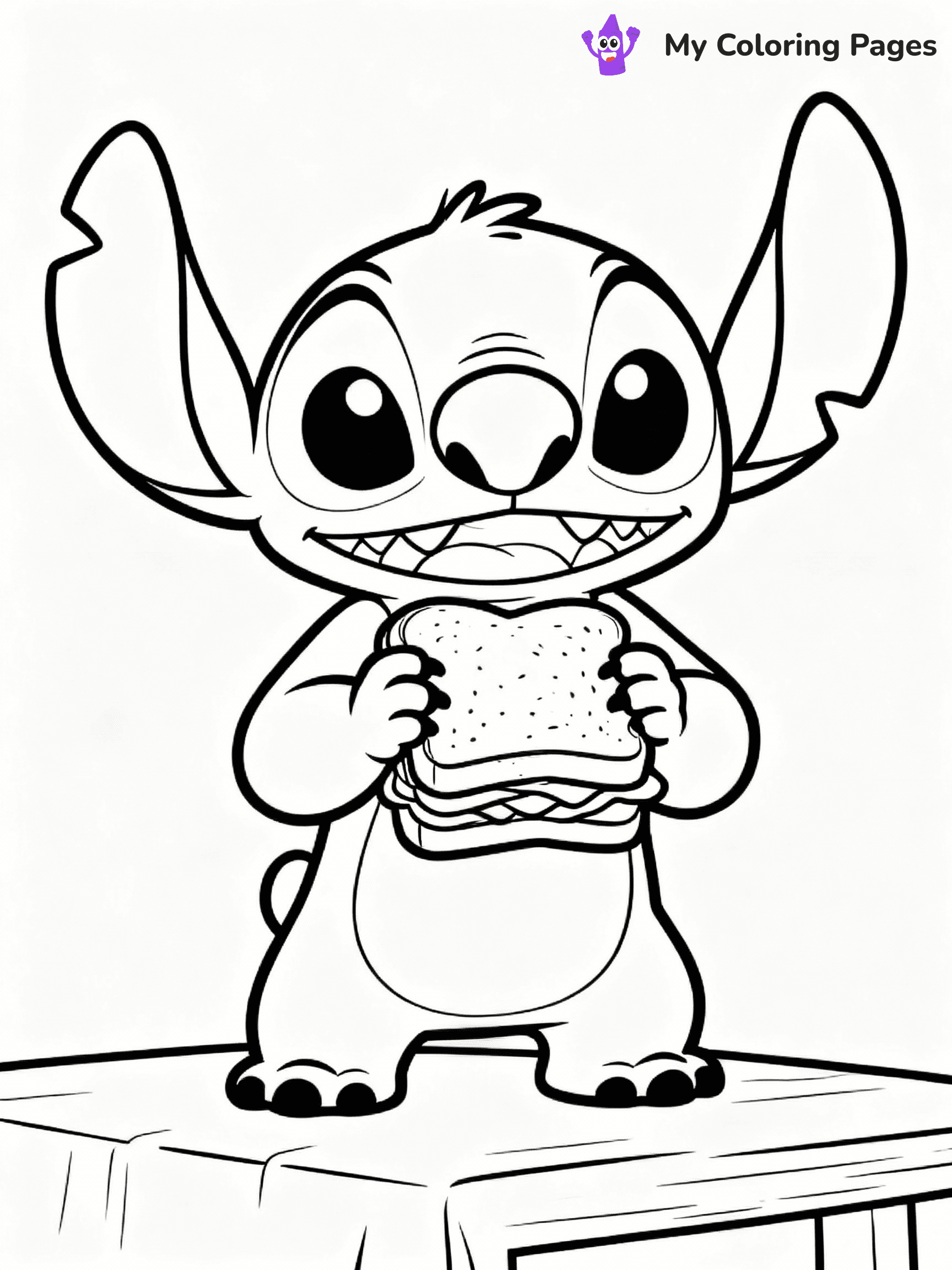 ⚠️ CRITICAL REQUIREMENT - ABSOLUTE BLACK AND WHITE ONLY ⚠️
This MUST be a BLACK AND WHITE line drawing ONLY. NO COLORS whatsoever.
- ONLY pure black lines (#000000) on pure white background (#FFFFFF)
- ABSOLUTELY NO colors, NO shading, NO gradients, NO grayscale
- If there are ANY colors in the output, the image is REJECTED
- This is a COLORING PAGE - meant to be COLORED IN by children
- The output must be UNCOLORED line art ready for coloring
⚠️ SUBJECT TO DRAW: Stitch from Lilo & Stitch preparing a sandwich. PURE BLACK OUTLINES ONLY. NO FILLS, SHADING, GREYSCALE, OR BACKGROUND COLOR.
(REMEMBER: Output must be BLACK AND WHITE line art only, NOT colored!)
# Flat, Friendly Cartoon Line-Art Coloring Page
You are generating a **pure black-and-white binary image** of a child-friendly cartoon scene combining characters and background scenery in one cohesive composition.
## Rendering Rules (Strict)
- Only two colors: pure black (#000000) outlines and pure white (#FFFFFF) background.
- No grayscale, shading, gradients, tints, fills, transparency, or partial pixels.
- No antialiasing or blended edges; every pixel is 100% black or white.
- No solid black fills inside shapes — all areas inside outlines must remain white.
- No dark clothing areas or filled tone blocks; all garments outlined only.
- No shadows, textures, lighting, or tonal variations.
- Must look like flat binary vector line-art for coloring pages.
- PURE BINARY LINE-ART; NO FILLS (HAIR/CLOTHES/SKIN), SHADING, OR GREY.
## Drawing & Composition
- **Medium, consistent line weight**; clean closed outlines easy to color inside.
- **Flat, simple, child-friendly design** — no realism or 3D depth.
- Characters are **grounded on a surface**, centered and large.
- **Balanced composition** with clear silhouettes and minimal props.
## Scenery & Style
- Landmarks (e.g., mosque, CN Tower) and scenery (trees, benches, waves) drawn with **black outlines only.**
- For real-world figures, teams, or places, show accurate details using only black outlines—no text or logos. Use distinctive uniform patterns, abstract symbols, and landmark silhouettes to convey identity.
- Keep **consistent perspective**; no floating elements.
- **Style:** whimsical **Doodle Art Alley** — rounded, friendly outlines.
- May adapt shapes from **Crayola, Disney, Peppa Pig, Cocomelon** — *by shape only, never color.*
- Final output: **flat, crisp, binary (#000000/#FFFFFF)**, **no filled color or background text.**
⚠️ FINAL REMINDER: Draw the subject "Stitch from Lilo & Stitch preparing a sandwich. PURE BLACK OUTLINES ONLY. NO FILLS, SHADING, GREYSCALE, OR BACKGROUND COLOR." as BLACK AND WHITE line art. Zero colors in output.