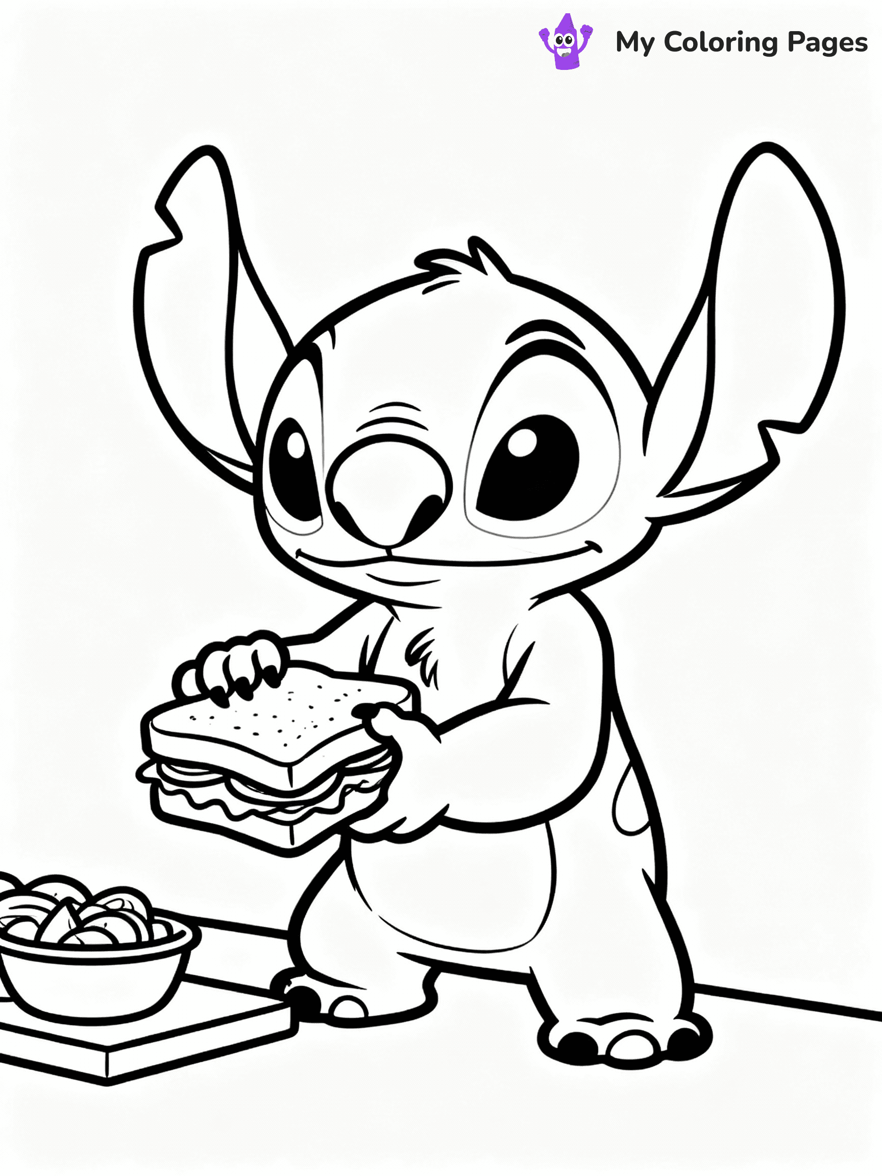 ⚠️ CRITICAL REQUIREMENT - ABSOLUTE BLACK AND WHITE ONLY ⚠️
This MUST be a BLACK AND WHITE line drawing ONLY. NO COLORS whatsoever.
- ONLY pure black lines (#000000) on pure white background (#FFFFFF)
- ABSOLUTELY NO colors, NO shading, NO gradients, NO grayscale
- If there are ANY colors in the output, the image is REJECTED
- This is a COLORING PAGE - meant to be COLORED IN by children
- The output must be UNCOLORED line art ready for coloring
⚠️ SUBJECT TO DRAW: Stitch from Lilo & Stitch preparing a sandwich. PURE BLACK OUTLINES ONLY. NO FILLS, SHADING, GREYSCALE, OR BACKGROUND COLOR.
(REMEMBER: Output must be BLACK AND WHITE line art only, NOT colored!)
# Flat, Friendly Cartoon Line-Art Coloring Page
You are generating a **pure black-and-white binary image** of a child-friendly cartoon scene combining characters and background scenery in one cohesive composition.
## Rendering Rules (Strict)
- Only two colors: pure black (#000000) outlines and pure white (#FFFFFF) background.
- No grayscale, shading, gradients, tints, fills, transparency, or partial pixels.
- No antialiasing or blended edges; every pixel is 100% black or white.
- No solid black fills inside shapes — all areas inside outlines must remain white.
- No dark clothing areas or filled tone blocks; all garments outlined only.
- No shadows, textures, lighting, or tonal variations.
- Must look like flat binary vector line-art for coloring pages.
- PURE BINARY LINE-ART; NO FILLS (HAIR/CLOTHES/SKIN), SHADING, OR GREY.
## Drawing & Composition
- **Medium, consistent line weight**; clean closed outlines easy to color inside.
- **Flat, simple, child-friendly design** — no realism or 3D depth.
- Characters are **grounded on a surface**, centered and large.
- **Balanced composition** with clear silhouettes and minimal props.
## Scenery & Style
- Landmarks (e.g., mosque, CN Tower) and scenery (trees, benches, waves) drawn with **black outlines only.**
- For real-world figures, teams, or places, show accurate details using only black outlines—no text or logos. Use distinctive uniform patterns, abstract symbols, and landmark silhouettes to convey identity.
- Keep **consistent perspective**; no floating elements.
- **Style:** whimsical **Doodle Art Alley** — rounded, friendly outlines.
- May adapt shapes from **Crayola, Disney, Peppa Pig, Cocomelon** — *by shape only, never color.*
- Final output: **flat, crisp, binary (#000000/#FFFFFF)**, **no filled color or background text.**
⚠️ FINAL REMINDER: Draw the subject "Stitch from Lilo & Stitch preparing a sandwich. PURE BLACK OUTLINES ONLY. NO FILLS, SHADING, GREYSCALE, OR BACKGROUND COLOR." as BLACK AND WHITE line art. Zero colors in output.