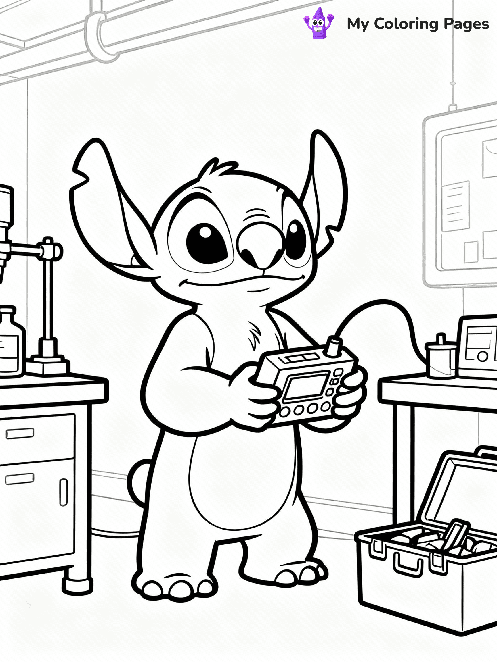 ⚠️ CRITICAL REQUIREMENT - ABSOLUTE BLACK AND WHITE ONLY ⚠️
This MUST be a BLACK AND WHITE line drawing ONLY. NO COLORS whatsoever.
- ONLY pure black lines (#000000) on pure white background (#FFFFFF)
- ABSOLUTELY NO colors, NO shading, NO gradients, NO grayscale
- If there are ANY colors in the output, the image is REJECTED
- This is a COLORING PAGE - meant to be COLORED IN by children
- The output must be UNCOLORED line art ready for coloring
⚠️ SUBJECT TO DRAW: Jumba from Lilo & Stitch inventing a new gadget. STRICTLY BINARY LINE ART. NO FILLS, SHADING, COLOR. MUST BE WHITE BACKGROUND.
(REMEMBER: Output must be BLACK AND WHITE line art only, NOT colored!)
# Flat, Friendly Cartoon Line-Art Coloring Page
You are generating a **pure black-and-white binary image** of a child-friendly cartoon scene combining characters and background scenery in one cohesive composition.
## Rendering Rules (Strict)
- Only two colors: pure black (#000000) outlines and pure white (#FFFFFF) background.
- No grayscale, shading, gradients, tints, fills, transparency, or partial pixels.
- No antialiasing or blended edges; every pixel is 100% black or white.
- No solid black fills inside shapes — all areas inside outlines must remain white.
- No dark clothing areas or filled tone blocks; all garments outlined only.
- No shadows, textures, lighting, or tonal variations.
- Must look like flat binary vector line-art for coloring pages.
- PURE BINARY LINE-ART; NO FILLS (HAIR/CLOTHES/SKIN), SHADING, OR GREY.
## Drawing & Composition
- **Medium, consistent line weight**; clean closed outlines easy to color inside.
- **Flat, simple, child-friendly design** — no realism or 3D depth.
- Characters are **grounded on a surface**, centered and large.
- **Balanced composition** with clear silhouettes and minimal props.
## Scenery & Style
- Landmarks (e.g., mosque, CN Tower) and scenery (trees, benches, waves) drawn with **black outlines only.**
- For real-world figures, teams, or places, show accurate details using only black outlines—no text or logos. Use distinctive uniform patterns, abstract symbols, and landmark silhouettes to convey identity.
- Keep **consistent perspective**; no floating elements.
- **Style:** whimsical **Doodle Art Alley** — rounded, friendly outlines.
- May adapt shapes from **Crayola, Disney, Peppa Pig, Cocomelon** — *by shape only, never color.*
- Final output: **flat, crisp, binary (#000000/#FFFFFF)**, **no filled color or background text.**
⚠️ FINAL REMINDER: Draw the subject "Jumba from Lilo & Stitch inventing a new gadget. STRICTLY BINARY LINE ART. NO FILLS, SHADING, COLOR. MUST BE WHITE BACKGROUND." as BLACK AND WHITE line art. Zero colors in output.