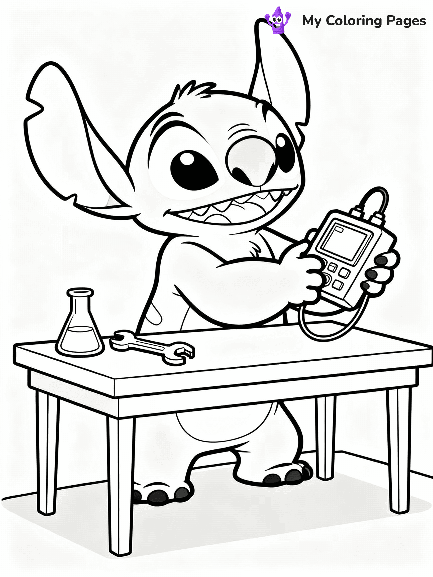 ⚠️ CRITICAL REQUIREMENT - ABSOLUTE BLACK AND WHITE ONLY ⚠️
This MUST be a BLACK AND WHITE line drawing ONLY. NO COLORS whatsoever.
- ONLY pure black lines (#000000) on pure white background (#FFFFFF)
- ABSOLUTELY NO colors, NO shading, NO gradients, NO grayscale
- If there are ANY colors in the output, the image is REJECTED
- This is a COLORING PAGE - meant to be COLORED IN by children
- The output must be UNCOLORED line art ready for coloring
⚠️ SUBJECT TO DRAW: Jumba from Lilo & Stitch inventing a new gadget. STRICTLY BINARY LINE ART. NO FILLS, SHADING, COLOR. MUST BE WHITE BACKGROUND.
(REMEMBER: Output must be BLACK AND WHITE line art only, NOT colored!)
# Flat, Friendly Cartoon Line-Art Coloring Page
You are generating a **pure black-and-white binary image** of a child-friendly cartoon scene combining characters and background scenery in one cohesive composition.
## Rendering Rules (Strict)
- Only two colors: pure black (#000000) outlines and pure white (#FFFFFF) background.
- No grayscale, shading, gradients, tints, fills, transparency, or partial pixels.
- No antialiasing or blended edges; every pixel is 100% black or white.
- No solid black fills inside shapes — all areas inside outlines must remain white.
- No dark clothing areas or filled tone blocks; all garments outlined only.
- No shadows, textures, lighting, or tonal variations.
- Must look like flat binary vector line-art for coloring pages.
- PURE BINARY LINE-ART; NO FILLS (HAIR/CLOTHES/SKIN), SHADING, OR GREY.
## Drawing & Composition
- **Medium, consistent line weight**; clean closed outlines easy to color inside.
- **Flat, simple, child-friendly design** — no realism or 3D depth.
- Characters are **grounded on a surface**, centered and large.
- **Balanced composition** with clear silhouettes and minimal props.
## Scenery & Style
- Landmarks (e.g., mosque, CN Tower) and scenery (trees, benches, waves) drawn with **black outlines only.**
- For real-world figures, teams, or places, show accurate details using only black outlines—no text or logos. Use distinctive uniform patterns, abstract symbols, and landmark silhouettes to convey identity.
- Keep **consistent perspective**; no floating elements.
- **Style:** whimsical **Doodle Art Alley** — rounded, friendly outlines.
- May adapt shapes from **Crayola, Disney, Peppa Pig, Cocomelon** — *by shape only, never color.*
- Final output: **flat, crisp, binary (#000000/#FFFFFF)**, **no filled color or background text.**
⚠️ FINAL REMINDER: Draw the subject "Jumba from Lilo & Stitch inventing a new gadget. STRICTLY BINARY LINE ART. NO FILLS, SHADING, COLOR. MUST BE WHITE BACKGROUND." as BLACK AND WHITE line art. Zero colors in output.