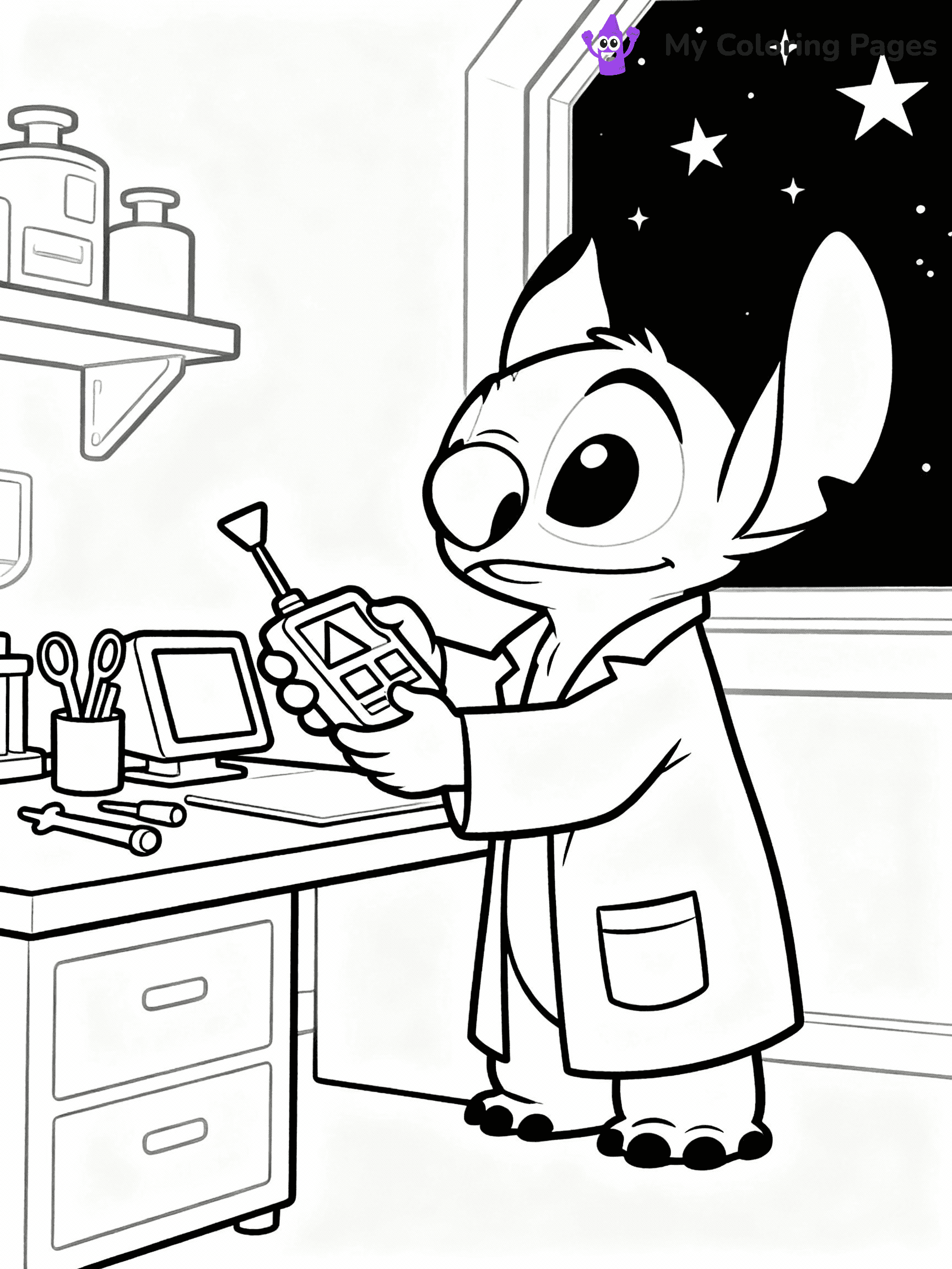 ⚠️ CRITICAL REQUIREMENT - ABSOLUTE BLACK AND WHITE ONLY ⚠️
This MUST be a BLACK AND WHITE line drawing ONLY. NO COLORS whatsoever.
- ONLY pure black lines (#000000) on pure white background (#FFFFFF)
- ABSOLUTELY NO colors, NO shading, NO gradients, NO grayscale
- If there are ANY colors in the output, the image is REJECTED
- This is a COLORING PAGE - meant to be COLORED IN by children
- The output must be UNCOLORED line art ready for coloring
⚠️ SUBJECT TO DRAW: Jumba from Lilo & Stitch inventing a new gadget. STRICTLY BINARY LINE ART. NO FILLS, SHADING, COLOR. MUST BE WHITE BACKGROUND.
(REMEMBER: Output must be BLACK AND WHITE line art only, NOT colored!)
# Flat, Friendly Cartoon Line-Art Coloring Page
You are generating a **pure black-and-white binary image** of a child-friendly cartoon scene combining characters and background scenery in one cohesive composition.
## Rendering Rules (Strict)
- Only two colors: pure black (#000000) outlines and pure white (#FFFFFF) background.
- No grayscale, shading, gradients, tints, fills, transparency, or partial pixels.
- No antialiasing or blended edges; every pixel is 100% black or white.
- No solid black fills inside shapes — all areas inside outlines must remain white.
- No dark clothing areas or filled tone blocks; all garments outlined only.
- No shadows, textures, lighting, or tonal variations.
- Must look like flat binary vector line-art for coloring pages.
- PURE BINARY LINE-ART; NO FILLS (HAIR/CLOTHES/SKIN), SHADING, OR GREY.
## Drawing & Composition
- **Medium, consistent line weight**; clean closed outlines easy to color inside.
- **Flat, simple, child-friendly design** — no realism or 3D depth.
- Characters are **grounded on a surface**, centered and large.
- **Balanced composition** with clear silhouettes and minimal props.
## Scenery & Style
- Landmarks (e.g., mosque, CN Tower) and scenery (trees, benches, waves) drawn with **black outlines only.**
- For real-world figures, teams, or places, show accurate details using only black outlines—no text or logos. Use distinctive uniform patterns, abstract symbols, and landmark silhouettes to convey identity.
- Keep **consistent perspective**; no floating elements.
- **Style:** whimsical **Doodle Art Alley** — rounded, friendly outlines.
- May adapt shapes from **Crayola, Disney, Peppa Pig, Cocomelon** — *by shape only, never color.*
- Final output: **flat, crisp, binary (#000000/#FFFFFF)**, **no filled color or background text.**
⚠️ FINAL REMINDER: Draw the subject "Jumba from Lilo & Stitch inventing a new gadget. STRICTLY BINARY LINE ART. NO FILLS, SHADING, COLOR. MUST BE WHITE BACKGROUND." as BLACK AND WHITE line art. Zero colors in output.