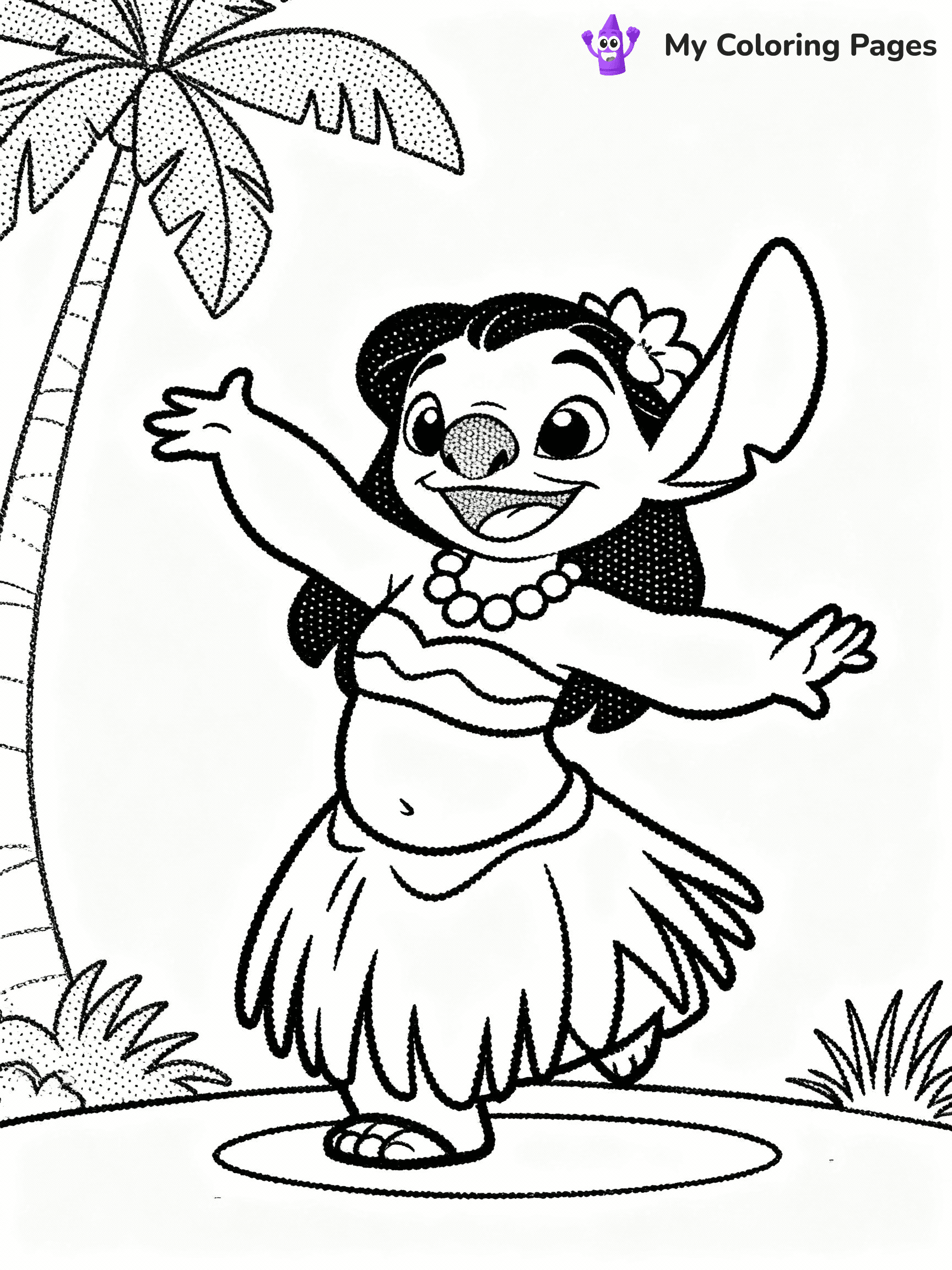 ⚠️ CRITICAL REQUIREMENT - ABSOLUTE BLACK AND WHITE ONLY ⚠️
This MUST be a BLACK AND WHITE line drawing ONLY. NO COLORS whatsoever.
- ONLY pure black lines (#000000) on pure white background (#FFFFFF)
- ABSOLUTELY NO colors, NO shading, NO gradients, NO grayscale
- If there are ANY colors in the output, the image is REJECTED
- This is a COLORING PAGE - meant to be COLORED IN by children
- The output must be UNCOLORED line art ready for coloring
⚠️ SUBJECT TO DRAW: Nani from Lilo & Stitch teaching hula dancing. STRICTLY BINARY LINE ART. NO FILLS, SHADING, COLOR. MUST BE WHITE BACKGROUND.
(REMEMBER: Output must be BLACK AND WHITE line art only, NOT colored!)
# Flat, Friendly Cartoon Line-Art Coloring Page
You are generating a **pure black-and-white binary image** of a child-friendly cartoon scene combining characters and background scenery in one cohesive composition.
## Rendering Rules (Strict)
- Only two colors: pure black (#000000) outlines and pure white (#FFFFFF) background.
- No grayscale, shading, gradients, tints, fills, transparency, or partial pixels.
- No antialiasing or blended edges; every pixel is 100% black or white.
- No solid black fills inside shapes — all areas inside outlines must remain white.
- No dark clothing areas or filled tone blocks; all garments outlined only.
- No shadows, textures, lighting, or tonal variations.
- Must look like flat binary vector line-art for coloring pages.
- PURE BINARY LINE-ART; NO FILLS (HAIR/CLOTHES/SKIN), SHADING, OR GREY.
## Drawing & Composition
- **Medium, consistent line weight**; clean closed outlines easy to color inside.
- **Flat, simple, child-friendly design** — no realism or 3D depth.
- Characters are **grounded on a surface**, centered and large.
- **Balanced composition** with clear silhouettes and minimal props.
## Scenery & Style
- Landmarks (e.g., mosque, CN Tower) and scenery (trees, benches, waves) drawn with **black outlines only.**
- For real-world figures, teams, or places, show accurate details using only black outlines—no text or logos. Use distinctive uniform patterns, abstract symbols, and landmark silhouettes to convey identity.
- Keep **consistent perspective**; no floating elements.
- **Style:** whimsical **Doodle Art Alley** — rounded, friendly outlines.
- May adapt shapes from **Crayola, Disney, Peppa Pig, Cocomelon** — *by shape only, never color.*
- Final output: **flat, crisp, binary (#000000/#FFFFFF)**, **no filled color or background text.**
⚠️ FINAL REMINDER: Draw the subject "Nani from Lilo & Stitch teaching hula dancing. STRICTLY BINARY LINE ART. NO FILLS, SHADING, COLOR. MUST BE WHITE BACKGROUND." as BLACK AND WHITE line art. Zero colors in output.