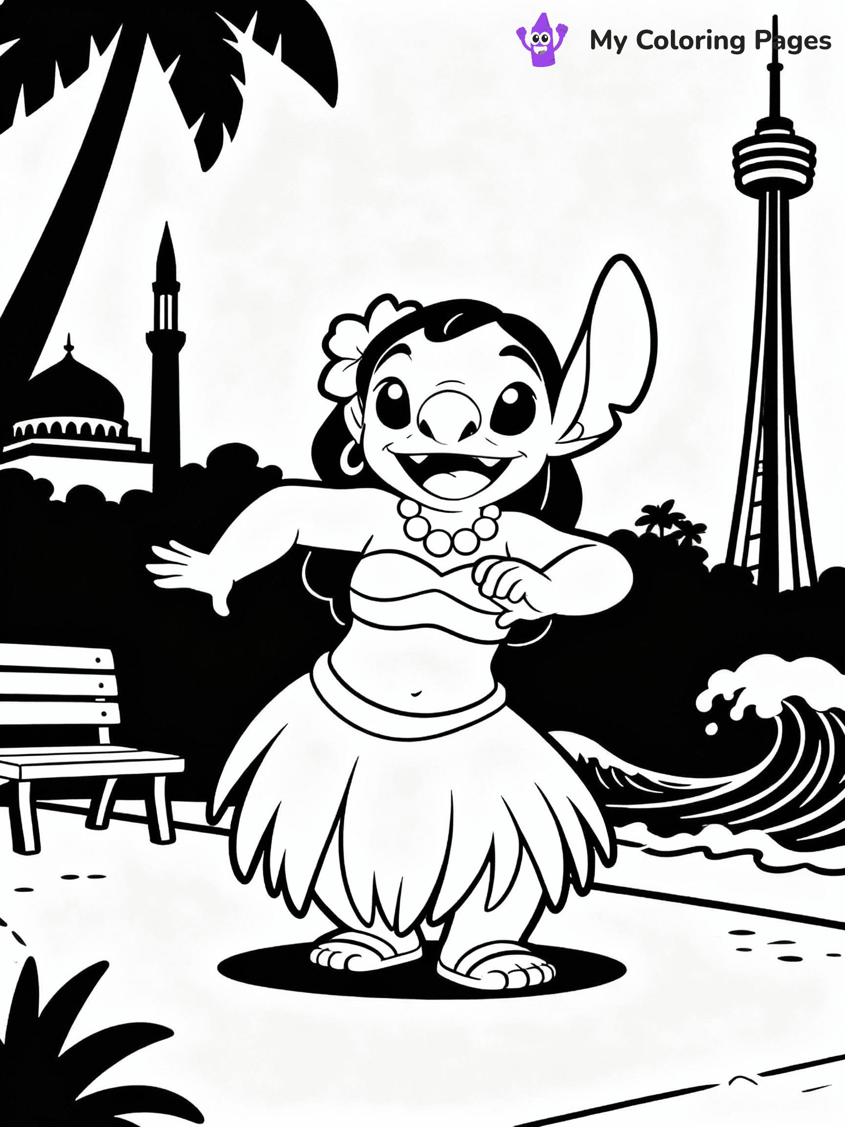 ⚠️ CRITICAL REQUIREMENT - ABSOLUTE BLACK AND WHITE ONLY ⚠️
This MUST be a BLACK AND WHITE line drawing ONLY. NO COLORS whatsoever.
- ONLY pure black lines (#000000) on pure white background (#FFFFFF)
- ABSOLUTELY NO colors, NO shading, NO gradients, NO grayscale
- If there are ANY colors in the output, the image is REJECTED
- This is a COLORING PAGE - meant to be COLORED IN by children
- The output must be UNCOLORED line art ready for coloring
⚠️ SUBJECT TO DRAW: Nani from Lilo & Stitch teaching hula dancing. STRICTLY BINARY LINE ART. NO FILLS, SHADING, COLOR. MUST BE WHITE BACKGROUND.
(REMEMBER: Output must be BLACK AND WHITE line art only, NOT colored!)
# Flat, Friendly Cartoon Line-Art Coloring Page
You are generating a **pure black-and-white binary image** of a child-friendly cartoon scene combining characters and background scenery in one cohesive composition.
## Rendering Rules (Strict)
- Only two colors: pure black (#000000) outlines and pure white (#FFFFFF) background.
- No grayscale, shading, gradients, tints, fills, transparency, or partial pixels.
- No antialiasing or blended edges; every pixel is 100% black or white.
- No solid black fills inside shapes — all areas inside outlines must remain white.
- No dark clothing areas or filled tone blocks; all garments outlined only.
- No shadows, textures, lighting, or tonal variations.
- Must look like flat binary vector line-art for coloring pages.
- PURE BINARY LINE-ART; NO FILLS (HAIR/CLOTHES/SKIN), SHADING, OR GREY.
## Drawing & Composition
- **Medium, consistent line weight**; clean closed outlines easy to color inside.
- **Flat, simple, child-friendly design** — no realism or 3D depth.
- Characters are **grounded on a surface**, centered and large.
- **Balanced composition** with clear silhouettes and minimal props.
## Scenery & Style
- Landmarks (e.g., mosque, CN Tower) and scenery (trees, benches, waves) drawn with **black outlines only.**
- For real-world figures, teams, or places, show accurate details using only black outlines—no text or logos. Use distinctive uniform patterns, abstract symbols, and landmark silhouettes to convey identity.
- Keep **consistent perspective**; no floating elements.
- **Style:** whimsical **Doodle Art Alley** — rounded, friendly outlines.
- May adapt shapes from **Crayola, Disney, Peppa Pig, Cocomelon** — *by shape only, never color.*
- Final output: **flat, crisp, binary (#000000/#FFFFFF)**, **no filled color or background text.**
⚠️ FINAL REMINDER: Draw the subject "Nani from Lilo & Stitch teaching hula dancing. STRICTLY BINARY LINE ART. NO FILLS, SHADING, COLOR. MUST BE WHITE BACKGROUND." as BLACK AND WHITE line art. Zero colors in output.