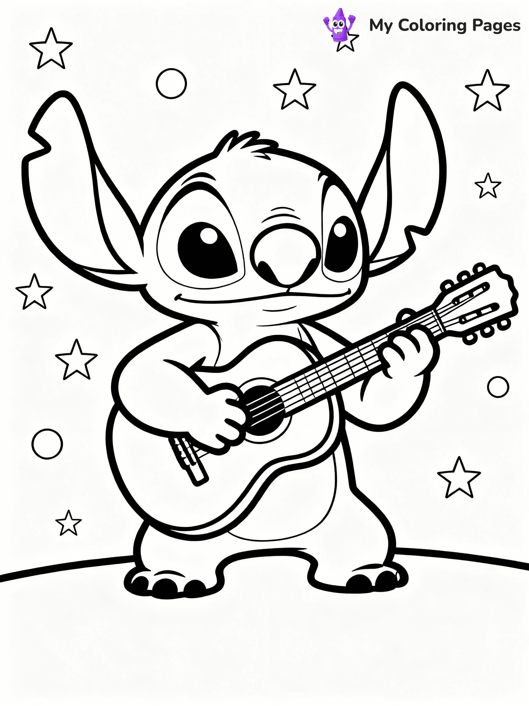 ⚠️ CRITICAL REQUIREMENT - ABSOLUTE BLACK AND WHITE ONLY ⚠️
This MUST be a BLACK AND WHITE line drawing ONLY. NO COLORS whatsoever.
- ONLY pure black lines (#000000) on pure white background (#FFFFFF)
- ABSOLUTELY NO colors, NO shading, NO gradients, NO grayscale
- If there are ANY colors in the output, the image is REJECTED
- This is a COLORING PAGE - meant to be COLORED IN by children
- The output must be UNCOLORED line art ready for coloring
⚠️ SUBJECT TO DRAW: Stitch from Lilo & Stitch playing guitar under the stars. STRICTLY BINARY LINE ART. NO FILLS, SHADING, COLOR. MUST BE WHITE BACKGROUND.
(REMEMBER: Output must be BLACK AND WHITE line art only, NOT colored!)
# Flat, Friendly Cartoon Line-Art Coloring Page
You are generating a **pure black-and-white binary image** of a child-friendly cartoon scene combining characters and background scenery in one cohesive composition.
## Rendering Rules (Strict)
- Only two colors: pure black (#000000) outlines and pure white (#FFFFFF) background.
- No grayscale, shading, gradients, tints, fills, transparency, or partial pixels.
- No antialiasing or blended edges; every pixel is 100% black or white.
- No solid black fills inside shapes — all areas inside outlines must remain white.
- No dark clothing areas or filled tone blocks; all garments outlined only.
- No shadows, textures, lighting, or tonal variations.
- Must look like flat binary vector line-art for coloring pages.
- PURE BINARY LINE-ART; NO FILLS (HAIR/CLOTHES/SKIN), SHADING, OR GREY.
## Drawing & Composition
- **Medium, consistent line weight**; clean closed outlines easy to color inside.
- **Flat, simple, child-friendly design** — no realism or 3D depth.
- Characters are **grounded on a surface**, centered and large.
- **Balanced composition** with clear silhouettes and minimal props.
## Scenery & Style
- Landmarks (e.g., mosque, CN Tower) and scenery (trees, benches, waves) drawn with **black outlines only.**
- For real-world figures, teams, or places, show accurate details using only black outlines—no text or logos. Use distinctive uniform patterns, abstract symbols, and landmark silhouettes to convey identity.
- Keep **consistent perspective**; no floating elements.
- **Style:** whimsical **Doodle Art Alley** — rounded, friendly outlines.
- May adapt shapes from **Crayola, Disney, Peppa Pig, Cocomelon** — *by shape only, never color.*
- Final output: **flat, crisp, binary (#000000/#FFFFFF)**, **no filled color or background text.**
⚠️ FINAL REMINDER: Draw the subject "Stitch from Lilo & Stitch playing guitar under the stars. STRICTLY BINARY LINE ART. NO FILLS, SHADING, COLOR. MUST BE WHITE BACKGROUND." as BLACK AND WHITE line art. Zero colors in output.