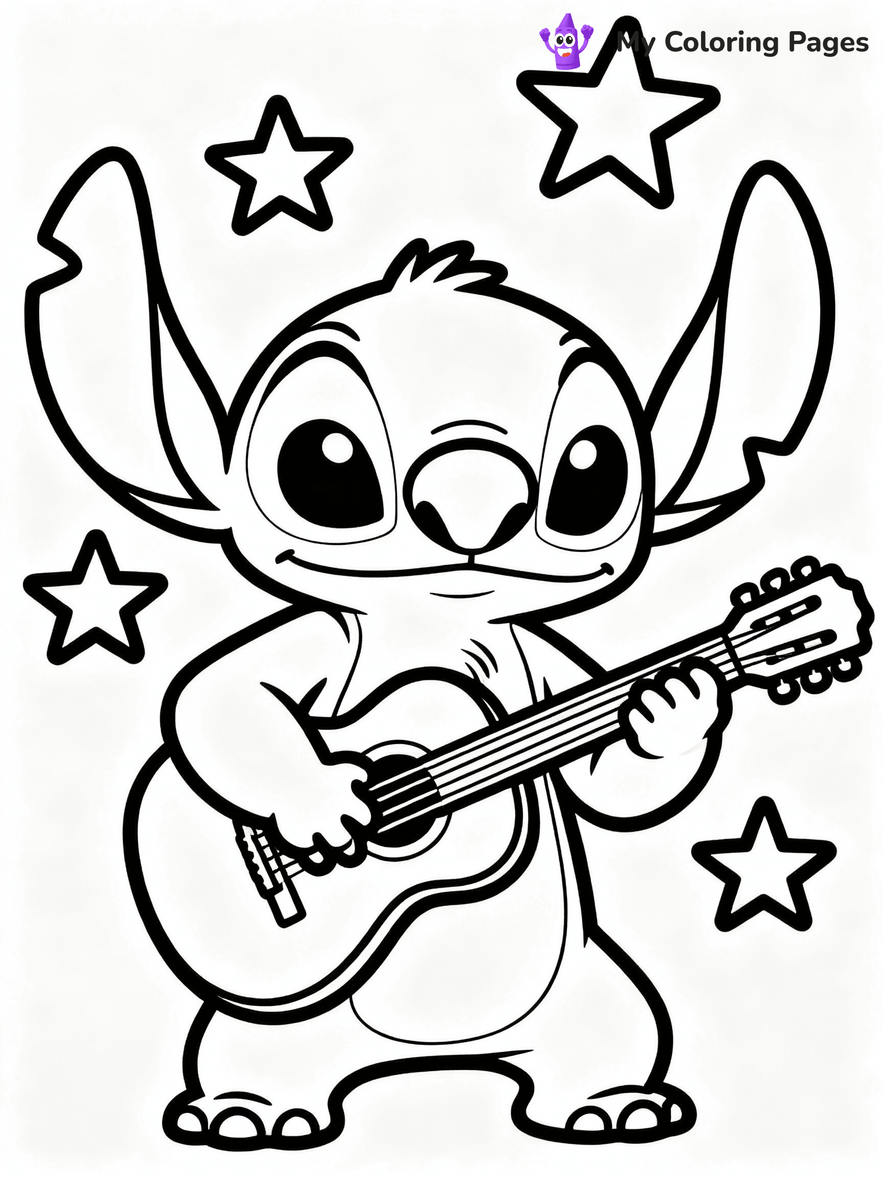 ⚠️ CRITICAL REQUIREMENT - ABSOLUTE BLACK AND WHITE ONLY ⚠️
This MUST be a BLACK AND WHITE line drawing ONLY. NO COLORS whatsoever.
- ONLY pure black lines (#000000) on pure white background (#FFFFFF)
- ABSOLUTELY NO colors, NO shading, NO gradients, NO grayscale
- If there are ANY colors in the output, the image is REJECTED
- This is a COLORING PAGE - meant to be COLORED IN by children
- The output must be UNCOLORED line art ready for coloring
⚠️ SUBJECT TO DRAW: Stitch from Lilo & Stitch playing guitar under the stars. STRICTLY BINARY LINE ART. NO FILLS, SHADING, COLOR. MUST BE WHITE BACKGROUND.
(REMEMBER: Output must be BLACK AND WHITE line art only, NOT colored!)
# Flat, Friendly Cartoon Line-Art Coloring Page
You are generating a **pure black-and-white binary image** of a child-friendly cartoon scene combining characters and background scenery in one cohesive composition.
## Rendering Rules (Strict)
- Only two colors: pure black (#000000) outlines and pure white (#FFFFFF) background.
- No grayscale, shading, gradients, tints, fills, transparency, or partial pixels.
- No antialiasing or blended edges; every pixel is 100% black or white.
- No solid black fills inside shapes — all areas inside outlines must remain white.
- No dark clothing areas or filled tone blocks; all garments outlined only.
- No shadows, textures, lighting, or tonal variations.
- Must look like flat binary vector line-art for coloring pages.
- PURE BINARY LINE-ART; NO FILLS (HAIR/CLOTHES/SKIN), SHADING, OR GREY.
## Drawing & Composition
- **Medium, consistent line weight**; clean closed outlines easy to color inside.
- **Flat, simple, child-friendly design** — no realism or 3D depth.
- Characters are **grounded on a surface**, centered and large.
- **Balanced composition** with clear silhouettes and minimal props.
## Scenery & Style
- Landmarks (e.g., mosque, CN Tower) and scenery (trees, benches, waves) drawn with **black outlines only.**
- For real-world figures, teams, or places, show accurate details using only black outlines—no text or logos. Use distinctive uniform patterns, abstract symbols, and landmark silhouettes to convey identity.
- Keep **consistent perspective**; no floating elements.
- **Style:** whimsical **Doodle Art Alley** — rounded, friendly outlines.
- May adapt shapes from **Crayola, Disney, Peppa Pig, Cocomelon** — *by shape only, never color.*
- Final output: **flat, crisp, binary (#000000/#FFFFFF)**, **no filled color or background text.**
⚠️ FINAL REMINDER: Draw the subject "Stitch from Lilo & Stitch playing guitar under the stars. STRICTLY BINARY LINE ART. NO FILLS, SHADING, COLOR. MUST BE WHITE BACKGROUND." as BLACK AND WHITE line art. Zero colors in output.