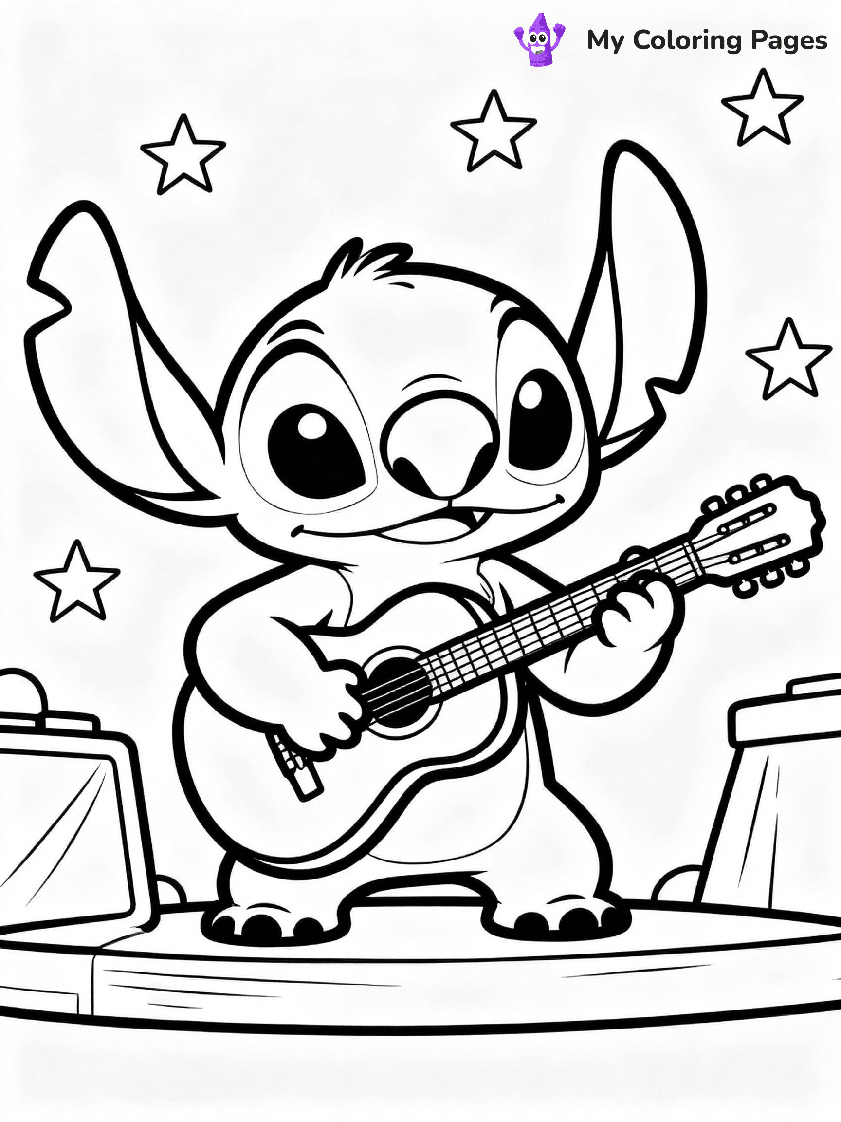 ⚠️ CRITICAL REQUIREMENT - ABSOLUTE BLACK AND WHITE ONLY ⚠️
This MUST be a BLACK AND WHITE line drawing ONLY. NO COLORS whatsoever.
- ONLY pure black lines (#000000) on pure white background (#FFFFFF)
- ABSOLUTELY NO colors, NO shading, NO gradients, NO grayscale
- If there are ANY colors in the output, the image is REJECTED
- This is a COLORING PAGE - meant to be COLORED IN by children
- The output must be UNCOLORED line art ready for coloring
⚠️ SUBJECT TO DRAW: Stitch from Lilo & Stitch playing guitar under the stars. STRICTLY BINARY LINE ART. NO FILLS, SHADING, COLOR. MUST BE WHITE BACKGROUND.
(REMEMBER: Output must be BLACK AND WHITE line art only, NOT colored!)
# Flat, Friendly Cartoon Line-Art Coloring Page
You are generating a **pure black-and-white binary image** of a child-friendly cartoon scene combining characters and background scenery in one cohesive composition.
## Rendering Rules (Strict)
- Only two colors: pure black (#000000) outlines and pure white (#FFFFFF) background.
- No grayscale, shading, gradients, tints, fills, transparency, or partial pixels.
- No antialiasing or blended edges; every pixel is 100% black or white.
- No solid black fills inside shapes — all areas inside outlines must remain white.
- No dark clothing areas or filled tone blocks; all garments outlined only.
- No shadows, textures, lighting, or tonal variations.
- Must look like flat binary vector line-art for coloring pages.
- PURE BINARY LINE-ART; NO FILLS (HAIR/CLOTHES/SKIN), SHADING, OR GREY.
## Drawing & Composition
- **Medium, consistent line weight**; clean closed outlines easy to color inside.
- **Flat, simple, child-friendly design** — no realism or 3D depth.
- Characters are **grounded on a surface**, centered and large.
- **Balanced composition** with clear silhouettes and minimal props.
## Scenery & Style
- Landmarks (e.g., mosque, CN Tower) and scenery (trees, benches, waves) drawn with **black outlines only.**
- For real-world figures, teams, or places, show accurate details using only black outlines—no text or logos. Use distinctive uniform patterns, abstract symbols, and landmark silhouettes to convey identity.
- Keep **consistent perspective**; no floating elements.
- **Style:** whimsical **Doodle Art Alley** — rounded, friendly outlines.
- May adapt shapes from **Crayola, Disney, Peppa Pig, Cocomelon** — *by shape only, never color.*
- Final output: **flat, crisp, binary (#000000/#FFFFFF)**, **no filled color or background text.**
⚠️ FINAL REMINDER: Draw the subject "Stitch from Lilo & Stitch playing guitar under the stars. STRICTLY BINARY LINE ART. NO FILLS, SHADING, COLOR. MUST BE WHITE BACKGROUND." as BLACK AND WHITE line art. Zero colors in output.