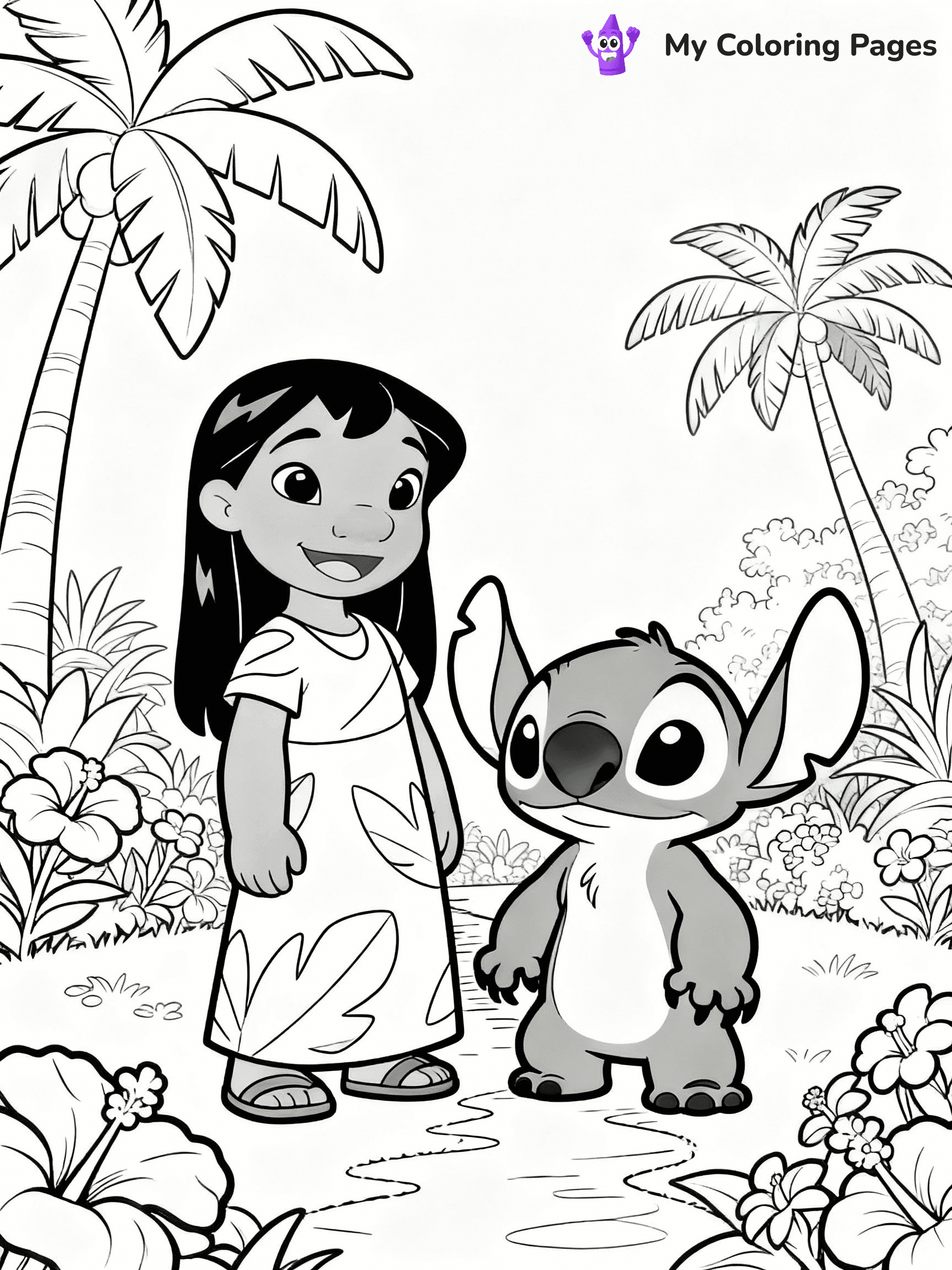 ⚠️ CRITICAL REQUIREMENT - ABSOLUTE BLACK AND WHITE ONLY ⚠️
This MUST be a BLACK AND WHITE line drawing ONLY. NO COLORS whatsoever.
- ONLY pure black lines (#000000) on pure white background (#FFFFFF)
- ABSOLUTELY NO colors, NO shading, NO gradients, NO grayscale
- If there are ANY colors in the output, the image is REJECTED
- This is a COLORING PAGE - meant to be COLORED IN by children
- The output must be UNCOLORED line art ready for coloring
⚠️ SUBJECT TO DRAW: Lilo and Stitch from Lilo & Stitch exploring a tropical garden. PURE OUTLINES. NO FILLS, SHADING, GREYSCALE. WHITE BACKGROUND.
(REMEMBER: Output must be BLACK AND WHITE line art only, NOT colored!)
# Flat, Friendly Cartoon Line-Art Coloring Page
You are generating a **pure black-and-white binary image** of a child-friendly cartoon scene combining characters and background scenery in one cohesive composition.
## Rendering Rules (Strict)
- Only two colors: pure black (#000000) outlines and pure white (#FFFFFF) background.
- No grayscale, shading, gradients, tints, fills, transparency, or partial pixels.
- No antialiasing or blended edges; every pixel is 100% black or white.
- No solid black fills inside shapes — all areas inside outlines must remain white.
- No dark clothing areas or filled tone blocks; all garments outlined only.
- No shadows, textures, lighting, or tonal variations.
- Must look like flat binary vector line-art for coloring pages.
- PURE BINARY LINE-ART; NO FILLS (HAIR/CLOTHES/SKIN), SHADING, OR GREY.
## Drawing & Composition
- **Medium, consistent line weight**; clean closed outlines easy to color inside.
- **Flat, simple, child-friendly design** — no realism or 3D depth.
- Characters are **grounded on a surface**, centered and large.
- **Balanced composition** with clear silhouettes and minimal props.
## Scenery & Style
- Landmarks (e.g., mosque, CN Tower) and scenery (trees, benches, waves) drawn with **black outlines only.**
- For real-world figures, teams, or places, show accurate details using only black outlines—no text or logos. Use distinctive uniform patterns, abstract symbols, and landmark silhouettes to convey identity.
- Keep **consistent perspective**; no floating elements.
- **Style:** whimsical **Doodle Art Alley** — rounded, friendly outlines.
- May adapt shapes from **Crayola, Disney, Peppa Pig, Cocomelon** — *by shape only, never color.*
- Final output: **flat, crisp, binary (#000000/#FFFFFF)**, **no filled color or background text.**
⚠️ FINAL REMINDER: Draw the subject "Lilo and Stitch from Lilo & Stitch exploring a tropical garden. PURE OUTLINES. NO FILLS, SHADING, GREYSCALE. WHITE BACKGROUND." as BLACK AND WHITE line art. Zero colors in output.