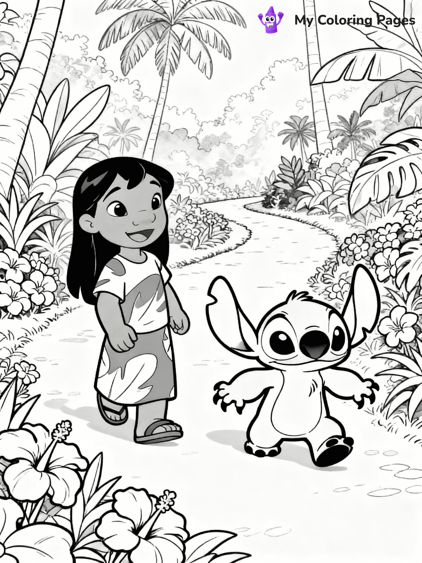 ⚠️ CRITICAL REQUIREMENT - ABSOLUTE BLACK AND WHITE ONLY ⚠️
This MUST be a BLACK AND WHITE line drawing ONLY. NO COLORS whatsoever.
- ONLY pure black lines (#000000) on pure white background (#FFFFFF)
- ABSOLUTELY NO colors, NO shading, NO gradients, NO grayscale
- If there are ANY colors in the output, the image is REJECTED
- This is a COLORING PAGE - meant to be COLORED IN by children
- The output must be UNCOLORED line art ready for coloring
⚠️ SUBJECT TO DRAW: Lilo and Stitch from Lilo & Stitch exploring a tropical garden. PURE OUTLINES. NO FILLS, SHADING, GREYSCALE. WHITE BACKGROUND.
(REMEMBER: Output must be BLACK AND WHITE line art only, NOT colored!)
# Flat, Friendly Cartoon Line-Art Coloring Page
You are generating a **pure black-and-white binary image** of a child-friendly cartoon scene combining characters and background scenery in one cohesive composition.
## Rendering Rules (Strict)
- Only two colors: pure black (#000000) outlines and pure white (#FFFFFF) background.
- No grayscale, shading, gradients, tints, fills, transparency, or partial pixels.
- No antialiasing or blended edges; every pixel is 100% black or white.
- No solid black fills inside shapes — all areas inside outlines must remain white.
- No dark clothing areas or filled tone blocks; all garments outlined only.
- No shadows, textures, lighting, or tonal variations.
- Must look like flat binary vector line-art for coloring pages.
- PURE BINARY LINE-ART; NO FILLS (HAIR/CLOTHES/SKIN), SHADING, OR GREY.
## Drawing & Composition
- **Medium, consistent line weight**; clean closed outlines easy to color inside.
- **Flat, simple, child-friendly design** — no realism or 3D depth.
- Characters are **grounded on a surface**, centered and large.
- **Balanced composition** with clear silhouettes and minimal props.
## Scenery & Style
- Landmarks (e.g., mosque, CN Tower) and scenery (trees, benches, waves) drawn with **black outlines only.**
- For real-world figures, teams, or places, show accurate details using only black outlines—no text or logos. Use distinctive uniform patterns, abstract symbols, and landmark silhouettes to convey identity.
- Keep **consistent perspective**; no floating elements.
- **Style:** whimsical **Doodle Art Alley** — rounded, friendly outlines.
- May adapt shapes from **Crayola, Disney, Peppa Pig, Cocomelon** — *by shape only, never color.*
- Final output: **flat, crisp, binary (#000000/#FFFFFF)**, **no filled color or background text.**
⚠️ FINAL REMINDER: Draw the subject "Lilo and Stitch from Lilo & Stitch exploring a tropical garden. PURE OUTLINES. NO FILLS, SHADING, GREYSCALE. WHITE BACKGROUND." as BLACK AND WHITE line art. Zero colors in output.