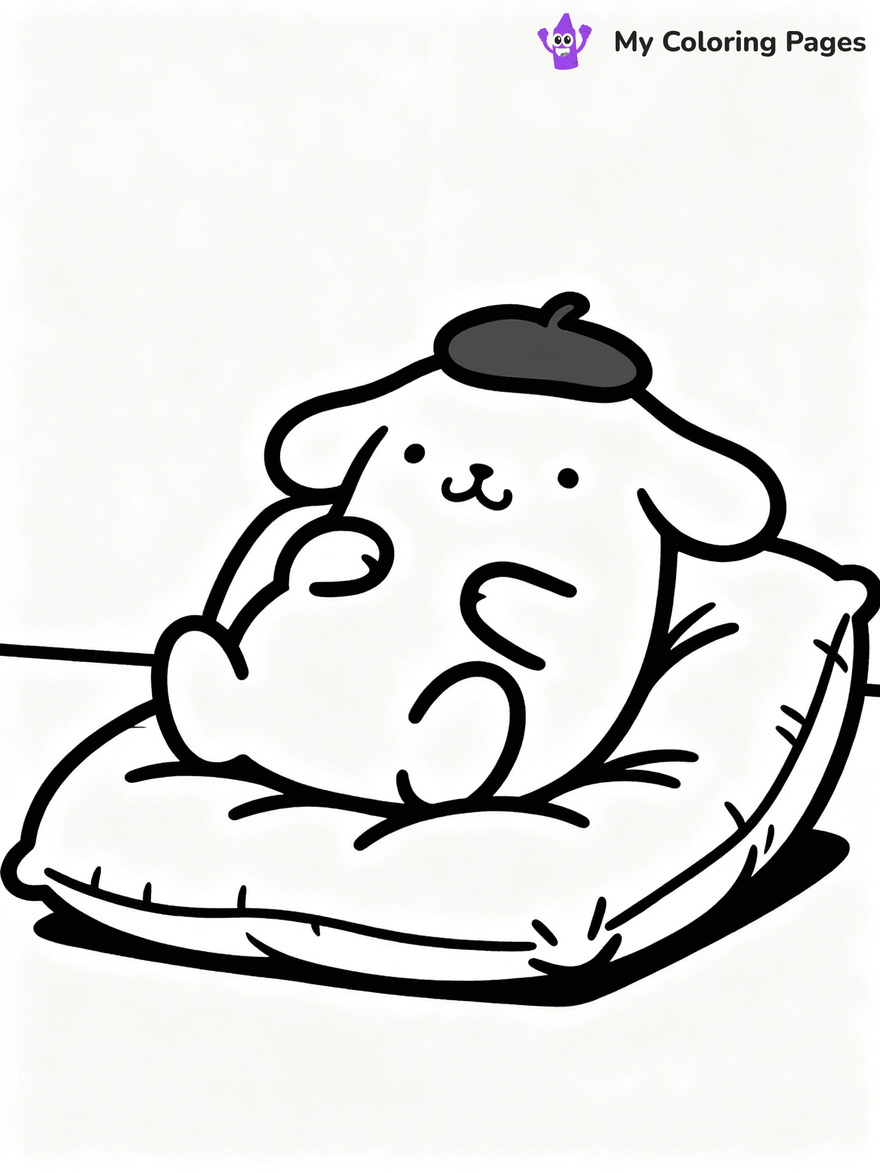 ⚠️ CRITICAL REQUIREMENT - ABSOLUTE BLACK AND WHITE ONLY ⚠️
This MUST be a BLACK AND WHITE line drawing ONLY. NO COLORS whatsoever.
- ONLY pure black lines (#000000) on pure white background (#FFFFFF)
- ABSOLUTELY NO colors, NO shading, NO gradients, NO grayscale
- If there are ANY colors in the output, the image is REJECTED
- This is a COLORING PAGE - meant to be COLORED IN by children
- The output must be UNCOLORED line art ready for coloring
⚠️ SUBJECT TO DRAW: Pompompurin from Sanrio lounging on a cushion, beret askew, paws tucked in. Important: PURE OUTLINES. NO FILLS, COLOR, SHADING, OR GREYSCALE. WHITE BACKGROUND.
(REMEMBER: Output must be BLACK AND WHITE line art only, NOT colored!)
# Flat, Friendly Cartoon Line-Art Coloring Page
You are generating a **pure black-and-white binary image** of a child-friendly cartoon scene combining characters and background scenery in one cohesive composition.
## Rendering Rules (Strict)
- Only two colors: pure black (#000000) outlines and pure white (#FFFFFF) background.
- No grayscale, shading, gradients, tints, fills, transparency, or partial pixels.
- No antialiasing or blended edges; every pixel is 100% black or white.
- No solid black fills inside shapes — all areas inside outlines must remain white.
- No dark clothing areas or filled tone blocks; all garments outlined only.
- No shadows, textures, lighting, or tonal variations.
- Must look like flat binary vector line-art for coloring pages.
## Drawing & Composition
- **Medium, consistent line weight**; clean closed outlines easy to color inside.
- **Flat, simple, child-friendly design** — no realism or 3D depth.
- Characters are **grounded on a surface**, centered and large.
- **Balanced composition** with clear silhouettes and minimal props.
## Scenery & Style
- Landmarks (e.g., mosque, CN Tower) and scenery (trees, benches, waves) drawn with **black outlines only.**
- For real-world figures, teams, or places, show accurate details using only black outlines—no text or logos. Use distinctive uniform patterns, abstract symbols, and landmark silhouettes to convey identity.
- Keep **consistent perspective**; no floating elements.
- **Style:** whimsical **Doodle Art Alley** — rounded, friendly outlines.
- May adapt shapes from **Crayola, Disney, Peppa Pig, Cocomelon** — *by shape only, never color.*
- Final output: **flat, crisp, binary (#000000/#FFFFFF)**, **no filled color or background text.**
EXTREMELYE IMPORTANT:
- PURE BINARY LINE-ART; NO FILLS (HAIR/CLOTHES/SKIN), SHADING, OR GREY.
- NO SHADING, COLOR. MUST BE WHITE BACKGROUND.
⚠️ FINAL REMINDER: Draw the subject "Pompompurin from Sanrio lounging on a cushion, beret askew, paws tucked in. Important: PURE OUTLINES. NO FILLS, COLOR, SHADING, OR GREYSCALE. WHITE BACKGROUND." as BLACK AND WHITE line art. Zero colors in output.