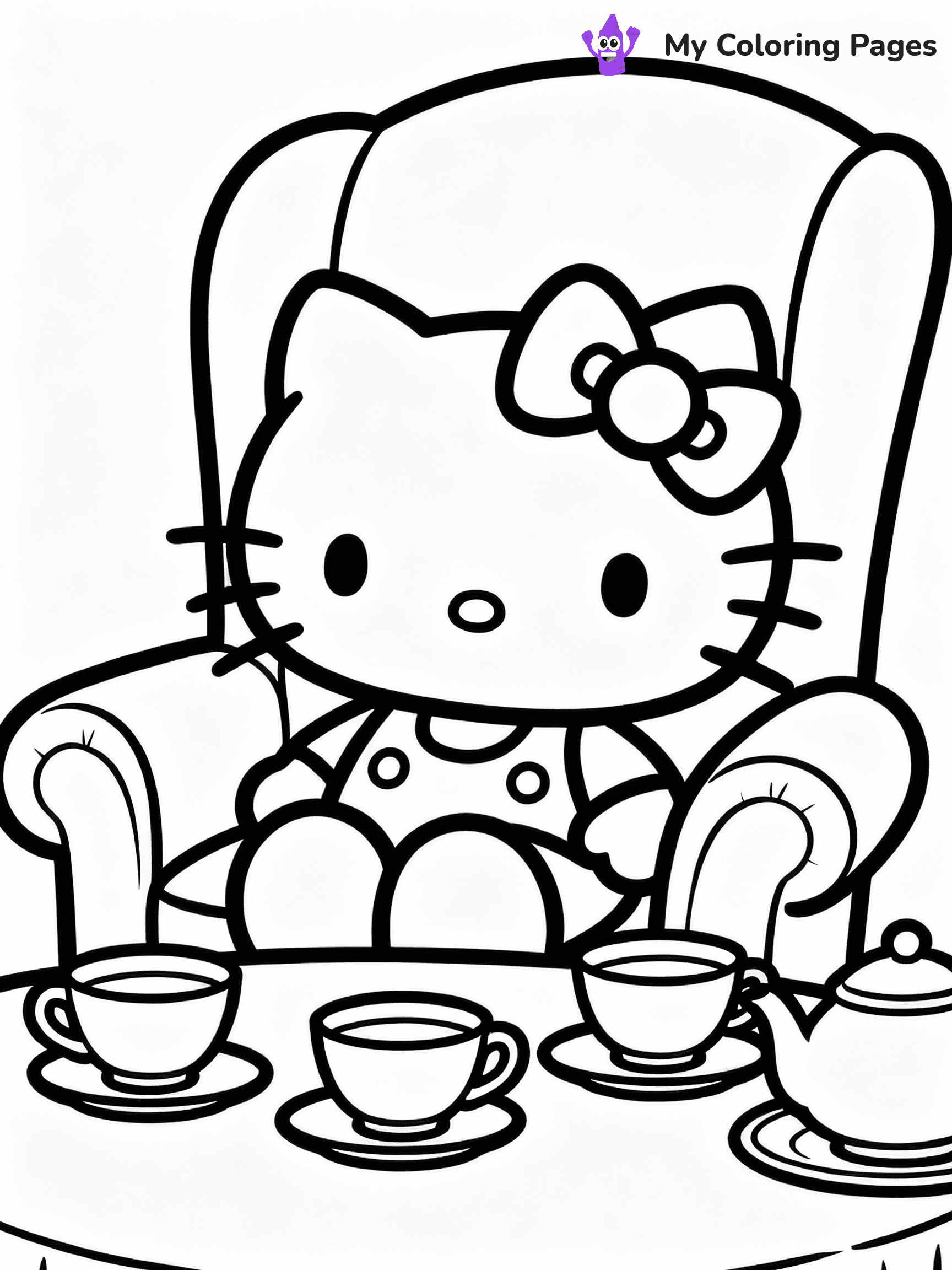 ⚠️ CRITICAL REQUIREMENT - ABSOLUTE BLACK AND WHITE ONLY ⚠️
This MUST be a BLACK AND WHITE line drawing ONLY. NO COLORS whatsoever.
- ONLY pure black lines (#000000) on pure white background (#FFFFFF)
- ABSOLUTELY NO colors, NO shading, NO gradients, NO grayscale
- If there are ANY colors in the output, the image is REJECTED
- This is a COLORING PAGE - meant to be COLORED IN by children
- The output must be UNCOLORED line art ready for coloring
⚠️ SUBJECT TO DRAW: Hello Kitty from Sanrio at a tea party, teacups set out, comfy chair. Important: PURE OUTLINES. NO FILLS, COLOR, SHADING, OR GREYSCALE. WHITE BACKGROUND.
(REMEMBER: Output must be BLACK AND WHITE line art only, NOT colored!)
# Flat, Friendly Cartoon Line-Art Coloring Page
You are generating a **pure black-and-white binary image** of a child-friendly cartoon scene combining characters and background scenery in one cohesive composition.
## Rendering Rules (Strict)
- Only two colors: pure black (#000000) outlines and pure white (#FFFFFF) background.
- No grayscale, shading, gradients, tints, fills, transparency, or partial pixels.
- No antialiasing or blended edges; every pixel is 100% black or white.
- No solid black fills inside shapes — all areas inside outlines must remain white.
- No dark clothing areas or filled tone blocks; all garments outlined only.
- No shadows, textures, lighting, or tonal variations.
- Must look like flat binary vector line-art for coloring pages.
## Drawing & Composition
- **Medium, consistent line weight**; clean closed outlines easy to color inside.
- **Flat, simple, child-friendly design** — no realism or 3D depth.
- Characters are **grounded on a surface**, centered and large.
- **Balanced composition** with clear silhouettes and minimal props.
## Scenery & Style
- Landmarks (e.g., mosque, CN Tower) and scenery (trees, benches, waves) drawn with **black outlines only.**
- For real-world figures, teams, or places, show accurate details using only black outlines—no text or logos. Use distinctive uniform patterns, abstract symbols, and landmark silhouettes to convey identity.
- Keep **consistent perspective**; no floating elements.
- **Style:** whimsical **Doodle Art Alley** — rounded, friendly outlines.
- May adapt shapes from **Crayola, Disney, Peppa Pig, Cocomelon** — *by shape only, never color.*
- Final output: **flat, crisp, binary (#000000/#FFFFFF)**, **no filled color or background text.**
EXTREMELYE IMPORTANT:
- PURE BINARY LINE-ART; NO FILLS (HAIR/CLOTHES/SKIN), SHADING, OR GREY.
- NO SHADING, COLOR. MUST BE WHITE BACKGROUND.
⚠️ FINAL REMINDER: Draw the subject "Hello Kitty from Sanrio at a tea party, teacups set out, comfy chair. Important: PURE OUTLINES. NO FILLS, COLOR, SHADING, OR GREYSCALE. WHITE BACKGROUND." as BLACK AND WHITE line art. Zero colors in output.