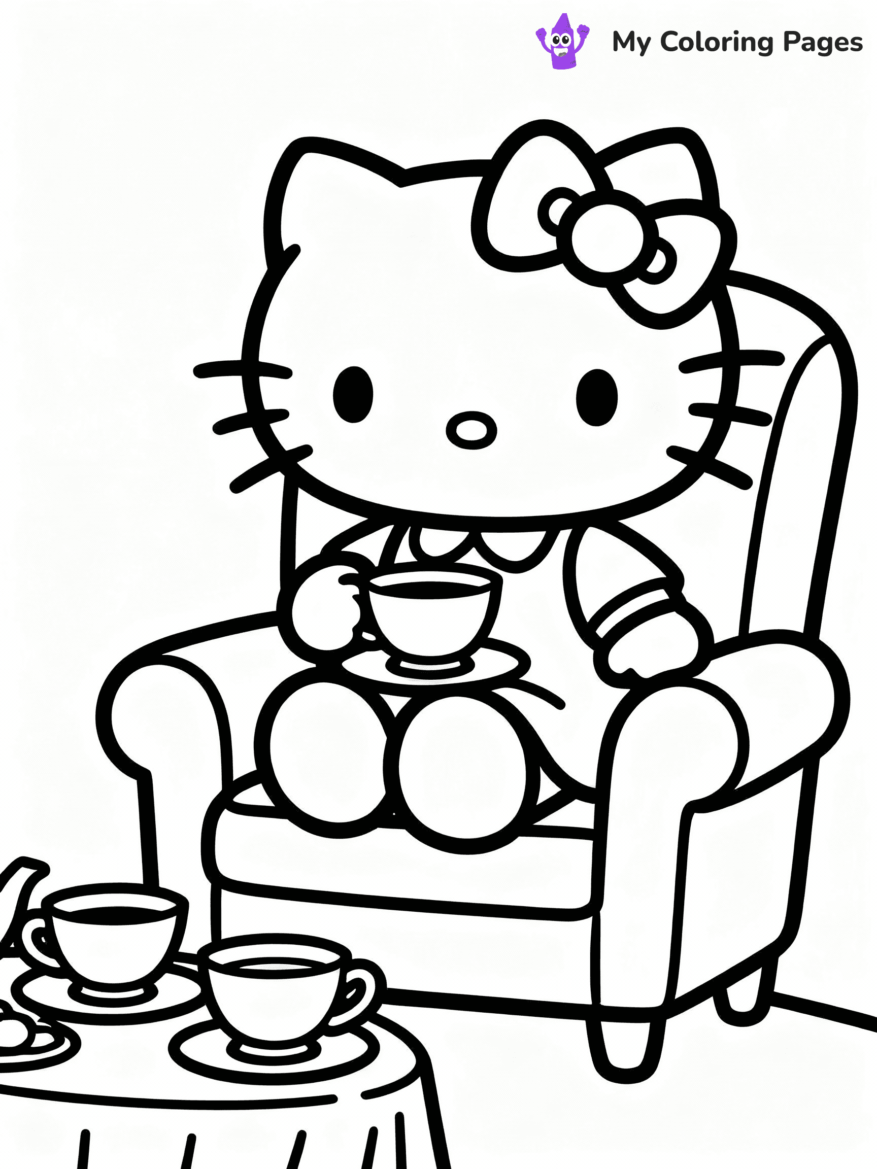 ⚠️ CRITICAL REQUIREMENT - ABSOLUTE BLACK AND WHITE ONLY ⚠️
This MUST be a BLACK AND WHITE line drawing ONLY. NO COLORS whatsoever.
- ONLY pure black lines (#000000) on pure white background (#FFFFFF)
- ABSOLUTELY NO colors, NO shading, NO gradients, NO grayscale
- If there are ANY colors in the output, the image is REJECTED
- This is a COLORING PAGE - meant to be COLORED IN by children
- The output must be UNCOLORED line art ready for coloring
⚠️ SUBJECT TO DRAW: Hello Kitty from Sanrio at a tea party, teacups set out, comfy chair. Important: PURE OUTLINES. NO FILLS, COLOR, SHADING, OR GREYSCALE. WHITE BACKGROUND.
(REMEMBER: Output must be BLACK AND WHITE line art only, NOT colored!)
# Flat, Friendly Cartoon Line-Art Coloring Page
You are generating a **pure black-and-white binary image** of a child-friendly cartoon scene combining characters and background scenery in one cohesive composition.
## Rendering Rules (Strict)
- Only two colors: pure black (#000000) outlines and pure white (#FFFFFF) background.
- No grayscale, shading, gradients, tints, fills, transparency, or partial pixels.
- No antialiasing or blended edges; every pixel is 100% black or white.
- No solid black fills inside shapes — all areas inside outlines must remain white.
- No dark clothing areas or filled tone blocks; all garments outlined only.
- No shadows, textures, lighting, or tonal variations.
- Must look like flat binary vector line-art for coloring pages.
## Drawing & Composition
- **Medium, consistent line weight**; clean closed outlines easy to color inside.
- **Flat, simple, child-friendly design** — no realism or 3D depth.
- Characters are **grounded on a surface**, centered and large.
- **Balanced composition** with clear silhouettes and minimal props.
## Scenery & Style
- Landmarks (e.g., mosque, CN Tower) and scenery (trees, benches, waves) drawn with **black outlines only.**
- For real-world figures, teams, or places, show accurate details using only black outlines—no text or logos. Use distinctive uniform patterns, abstract symbols, and landmark silhouettes to convey identity.
- Keep **consistent perspective**; no floating elements.
- **Style:** whimsical **Doodle Art Alley** — rounded, friendly outlines.
- May adapt shapes from **Crayola, Disney, Peppa Pig, Cocomelon** — *by shape only, never color.*
- Final output: **flat, crisp, binary (#000000/#FFFFFF)**, **no filled color or background text.**
EXTREMELYE IMPORTANT:
- PURE BINARY LINE-ART; NO FILLS (HAIR/CLOTHES/SKIN), SHADING, OR GREY.
- NO SHADING, COLOR. MUST BE WHITE BACKGROUND.
⚠️ FINAL REMINDER: Draw the subject "Hello Kitty from Sanrio at a tea party, teacups set out, comfy chair. Important: PURE OUTLINES. NO FILLS, COLOR, SHADING, OR GREYSCALE. WHITE BACKGROUND." as BLACK AND WHITE line art. Zero colors in output.