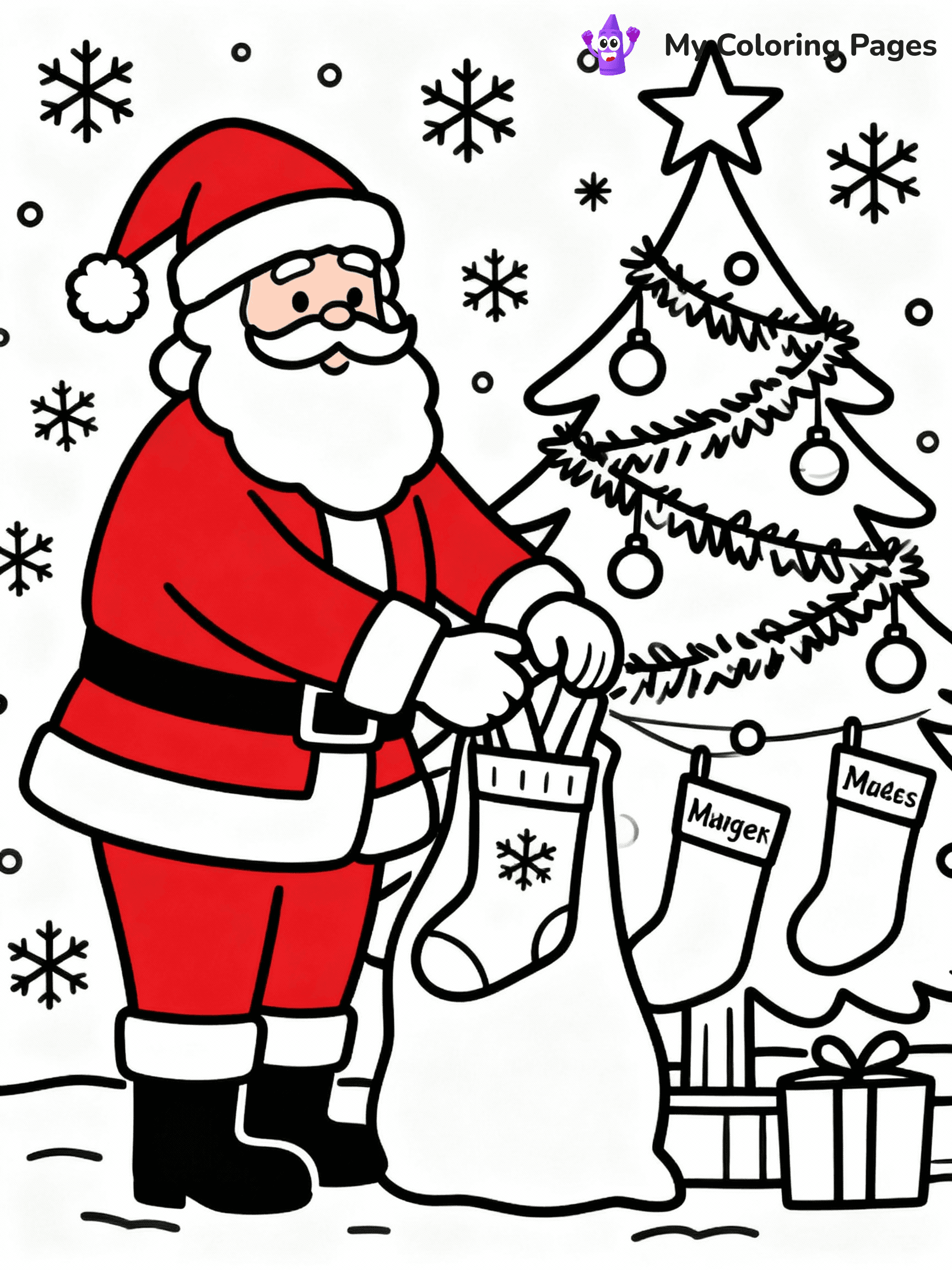 ⚠️ CRITICAL REQUIREMENT - ABSOLUTE BLACK AND WHITE ONLY ⚠️
This MUST be a BLACK AND WHITE line drawing ONLY. NO COLORS whatsoever.
- ONLY pure black lines (#000000) on pure white background (#FFFFFF)
- ABSOLUTELY NO colors, NO shading, NO gradients, NO grayscale
- If there are ANY colors in the output, the image is REJECTED
- This is a COLORING PAGE - meant to be COLORED IN by children
- The output must be UNCOLORED line art ready for coloring
⚠️ SUBJECT TO DRAW: Santa Claus with a Christmas tree, filling stockings, classic holiday style
(REMEMBER: Output must be BLACK AND WHITE line art only, NOT colored!)
# COLORING PAGE: BLACK OUTLINES ONLY - WHITE BACKGROUND MANDATORY
Create a **coloring book page** using EXACTLY two values: black lines, white space.
## NON-NEGOTIABLE BINARY RULES
- **ONLY #000000 (black) and #FFFFFF (white)** - NO other values exist
- **EVERY PIXEL = BLACK OR WHITE** - no gray/shading/antialiasing
- **WHITE BACKGROUND MANDATORY** - entire canvas stays white
- **ALL SHAPES HOLLOW** - everything is empty outlines waiting to be colored
- **FORBIDDEN:** fills, shading, gradients, patterns, textures, colors
- **NO SOLID REGIONS** - if it's not a thin line, it's wrong
## Universal Line Standards
- Black outlines ONLY - thin, uniform weight
- Every shape completely empty inside
- Closed contours suitable for coloring
- Clean flat illustration with appropriate detail - zero depth/3D/realism
- **Style:** Whimsical Doodle Art Alley - rounded, friendly outlines with age-appropriate detail (unless specified)
## Everything = Detailed Outline Only
- Characters/animals: hollow shapes with clear features
- Objects/clothing: empty contours with appropriate details
- Backgrounds/scenery: line work only
- Natural elements: outlined forms
- Dark/night areas: don't exist (use outlined symbols)
- Textures/patterns: convert to outlined decorative elements
## The Test
Can a child color EVERY white space with crayons? If any area is pre-filled/shaded/gray, it FAILS. Every shape must be waiting to receive color.
**FINAL OUTPUT**: Binary coloring page. Black lines define shapes. White spaces ready for coloring. Nothing else exists. No exceptions. Print-ready.
⚠️ FINAL REMINDER: Draw the subject "Santa Claus with a Christmas tree, filling stockings, classic holiday style" as BLACK AND WHITE line art. Zero colors in output.