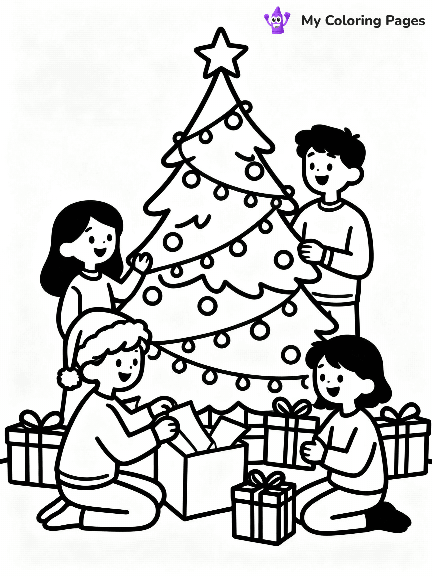 ⚠️ CRITICAL REQUIREMENT - ABSOLUTE BLACK AND WHITE ONLY ⚠️
This MUST be a BLACK AND WHITE line drawing ONLY. NO COLORS whatsoever.
- ONLY pure black lines (#000000) on pure white background (#FFFFFF)
- ABSOLUTELY NO colors, NO shading, NO gradients, NO grayscale
- If there are ANY colors in the output, the image is REJECTED
- This is a COLORING PAGE - meant to be COLORED IN by children
- The output must be UNCOLORED line art ready for coloring
⚠️ SUBJECT TO DRAW: Family gathered around a Christmas tree, opening gifts, joyful holiday style
(REMEMBER: Output must be BLACK AND WHITE line art only, NOT colored!)
# COLORING PAGE: BLACK OUTLINES ONLY - WHITE BACKGROUND MANDATORY
Create a **coloring book page** using EXACTLY two values: black lines, white space.
## NON-NEGOTIABLE BINARY RULES
- **ONLY #000000 (black) and #FFFFFF (white)** - NO other values exist
- **EVERY PIXEL = BLACK OR WHITE** - no gray/shading/antialiasing
- **WHITE BACKGROUND MANDATORY** - entire canvas stays white
- **ALL SHAPES HOLLOW** - everything is empty outlines waiting to be colored
- **FORBIDDEN:** fills, shading, gradients, patterns, textures, colors
- **NO SOLID REGIONS** - if it's not a thin line, it's wrong
## Universal Line Standards
- Black outlines ONLY - thin, uniform weight
- Every shape completely empty inside
- Closed contours suitable for coloring
- Clean flat illustration with appropriate detail - zero depth/3D/realism
- **Style:** Whimsical Doodle Art Alley - rounded, friendly outlines with age-appropriate detail (unless specified)
## Everything = Detailed Outline Only
- Characters/animals: hollow shapes with clear features
- Objects/clothing: empty contours with appropriate details
- Backgrounds/scenery: line work only
- Natural elements: outlined forms
- Dark/night areas: don't exist (use outlined symbols)
- Textures/patterns: convert to outlined decorative elements
## The Test
Can a child color EVERY white space with crayons? If any area is pre-filled/shaded/gray, it FAILS. Every shape must be waiting to receive color.
**FINAL OUTPUT**: Binary coloring page. Black lines define shapes. White spaces ready for coloring. Nothing else exists. No exceptions. Print-ready.
⚠️ FINAL REMINDER: Draw the subject "Family gathered around a Christmas tree, opening gifts, joyful holiday style" as BLACK AND WHITE line art. Zero colors in output.