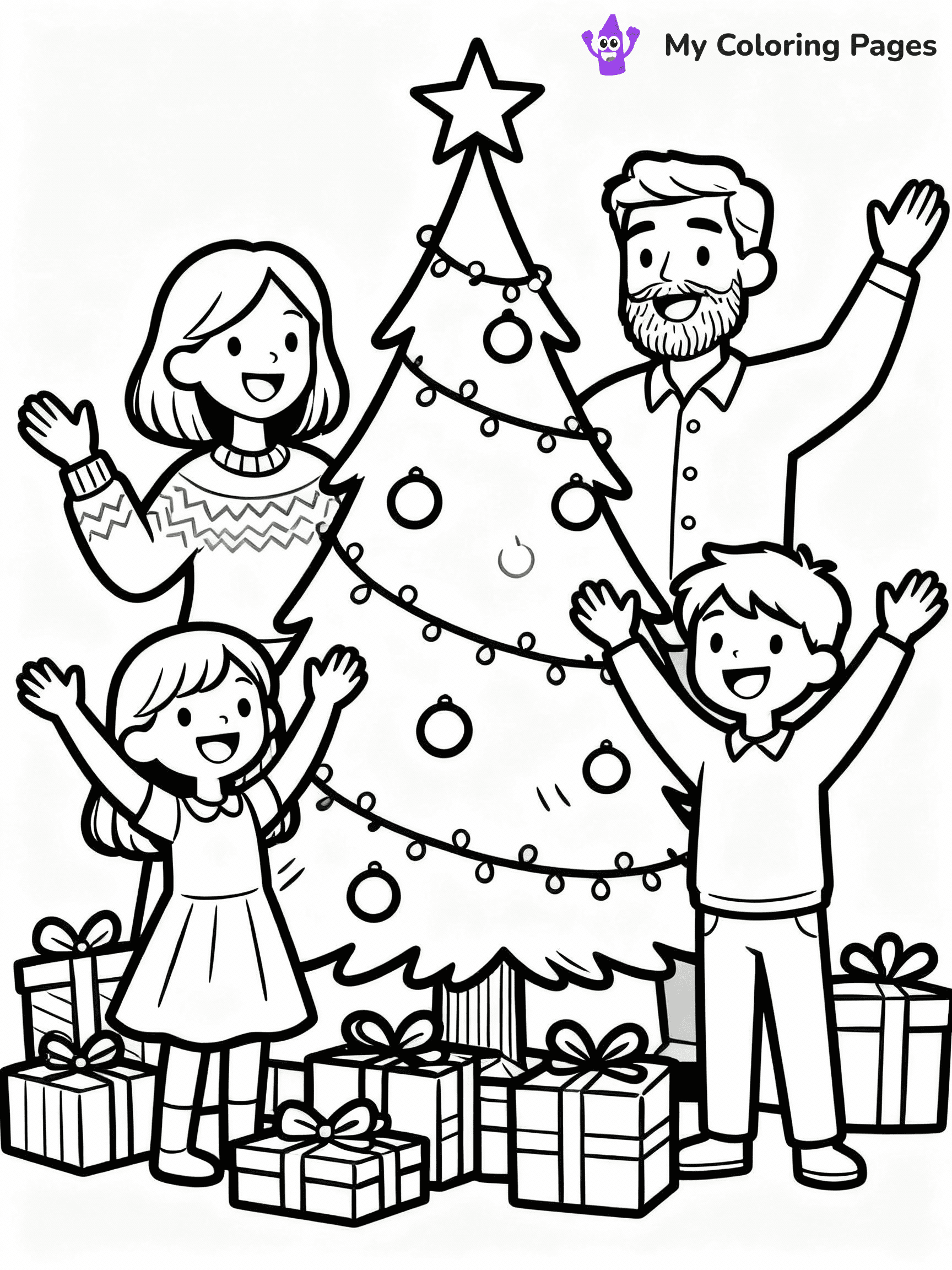 ⚠️ CRITICAL REQUIREMENT - ABSOLUTE BLACK AND WHITE ONLY ⚠️
This MUST be a BLACK AND WHITE line drawing ONLY. NO COLORS whatsoever.
- ONLY pure black lines (#000000) on pure white background (#FFFFFF)
- ABSOLUTELY NO colors, NO shading, NO gradients, NO grayscale
- If there are ANY colors in the output, the image is REJECTED
- This is a COLORING PAGE - meant to be COLORED IN by children
- The output must be UNCOLORED line art ready for coloring
⚠️ SUBJECT TO DRAW: Family gathered around a Christmas tree, opening gifts, joyful holiday style
(REMEMBER: Output must be BLACK AND WHITE line art only, NOT colored!)
# COLORING PAGE: BLACK OUTLINES ONLY - WHITE BACKGROUND MANDATORY
Create a **coloring book page** using EXACTLY two values: black lines, white space.
## NON-NEGOTIABLE BINARY RULES
- **ONLY #000000 (black) and #FFFFFF (white)** - NO other values exist
- **EVERY PIXEL = BLACK OR WHITE** - no gray/shading/antialiasing
- **WHITE BACKGROUND MANDATORY** - entire canvas stays white
- **ALL SHAPES HOLLOW** - everything is empty outlines waiting to be colored
- **FORBIDDEN:** fills, shading, gradients, patterns, textures, colors
- **NO SOLID REGIONS** - if it's not a thin line, it's wrong
## Universal Line Standards
- Black outlines ONLY - thin, uniform weight
- Every shape completely empty inside
- Closed contours suitable for coloring
- Clean flat illustration with appropriate detail - zero depth/3D/realism
- **Style:** Whimsical Doodle Art Alley - rounded, friendly outlines with age-appropriate detail (unless specified)
## Everything = Detailed Outline Only
- Characters/animals: hollow shapes with clear features
- Objects/clothing: empty contours with appropriate details
- Backgrounds/scenery: line work only
- Natural elements: outlined forms
- Dark/night areas: don't exist (use outlined symbols)
- Textures/patterns: convert to outlined decorative elements
## The Test
Can a child color EVERY white space with crayons? If any area is pre-filled/shaded/gray, it FAILS. Every shape must be waiting to receive color.
**FINAL OUTPUT**: Binary coloring page. Black lines define shapes. White spaces ready for coloring. Nothing else exists. No exceptions. Print-ready.
⚠️ FINAL REMINDER: Draw the subject "Family gathered around a Christmas tree, opening gifts, joyful holiday style" as BLACK AND WHITE line art. Zero colors in output.