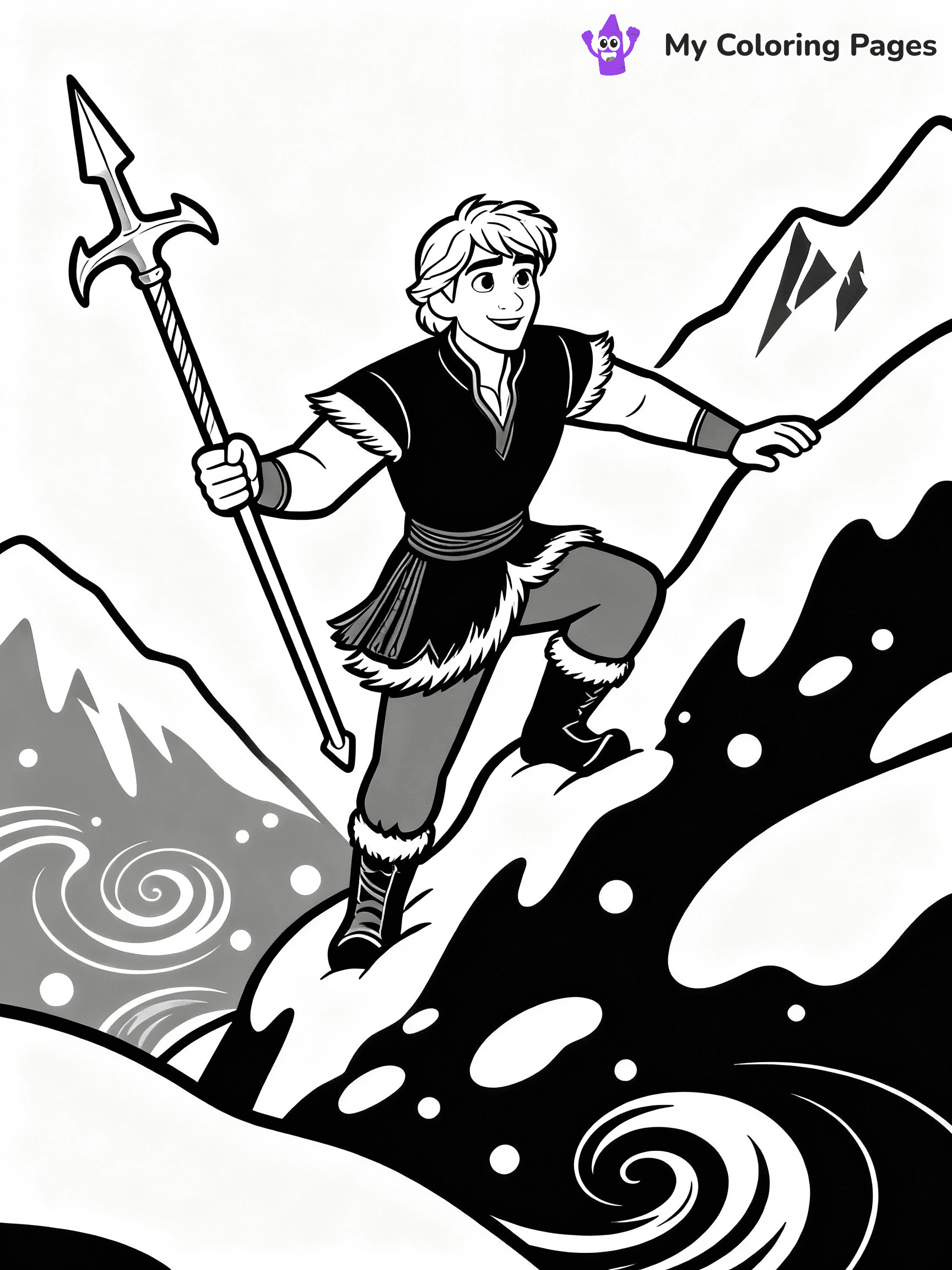 ⚠️ CRITICAL REQUIREMENT - ABSOLUTE BLACK AND WHITE ONLY ⚠️
This MUST be a BLACK AND WHITE line drawing ONLY. NO COLORS whatsoever.
- ONLY pure black lines (#000000) on pure white background (#FFFFFF)
- ABSOLUTELY NO colors, NO shading, NO gradients, NO grayscale
- If there are ANY colors in the output, the image is REJECTED
- This is a COLORING PAGE - meant to be COLORED IN by children
- The output must be UNCOLORED line art ready for coloring
⚠️ SUBJECT TO DRAW: Kristoff from Frozen climbing a mountain, ice pick in hand, snow swirling. Important: PURE OUTLINES. NO FILLS, COLOR, SHADING, OR GREYSCALE. WHITE BACKGROUND.
(REMEMBER: Output must be BLACK AND WHITE line art only, NOT colored!)
# Binary Line-Art Coloring Page - STRICT NO COLOR/FILLS
Generate a **printable coloring page**: black outlines on WHITE background ONLY.
## ABSOLUTE RULES - BINARY OUTPUT
- **EXACTLY 2 VALUES**: Black lines (#000000) + White background (#FFFFFF)
- **WHITE BACKGROUND ALWAYS** - never black/colored/gray backgrounds
- **ZERO COLOR** - no red/blue/yellow/etc - pure monochrome only
- **NO FILLS** - every shape interior stays white (including clothes/hair/objects)
- **NO SHADING/GRADIENTS** - no gray, texture, patterns, or tonal variation
- All black pixels must be outlines only - no solid black regions
## Universal Line Standards
- Clean black outlines, uniform medium weight
- Closed shapes suitable for coloring inside
- Simple flat illustration style - no 3D/realism/shadows
- Age-appropriate, clear boundaries between all elements
## Composition Rules
- Center main subject(s) with appropriate scale
- Ground elements naturally (no floating unless flying/swimming)
- Background elements = outline only (buildings/nature/objects)
- Consistent perspective throughout scene
## Special Cases
**Dark/Night Scenes**: Keep white background, use outlined moon/stars
**Water/Sky**: Draw as outlined shapes/waves/clouds, never filled
**Patterns/Textures**: Convert to simple outlined shapes
**Text/Logos**: Replace with abstract outlined symbols
**FINAL OUTPUT**: Pure binary line-art. Every pixel either #000000 or #FFFFFF. No exceptions. Ready for children to color with crayons/markers.
⚠️ FINAL REMINDER: Draw the subject "Kristoff from Frozen climbing a mountain, ice pick in hand, snow swirling. Important: PURE OUTLINES. NO FILLS, COLOR, SHADING, OR GREYSCALE. WHITE BACKGROUND." as BLACK AND WHITE line art. Zero colors in output.