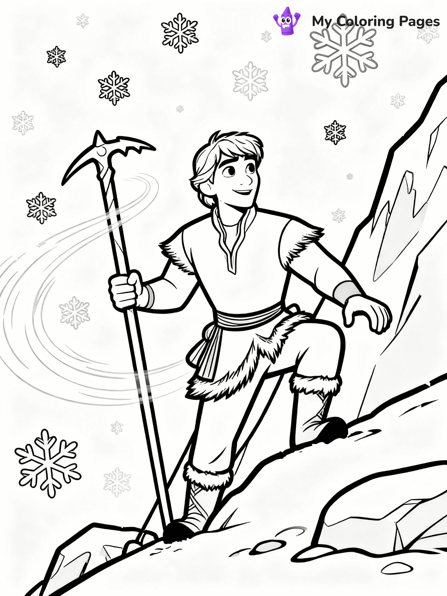 ⚠️ CRITICAL REQUIREMENT - ABSOLUTE BLACK AND WHITE ONLY ⚠️
This MUST be a BLACK AND WHITE line drawing ONLY. NO COLORS whatsoever.
- ONLY pure black lines (#000000) on pure white background (#FFFFFF)
- ABSOLUTELY NO colors, NO shading, NO gradients, NO grayscale
- If there are ANY colors in the output, the image is REJECTED
- This is a COLORING PAGE - meant to be COLORED IN by children
- The output must be UNCOLORED line art ready for coloring
⚠️ SUBJECT TO DRAW: Kristoff from Frozen climbing a mountain, ice pick in hand, snow swirling. Important: PURE OUTLINES. NO FILLS, COLOR, SHADING, OR GREYSCALE. WHITE BACKGROUND.
(REMEMBER: Output must be BLACK AND WHITE line art only, NOT colored!)
# Binary Line-Art Coloring Page - STRICT NO COLOR/FILLS
Generate a **printable coloring page**: black outlines on WHITE background ONLY.
## ABSOLUTE RULES - BINARY OUTPUT
- **EXACTLY 2 VALUES**: Black lines (#000000) + White background (#FFFFFF)
- **WHITE BACKGROUND ALWAYS** - never black/colored/gray backgrounds
- **ZERO COLOR** - no red/blue/yellow/etc - pure monochrome only
- **NO FILLS** - every shape interior stays white (including clothes/hair/objects)
- **NO SHADING/GRADIENTS** - no gray, texture, patterns, or tonal variation
- All black pixels must be outlines only - no solid black regions
## Universal Line Standards
- Clean black outlines, uniform medium weight
- Closed shapes suitable for coloring inside
- Simple flat illustration style - no 3D/realism/shadows
- Age-appropriate, clear boundaries between all elements
## Composition Rules
- Center main subject(s) with appropriate scale
- Ground elements naturally (no floating unless flying/swimming)
- Background elements = outline only (buildings/nature/objects)
- Consistent perspective throughout scene
## Special Cases
**Dark/Night Scenes**: Keep white background, use outlined moon/stars
**Water/Sky**: Draw as outlined shapes/waves/clouds, never filled
**Patterns/Textures**: Convert to simple outlined shapes
**Text/Logos**: Replace with abstract outlined symbols
**FINAL OUTPUT**: Pure binary line-art. Every pixel either #000000 or #FFFFFF. No exceptions. Ready for children to color with crayons/markers.
⚠️ FINAL REMINDER: Draw the subject "Kristoff from Frozen climbing a mountain, ice pick in hand, snow swirling. Important: PURE OUTLINES. NO FILLS, COLOR, SHADING, OR GREYSCALE. WHITE BACKGROUND." as BLACK AND WHITE line art. Zero colors in output.