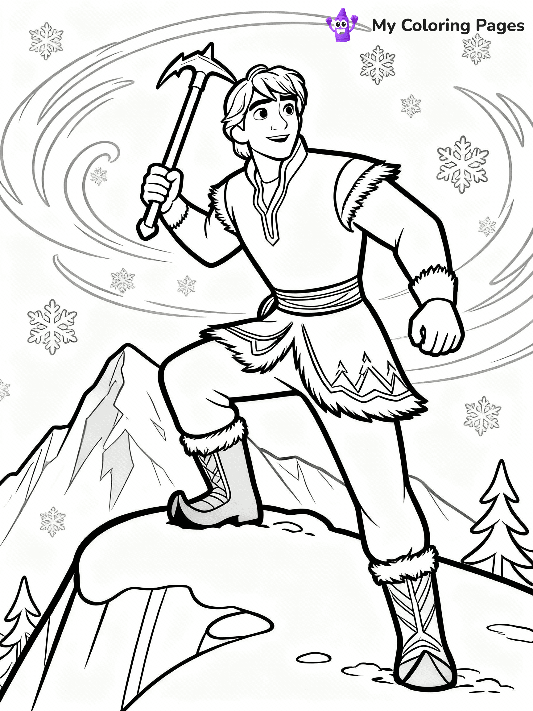 ⚠️ CRITICAL REQUIREMENT - ABSOLUTE BLACK AND WHITE ONLY ⚠️
This MUST be a BLACK AND WHITE line drawing ONLY. NO COLORS whatsoever.
- ONLY pure black lines (#000000) on pure white background (#FFFFFF)
- ABSOLUTELY NO colors, NO shading, NO gradients, NO grayscale
- If there are ANY colors in the output, the image is REJECTED
- This is a COLORING PAGE - meant to be COLORED IN by children
- The output must be UNCOLORED line art ready for coloring
⚠️ SUBJECT TO DRAW: Kristoff from Frozen climbing a mountain, ice pick in hand, snow swirling. Important: PURE OUTLINES. NO FILLS, COLOR, SHADING, OR GREYSCALE. WHITE BACKGROUND.
(REMEMBER: Output must be BLACK AND WHITE line art only, NOT colored!)
# Binary Line-Art Coloring Page - STRICT NO COLOR/FILLS
Generate a **printable coloring page**: black outlines on WHITE background ONLY.
## ABSOLUTE RULES - BINARY OUTPUT
- **EXACTLY 2 VALUES**: Black lines (#000000) + White background (#FFFFFF)
- **WHITE BACKGROUND ALWAYS** - never black/colored/gray backgrounds
- **ZERO COLOR** - no red/blue/yellow/etc - pure monochrome only
- **NO FILLS** - every shape interior stays white (including clothes/hair/objects)
- **NO SHADING/GRADIENTS** - no gray, texture, patterns, or tonal variation
- All black pixels must be outlines only - no solid black regions
## Universal Line Standards
- Clean black outlines, uniform medium weight
- Closed shapes suitable for coloring inside
- Simple flat illustration style - no 3D/realism/shadows
- Age-appropriate, clear boundaries between all elements
## Composition Rules
- Center main subject(s) with appropriate scale
- Ground elements naturally (no floating unless flying/swimming)
- Background elements = outline only (buildings/nature/objects)
- Consistent perspective throughout scene
## Special Cases
**Dark/Night Scenes**: Keep white background, use outlined moon/stars
**Water/Sky**: Draw as outlined shapes/waves/clouds, never filled
**Patterns/Textures**: Convert to simple outlined shapes
**Text/Logos**: Replace with abstract outlined symbols
**FINAL OUTPUT**: Pure binary line-art. Every pixel either #000000 or #FFFFFF. No exceptions. Ready for children to color with crayons/markers.
⚠️ FINAL REMINDER: Draw the subject "Kristoff from Frozen climbing a mountain, ice pick in hand, snow swirling. Important: PURE OUTLINES. NO FILLS, COLOR, SHADING, OR GREYSCALE. WHITE BACKGROUND." as BLACK AND WHITE line art. Zero colors in output.