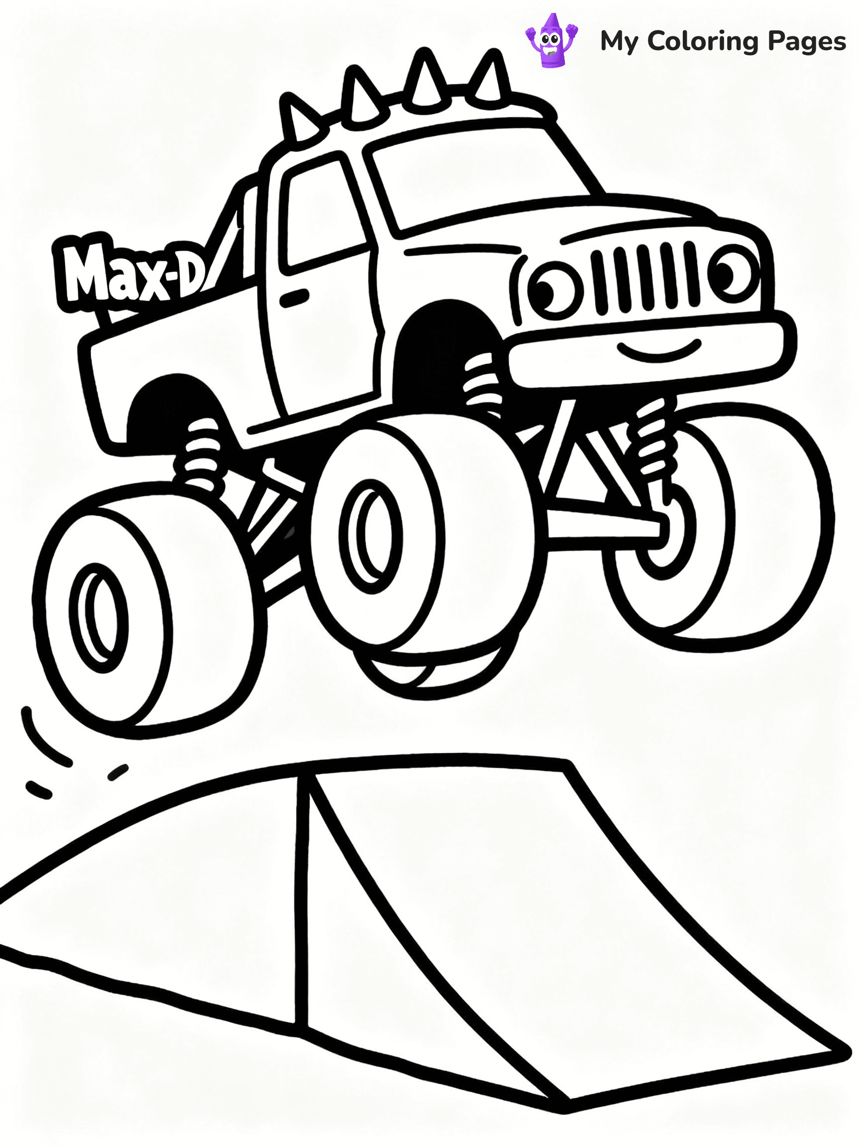 ⚠️ CRITICAL REQUIREMENT - ABSOLUTE BLACK AND WHITE ONLY ⚠️
This MUST be a BLACK AND WHITE line drawing ONLY. NO COLORS whatsoever.
- ONLY pure black lines (#000000) on pure white background (#FFFFFF)
- ABSOLUTELY NO colors, NO shading, NO gradients, NO grayscale
- If there are ANY colors in the output, the image is REJECTED
- This is a COLORING PAGE - meant to be COLORED IN by children
- The output must be UNCOLORED line art ready for coloring
⚠️ SUBJECT TO DRAW: Max-D from Monster Trucks, spikes on hood, jumping over a ramp.
(REMEMBER: Output must be BLACK AND WHITE line art only, NOT colored!)
# COLORING PAGE: BLACK OUTLINES ONLY - WHITE BACKGROUND MANDATORY
Create a **coloring book page** using EXACTLY two values: black lines, white space.
## NON-NEGOTIABLE BINARY RULES
- **ONLY #000000 (black) and #FFFFFF (white)** - NO other values exist
- **EVERY PIXEL = BLACK OR WHITE** - no gray/shading/antialiasing
- **WHITE BACKGROUND MANDATORY** - entire canvas stays white
- **ALL SHAPES HOLLOW** - everything is empty outlines waiting to be colored
- **FORBIDDEN:** fills, shading, gradients, patterns, textures, colors
- **NO SOLID REGIONS** - if it's not a thin line, it's wrong
## Universal Line Standards
- Black outlines ONLY - thin, uniform weight
- Every shape completely empty inside
- Closed contours suitable for coloring
- Simple flat illustration - zero depth/3D/realism
- **Style:** Whimsical Doodle Art Alley - rounded, friendly outlines (unless specified)
## Everything = Outline Only
- Characters/animals: hollow shapes
- Objects/clothing: empty contours
- Backgrounds/scenery: line work only
- Natural elements: outlined forms
- Dark/night areas: don't exist (use outlined symbols)
- Textures/patterns: convert to simple lines
## The Test
Can a child color EVERY white space with crayons? If any area is pre-filled/shaded/gray, it FAILS. Every shape must be waiting to receive color.
**FINAL OUTPUT**: Binary coloring page. Black lines define shapes. White spaces ready for coloring. Nothing else exists. No exceptions. Print-ready.
⚠️ FINAL REMINDER: Draw the subject "Max-D from Monster Trucks, spikes on hood, jumping over a ramp." as BLACK AND WHITE line art. Zero colors in output.