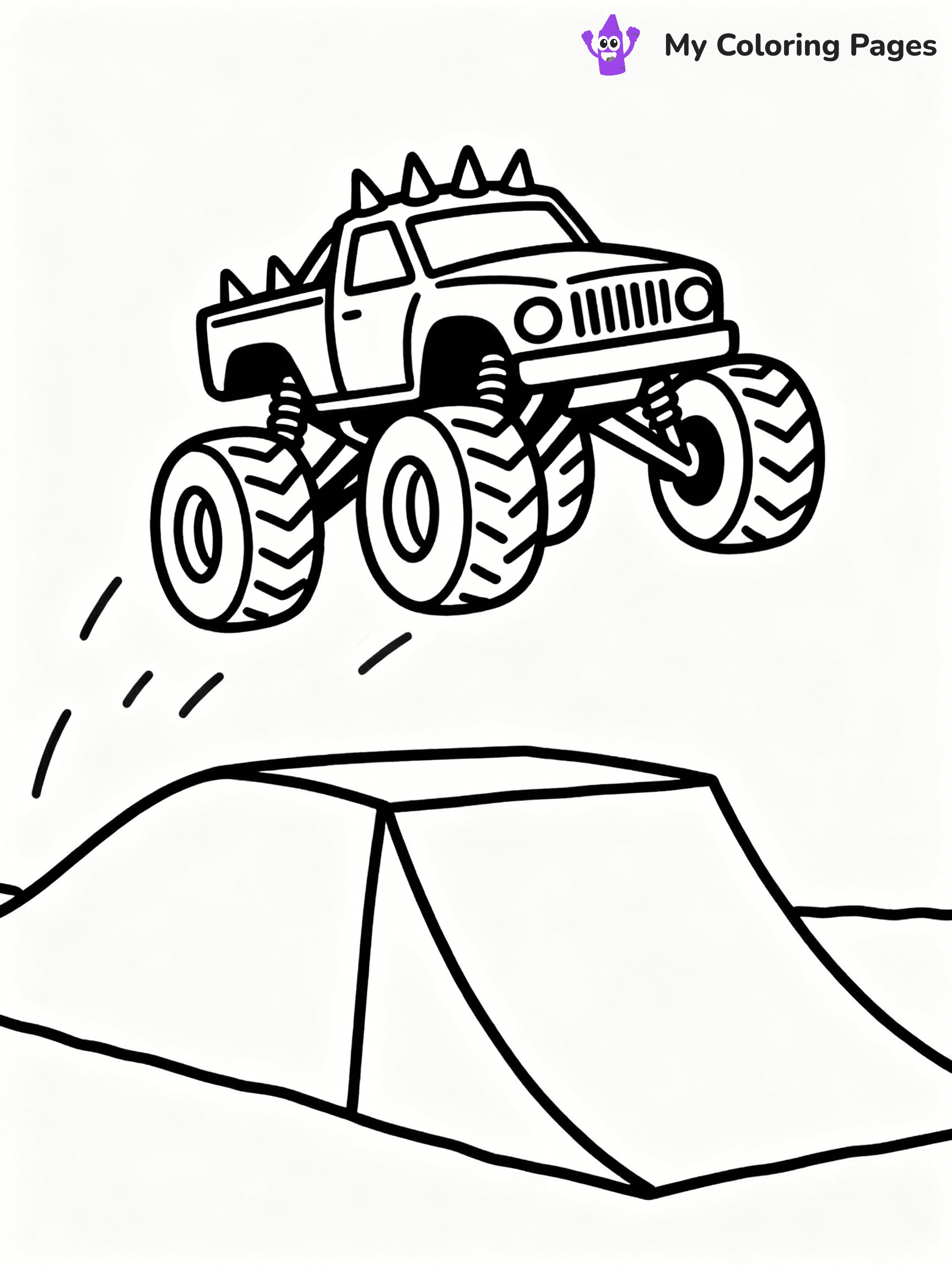 ⚠️ CRITICAL REQUIREMENT - ABSOLUTE BLACK AND WHITE ONLY ⚠️
This MUST be a BLACK AND WHITE line drawing ONLY. NO COLORS whatsoever.
- ONLY pure black lines (#000000) on pure white background (#FFFFFF)
- ABSOLUTELY NO colors, NO shading, NO gradients, NO grayscale
- If there are ANY colors in the output, the image is REJECTED
- This is a COLORING PAGE - meant to be COLORED IN by children
- The output must be UNCOLORED line art ready for coloring
⚠️ SUBJECT TO DRAW: Max-D from Monster Trucks, spikes on hood, jumping over a ramp.
(REMEMBER: Output must be BLACK AND WHITE line art only, NOT colored!)
# COLORING PAGE: BLACK OUTLINES ONLY - WHITE BACKGROUND MANDATORY
Create a **coloring book page** using EXACTLY two values: black lines, white space.
## NON-NEGOTIABLE BINARY RULES
- **ONLY #000000 (black) and #FFFFFF (white)** - NO other values exist
- **EVERY PIXEL = BLACK OR WHITE** - no gray/shading/antialiasing
- **WHITE BACKGROUND MANDATORY** - entire canvas stays white
- **ALL SHAPES HOLLOW** - everything is empty outlines waiting to be colored
- **FORBIDDEN:** fills, shading, gradients, patterns, textures, colors
- **NO SOLID REGIONS** - if it's not a thin line, it's wrong
## Universal Line Standards
- Black outlines ONLY - thin, uniform weight
- Every shape completely empty inside
- Closed contours suitable for coloring
- Simple flat illustration - zero depth/3D/realism
- **Style:** Whimsical Doodle Art Alley - rounded, friendly outlines (unless specified)
## Everything = Outline Only
- Characters/animals: hollow shapes
- Objects/clothing: empty contours
- Backgrounds/scenery: line work only
- Natural elements: outlined forms
- Dark/night areas: don't exist (use outlined symbols)
- Textures/patterns: convert to simple lines
## The Test
Can a child color EVERY white space with crayons? If any area is pre-filled/shaded/gray, it FAILS. Every shape must be waiting to receive color.
**FINAL OUTPUT**: Binary coloring page. Black lines define shapes. White spaces ready for coloring. Nothing else exists. No exceptions. Print-ready.
⚠️ FINAL REMINDER: Draw the subject "Max-D from Monster Trucks, spikes on hood, jumping over a ramp." as BLACK AND WHITE line art. Zero colors in output.