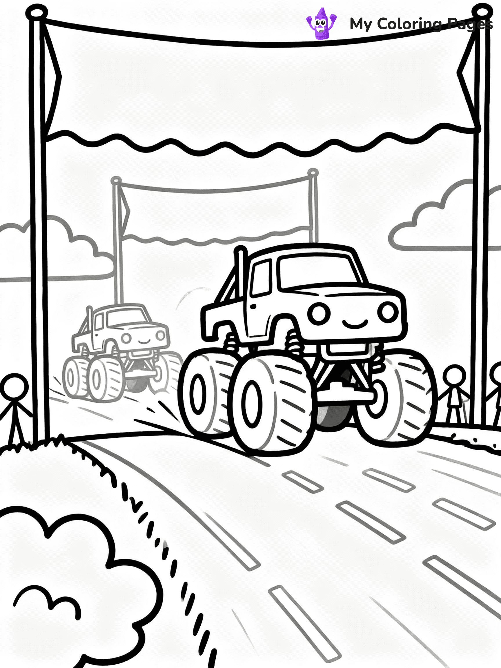 ⚠️ CRITICAL REQUIREMENT - ABSOLUTE BLACK AND WHITE ONLY ⚠️
This MUST be a BLACK AND WHITE line drawing ONLY. NO COLORS whatsoever.
- ONLY pure black lines (#000000) on pure white background (#FFFFFF)
- ABSOLUTELY NO colors, NO shading, NO gradients, NO grayscale
- If there are ANY colors in the output, the image is REJECTED
- This is a COLORING PAGE - meant to be COLORED IN by children
- The output must be UNCOLORED line art ready for coloring
⚠️ SUBJECT TO DRAW: Monster truck rally scene from Monster Trucks, trucks racing under bright banners.
(REMEMBER: Output must be BLACK AND WHITE line art only, NOT colored!)
# COLORING PAGE: BLACK OUTLINES ONLY - WHITE BACKGROUND MANDATORY
Create a **coloring book page** using EXACTLY two values: black lines, white space.
## NON-NEGOTIABLE BINARY RULES
- **ONLY #000000 (black) and #FFFFFF (white)** - NO other values exist
- **EVERY PIXEL = BLACK OR WHITE** - no gray/shading/antialiasing
- **WHITE BACKGROUND MANDATORY** - entire canvas stays white
- **ALL SHAPES HOLLOW** - everything is empty outlines waiting to be colored
- **FORBIDDEN:** fills, shading, gradients, patterns, textures, colors
- **NO SOLID REGIONS** - if it's not a thin line, it's wrong
## Universal Line Standards
- Black outlines ONLY - thin, uniform weight
- Every shape completely empty inside
- Closed contours suitable for coloring
- Simple flat illustration - zero depth/3D/realism
- **Style:** Whimsical Doodle Art Alley - rounded, friendly outlines (unless specified)
## Everything = Outline Only
- Characters/animals: hollow shapes
- Objects/clothing: empty contours
- Backgrounds/scenery: line work only
- Natural elements: outlined forms
- Dark/night areas: don't exist (use outlined symbols)
- Textures/patterns: convert to simple lines
## The Test
Can a child color EVERY white space with crayons? If any area is pre-filled/shaded/gray, it FAILS. Every shape must be waiting to receive color.
**FINAL OUTPUT**: Binary coloring page. Black lines define shapes. White spaces ready for coloring. Nothing else exists. No exceptions. Print-ready.
⚠️ FINAL REMINDER: Draw the subject "Monster truck rally scene from Monster Trucks, trucks racing under bright banners." as BLACK AND WHITE line art. Zero colors in output.