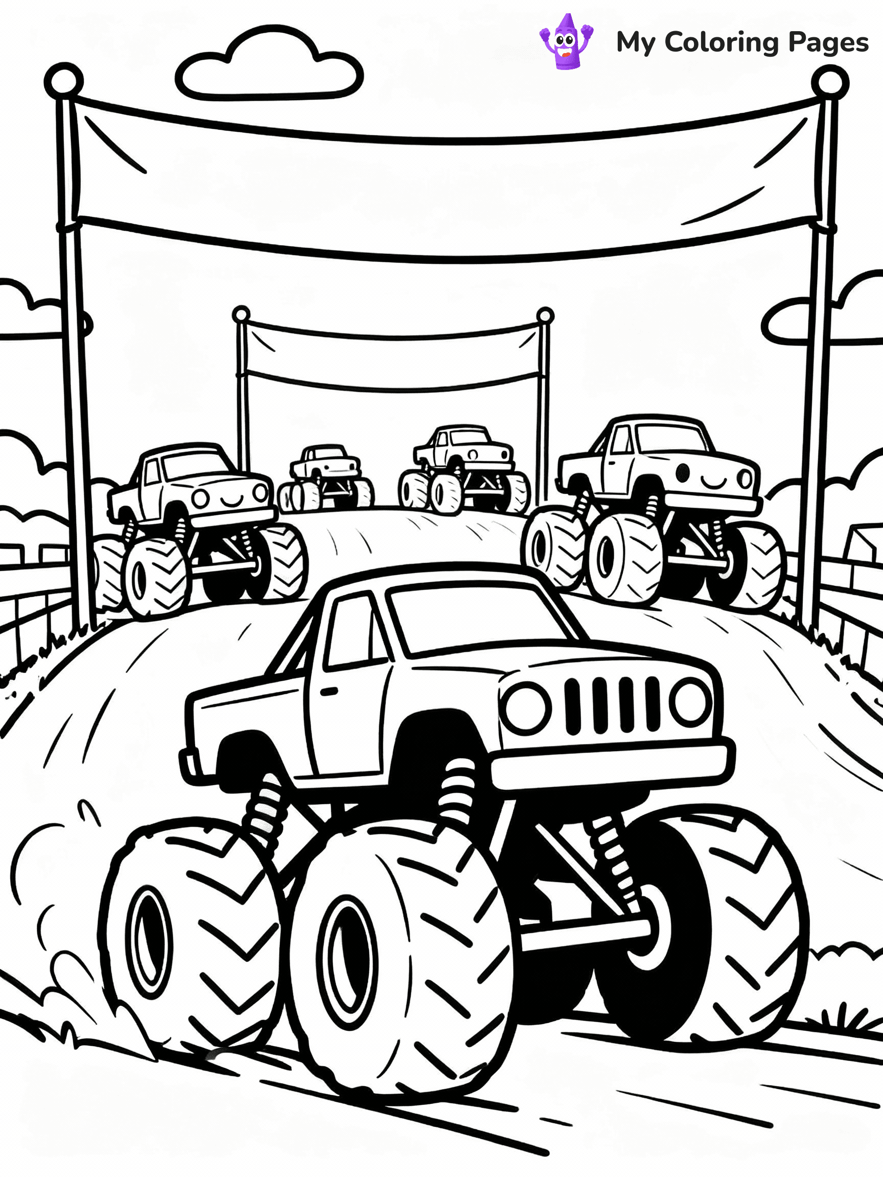 ⚠️ CRITICAL REQUIREMENT - ABSOLUTE BLACK AND WHITE ONLY ⚠️
This MUST be a BLACK AND WHITE line drawing ONLY. NO COLORS whatsoever.
- ONLY pure black lines (#000000) on pure white background (#FFFFFF)
- ABSOLUTELY NO colors, NO shading, NO gradients, NO grayscale
- If there are ANY colors in the output, the image is REJECTED
- This is a COLORING PAGE - meant to be COLORED IN by children
- The output must be UNCOLORED line art ready for coloring
⚠️ SUBJECT TO DRAW: Monster truck rally scene from Monster Trucks, trucks racing under bright banners.
(REMEMBER: Output must be BLACK AND WHITE line art only, NOT colored!)
# COLORING PAGE: BLACK OUTLINES ONLY - WHITE BACKGROUND MANDATORY
Create a **coloring book page** using EXACTLY two values: black lines, white space.
## NON-NEGOTIABLE BINARY RULES
- **ONLY #000000 (black) and #FFFFFF (white)** - NO other values exist
- **EVERY PIXEL = BLACK OR WHITE** - no gray/shading/antialiasing
- **WHITE BACKGROUND MANDATORY** - entire canvas stays white
- **ALL SHAPES HOLLOW** - everything is empty outlines waiting to be colored
- **FORBIDDEN:** fills, shading, gradients, patterns, textures, colors
- **NO SOLID REGIONS** - if it's not a thin line, it's wrong
## Universal Line Standards
- Black outlines ONLY - thin, uniform weight
- Every shape completely empty inside
- Closed contours suitable for coloring
- Simple flat illustration - zero depth/3D/realism
- **Style:** Whimsical Doodle Art Alley - rounded, friendly outlines (unless specified)
## Everything = Outline Only
- Characters/animals: hollow shapes
- Objects/clothing: empty contours
- Backgrounds/scenery: line work only
- Natural elements: outlined forms
- Dark/night areas: don't exist (use outlined symbols)
- Textures/patterns: convert to simple lines
## The Test
Can a child color EVERY white space with crayons? If any area is pre-filled/shaded/gray, it FAILS. Every shape must be waiting to receive color.
**FINAL OUTPUT**: Binary coloring page. Black lines define shapes. White spaces ready for coloring. Nothing else exists. No exceptions. Print-ready.
⚠️ FINAL REMINDER: Draw the subject "Monster truck rally scene from Monster Trucks, trucks racing under bright banners." as BLACK AND WHITE line art. Zero colors in output.