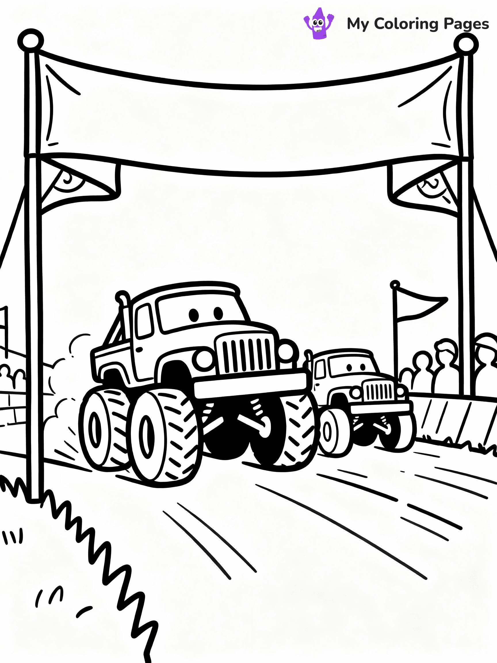 ⚠️ CRITICAL REQUIREMENT - ABSOLUTE BLACK AND WHITE ONLY ⚠️
This MUST be a BLACK AND WHITE line drawing ONLY. NO COLORS whatsoever.
- ONLY pure black lines (#000000) on pure white background (#FFFFFF)
- ABSOLUTELY NO colors, NO shading, NO gradients, NO grayscale
- If there are ANY colors in the output, the image is REJECTED
- This is a COLORING PAGE - meant to be COLORED IN by children
- The output must be UNCOLORED line art ready for coloring
⚠️ SUBJECT TO DRAW: Monster truck rally scene from Monster Trucks, trucks racing under bright banners.
(REMEMBER: Output must be BLACK AND WHITE line art only, NOT colored!)
# COLORING PAGE: BLACK OUTLINES ONLY - WHITE BACKGROUND MANDATORY
Create a **coloring book page** using EXACTLY two values: black lines, white space.
## NON-NEGOTIABLE BINARY RULES
- **ONLY #000000 (black) and #FFFFFF (white)** - NO other values exist
- **EVERY PIXEL = BLACK OR WHITE** - no gray/shading/antialiasing
- **WHITE BACKGROUND MANDATORY** - entire canvas stays white
- **ALL SHAPES HOLLOW** - everything is empty outlines waiting to be colored
- **FORBIDDEN:** fills, shading, gradients, patterns, textures, colors
- **NO SOLID REGIONS** - if it's not a thin line, it's wrong
## Universal Line Standards
- Black outlines ONLY - thin, uniform weight
- Every shape completely empty inside
- Closed contours suitable for coloring
- Simple flat illustration - zero depth/3D/realism
- **Style:** Whimsical Doodle Art Alley - rounded, friendly outlines (unless specified)
## Everything = Outline Only
- Characters/animals: hollow shapes
- Objects/clothing: empty contours
- Backgrounds/scenery: line work only
- Natural elements: outlined forms
- Dark/night areas: don't exist (use outlined symbols)
- Textures/patterns: convert to simple lines
## The Test
Can a child color EVERY white space with crayons? If any area is pre-filled/shaded/gray, it FAILS. Every shape must be waiting to receive color.
**FINAL OUTPUT**: Binary coloring page. Black lines define shapes. White spaces ready for coloring. Nothing else exists. No exceptions. Print-ready.
⚠️ FINAL REMINDER: Draw the subject "Monster truck rally scene from Monster Trucks, trucks racing under bright banners." as BLACK AND WHITE line art. Zero colors in output.