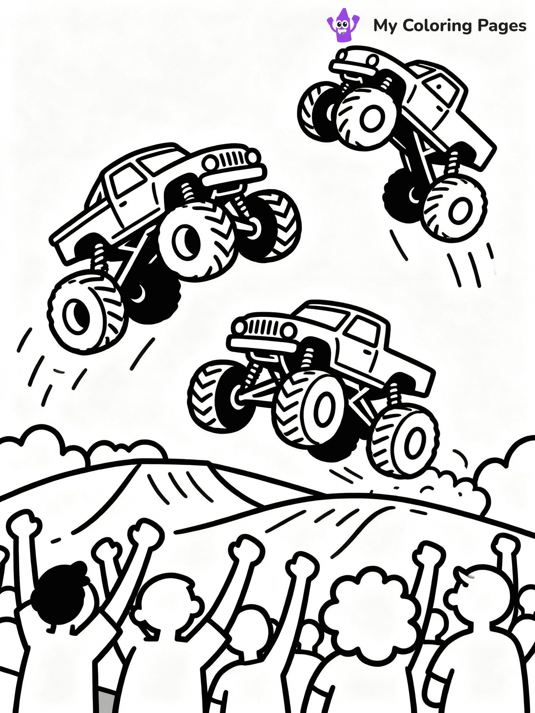 ⚠️ CRITICAL REQUIREMENT - ABSOLUTE BLACK AND WHITE ONLY ⚠️
This MUST be a BLACK AND WHITE line drawing ONLY. NO COLORS whatsoever.
- ONLY pure black lines (#000000) on pure white background (#FFFFFF)
- ABSOLUTELY NO colors, NO shading, NO gradients, NO grayscale
- If there are ANY colors in the output, the image is REJECTED
- This is a COLORING PAGE - meant to be COLORED IN by children
- The output must be UNCOLORED line art ready for coloring
⚠️ SUBJECT TO DRAW: Monster trucks doing stunts from Monster Trucks, flipping in mid-air, crowd cheering.
(REMEMBER: Output must be BLACK AND WHITE line art only, NOT colored!)
# COLORING PAGE: BLACK OUTLINES ONLY - WHITE BACKGROUND MANDATORY
Create a **coloring book page** using EXACTLY two values: black lines, white space.
## NON-NEGOTIABLE BINARY RULES
- **ONLY #000000 (black) and #FFFFFF (white)** - NO other values exist
- **EVERY PIXEL = BLACK OR WHITE** - no gray/shading/antialiasing
- **WHITE BACKGROUND MANDATORY** - entire canvas stays white
- **ALL SHAPES HOLLOW** - everything is empty outlines waiting to be colored
- **FORBIDDEN:** fills, shading, gradients, patterns, textures, colors
- **NO SOLID REGIONS** - if it's not a thin line, it's wrong
## Universal Line Standards
- Black outlines ONLY - thin, uniform weight
- Every shape completely empty inside
- Closed contours suitable for coloring
- Simple flat illustration - zero depth/3D/realism
- **Style:** Whimsical Doodle Art Alley - rounded, friendly outlines (unless specified)
## Everything = Outline Only
- Characters/animals: hollow shapes
- Objects/clothing: empty contours
- Backgrounds/scenery: line work only
- Natural elements: outlined forms
- Dark/night areas: don't exist (use outlined symbols)
- Textures/patterns: convert to simple lines
## The Test
Can a child color EVERY white space with crayons? If any area is pre-filled/shaded/gray, it FAILS. Every shape must be waiting to receive color.
**FINAL OUTPUT**: Binary coloring page. Black lines define shapes. White spaces ready for coloring. Nothing else exists. No exceptions. Print-ready.
⚠️ FINAL REMINDER: Draw the subject "Monster trucks doing stunts from Monster Trucks, flipping in mid-air, crowd cheering." as BLACK AND WHITE line art. Zero colors in output.