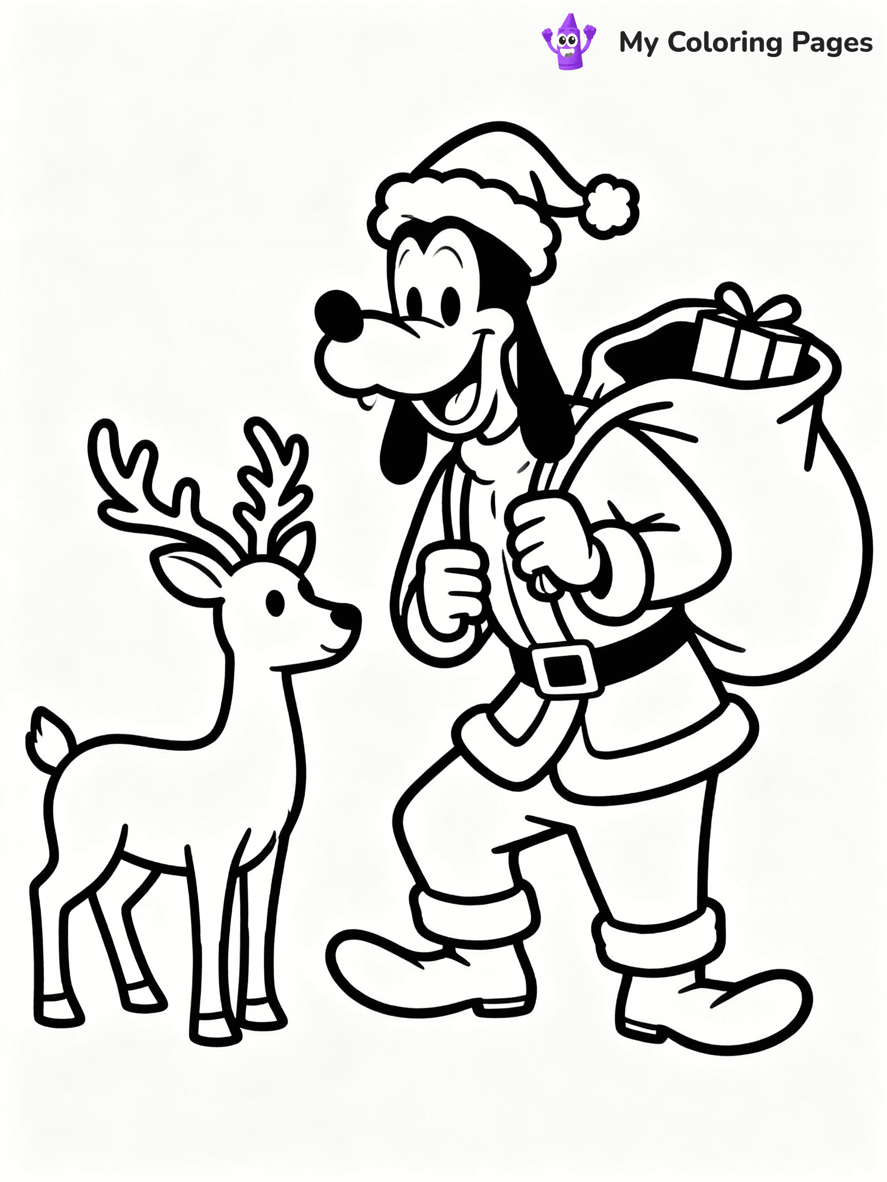 ⚠️ CRITICAL REQUIREMENT - ABSOLUTE BLACK AND WHITE ONLY ⚠️
This MUST be a BLACK AND WHITE line drawing ONLY. NO COLORS whatsoever.
- ONLY pure black lines (#000000) on pure white background (#FFFFFF)
- ABSOLUTELY NO colors, NO shading, NO gradients, NO grayscale
- If there are ANY colors in the output, the image is REJECTED
- This is a COLORING PAGE - meant to be COLORED IN by children
- The output must be UNCOLORED line art ready for coloring
⚠️ SUBJECT TO DRAW: Goofy from Disney in Disney animation style, dressed as Santa, holding a large sack of gifts, reindeer nearby
(REMEMBER: Output must be BLACK AND WHITE line art only, NOT colored!)
# COLORING PAGE: BLACK OUTLINES ONLY - WHITE BACKGROUND MANDATORY
Create a **coloring book page** using EXACTLY two values: black lines, white space.
## NON-NEGOTIABLE BINARY RULES
- **ONLY #000000 (black) and #FFFFFF (white)** - NO other values exist
- **EVERY PIXEL = BLACK OR WHITE** - no gray/shading/antialiasing
- **WHITE BACKGROUND MANDATORY** - entire canvas stays white
- **ALL SHAPES HOLLOW** - everything is empty outlines waiting to be colored
- **FORBIDDEN:** fills, shading, gradients, patterns, textures, colors
- **NO SOLID REGIONS** - if it's not a thin line, it's wrong
## Universal Line Standards
- Black outlines ONLY - thin, uniform weight
- Every shape completely empty inside
- Closed contours suitable for coloring
- Simple flat illustration - zero depth/3D/realism
- **Style:** Whimsical Doodle Art Alley - rounded, friendly outlines (unless specified)
## Everything = Outline Only
- Characters/animals: hollow shapes
- Objects/clothing: empty contours
- Backgrounds/scenery: line work only
- Natural elements: outlined forms
- Dark/night areas: don't exist (use outlined symbols)
- Textures/patterns: convert to simple lines
## The Test
Can a child color EVERY white space with crayons? If any area is pre-filled/shaded/gray or colored in, it FAILS. Every shape must be waiting to receive color.
**FINAL OUTPUT**: Binary coloring page. Black lines define shapes. White spaces ready for coloring. Nothing else exists. No exceptions. Print-ready.
⚠️ FINAL REMINDER: Draw the subject "Goofy from Disney in Disney animation style, dressed as Santa, holding a large sack of gifts, reindeer nearby" as BLACK AND WHITE line art. Zero colors in output.