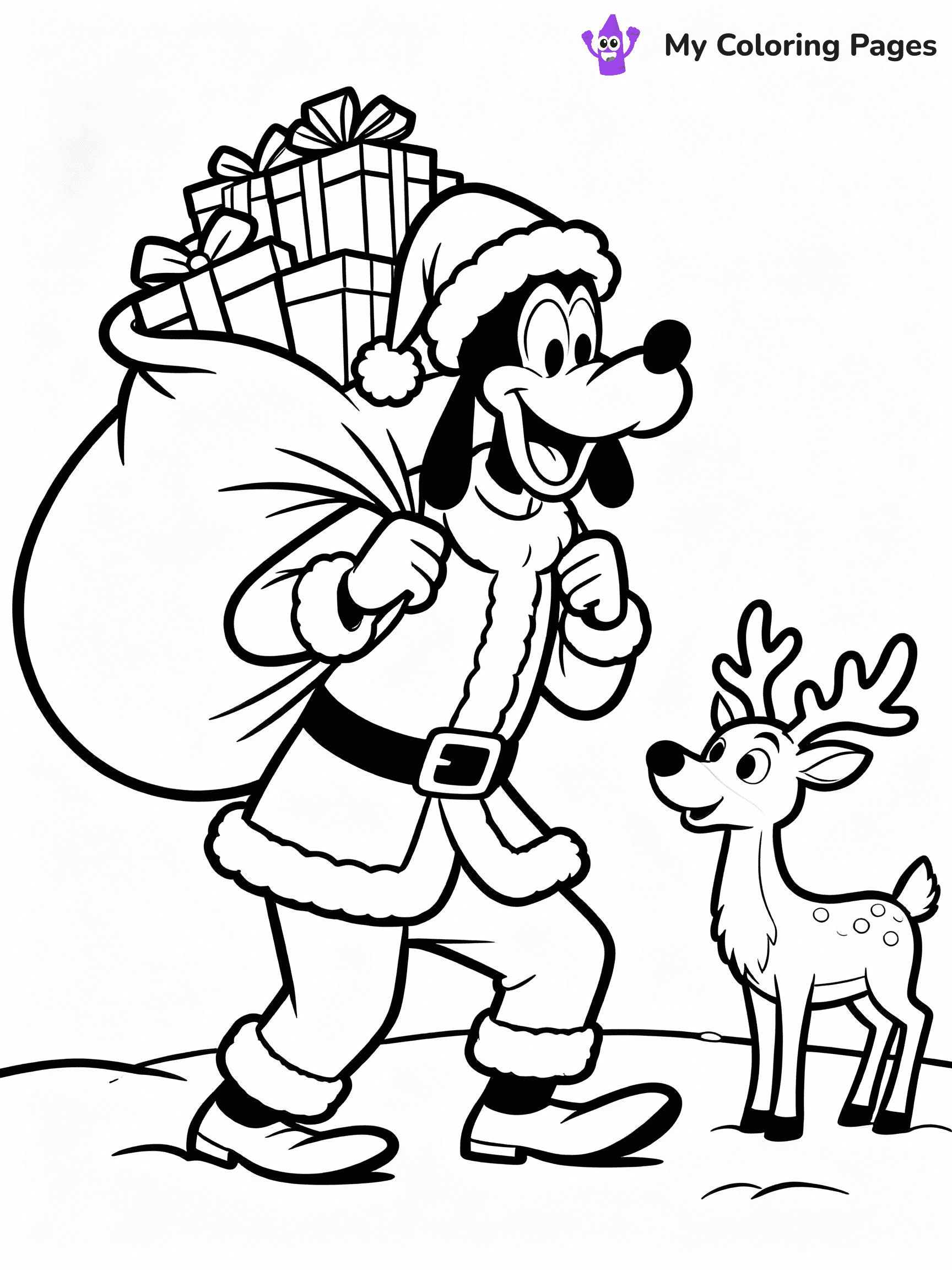 ⚠️ CRITICAL REQUIREMENT - ABSOLUTE BLACK AND WHITE ONLY ⚠️
This MUST be a BLACK AND WHITE line drawing ONLY. NO COLORS whatsoever.
- ONLY pure black lines (#000000) on pure white background (#FFFFFF)
- ABSOLUTELY NO colors, NO shading, NO gradients, NO grayscale
- If there are ANY colors in the output, the image is REJECTED
- This is a COLORING PAGE - meant to be COLORED IN by children
- The output must be UNCOLORED line art ready for coloring
⚠️ SUBJECT TO DRAW: Goofy from Disney in Disney animation style, dressed as Santa, holding a large sack of gifts, reindeer nearby
(REMEMBER: Output must be BLACK AND WHITE line art only, NOT colored!)
# COLORING PAGE: BLACK OUTLINES ONLY - WHITE BACKGROUND MANDATORY
Create a **coloring book page** using EXACTLY two values: black lines, white space.
## NON-NEGOTIABLE BINARY RULES
- **ONLY #000000 (black) and #FFFFFF (white)** - NO other values exist
- **EVERY PIXEL = BLACK OR WHITE** - no gray/shading/antialiasing
- **WHITE BACKGROUND MANDATORY** - entire canvas stays white
- **ALL SHAPES HOLLOW** - everything is empty outlines waiting to be colored
- **FORBIDDEN:** fills, shading, gradients, patterns, textures, colors
- **NO SOLID REGIONS** - if it's not a thin line, it's wrong
## Universal Line Standards
- Black outlines ONLY - thin, uniform weight
- Every shape completely empty inside
- Closed contours suitable for coloring
- Simple flat illustration - zero depth/3D/realism
- **Style:** Whimsical Doodle Art Alley - rounded, friendly outlines (unless specified)
## Everything = Outline Only
- Characters/animals: hollow shapes
- Objects/clothing: empty contours
- Backgrounds/scenery: line work only
- Natural elements: outlined forms
- Dark/night areas: don't exist (use outlined symbols)
- Textures/patterns: convert to simple lines
## The Test
Can a child color EVERY white space with crayons? If any area is pre-filled/shaded/gray or colored in, it FAILS. Every shape must be waiting to receive color.
**FINAL OUTPUT**: Binary coloring page. Black lines define shapes. White spaces ready for coloring. Nothing else exists. No exceptions. Print-ready.
⚠️ FINAL REMINDER: Draw the subject "Goofy from Disney in Disney animation style, dressed as Santa, holding a large sack of gifts, reindeer nearby" as BLACK AND WHITE line art. Zero colors in output.