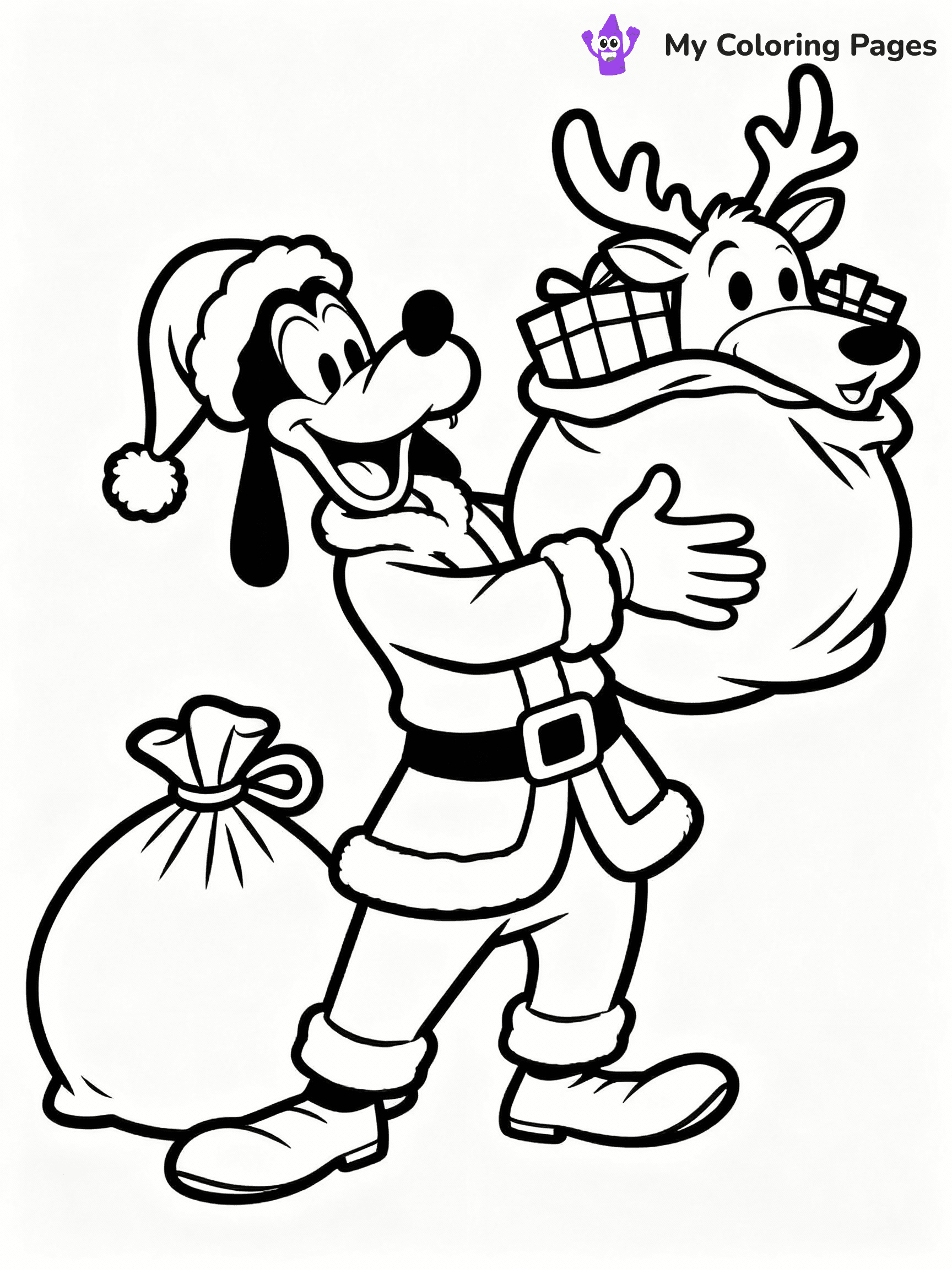 ⚠️ CRITICAL REQUIREMENT - ABSOLUTE BLACK AND WHITE ONLY ⚠️
This MUST be a BLACK AND WHITE line drawing ONLY. NO COLORS whatsoever.
- ONLY pure black lines (#000000) on pure white background (#FFFFFF)
- ABSOLUTELY NO colors, NO shading, NO gradients, NO grayscale
- If there are ANY colors in the output, the image is REJECTED
- This is a COLORING PAGE - meant to be COLORED IN by children
- The output must be UNCOLORED line art ready for coloring
⚠️ SUBJECT TO DRAW: Goofy from Disney in Disney animation style, dressed as Santa, holding a large sack of gifts, reindeer nearby
(REMEMBER: Output must be BLACK AND WHITE line art only, NOT colored!)
# COLORING PAGE: BLACK OUTLINES ONLY - WHITE BACKGROUND MANDATORY
Create a **coloring book page** using EXACTLY two values: black lines, white space.
## NON-NEGOTIABLE BINARY RULES
- **ONLY #000000 (black) and #FFFFFF (white)** - NO other values exist
- **EVERY PIXEL = BLACK OR WHITE** - no gray/shading/antialiasing
- **WHITE BACKGROUND MANDATORY** - entire canvas stays white
- **ALL SHAPES HOLLOW** - everything is empty outlines waiting to be colored
- **FORBIDDEN:** fills, shading, gradients, patterns, textures, colors
- **NO SOLID REGIONS** - if it's not a thin line, it's wrong
## Universal Line Standards
- Black outlines ONLY - thin, uniform weight
- Every shape completely empty inside
- Closed contours suitable for coloring
- Simple flat illustration - zero depth/3D/realism
- **Style:** Whimsical Doodle Art Alley - rounded, friendly outlines (unless specified)
## Everything = Outline Only
- Characters/animals: hollow shapes
- Objects/clothing: empty contours
- Backgrounds/scenery: line work only
- Natural elements: outlined forms
- Dark/night areas: don't exist (use outlined symbols)
- Textures/patterns: convert to simple lines
## The Test
Can a child color EVERY white space with crayons? If any area is pre-filled/shaded/gray or colored in, it FAILS. Every shape must be waiting to receive color.
**FINAL OUTPUT**: Binary coloring page. Black lines define shapes. White spaces ready for coloring. Nothing else exists. No exceptions. Print-ready.
⚠️ FINAL REMINDER: Draw the subject "Goofy from Disney in Disney animation style, dressed as Santa, holding a large sack of gifts, reindeer nearby" as BLACK AND WHITE line art. Zero colors in output.