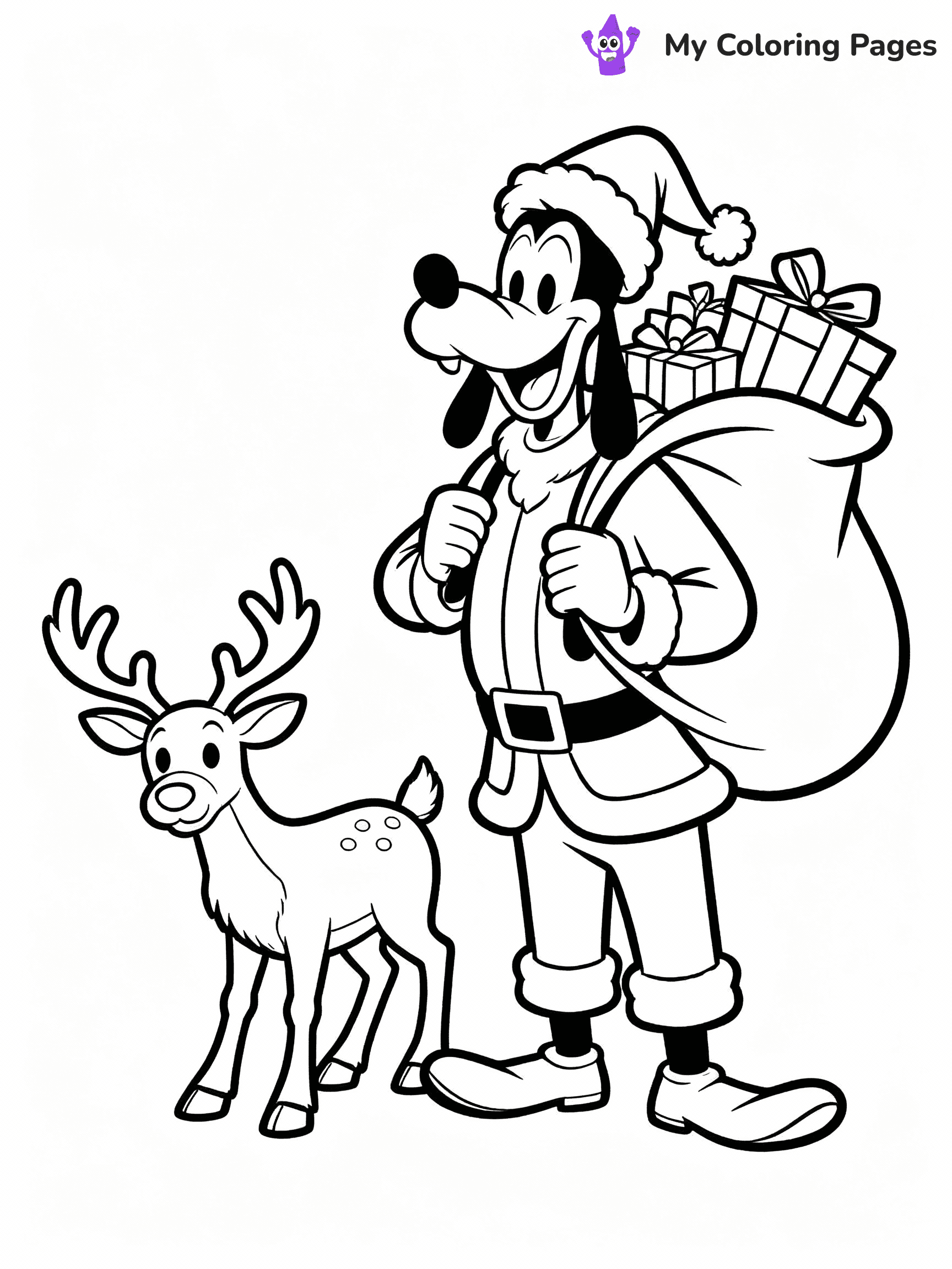 ⚠️ CRITICAL REQUIREMENT - ABSOLUTE BLACK AND WHITE ONLY ⚠️
This MUST be a BLACK AND WHITE line drawing ONLY. NO COLORS whatsoever.
- ONLY pure black lines (#000000) on pure white background (#FFFFFF)
- ABSOLUTELY NO colors, NO shading, NO gradients, NO grayscale
- If there are ANY colors in the output, the image is REJECTED
- This is a COLORING PAGE - meant to be COLORED IN by children
- The output must be UNCOLORED line art ready for coloring
⚠️ SUBJECT TO DRAW: Goofy from Disney in Disney animation style, dressed as Santa, holding a large sack of gifts, reindeer nearby
(REMEMBER: Output must be BLACK AND WHITE line art only, NOT colored!)
# COLORING PAGE: BLACK OUTLINES ONLY - WHITE BACKGROUND MANDATORY
Create a **coloring book page** using EXACTLY two values: black lines, white space.
## NON-NEGOTIABLE BINARY RULES
- **ONLY #000000 (black) and #FFFFFF (white)** - NO other values exist
- **EVERY PIXEL = BLACK OR WHITE** - no gray/shading/antialiasing
- **WHITE BACKGROUND MANDATORY** - entire canvas stays white
- **ALL SHAPES HOLLOW** - everything is empty outlines waiting to be colored
- **FORBIDDEN:** fills, shading, gradients, patterns, textures, colors
- **NO SOLID REGIONS** - if it's not a thin line, it's wrong
## Universal Line Standards
- Black outlines ONLY - thin, uniform weight
- Every shape completely empty inside
- Closed contours suitable for coloring
- Simple flat illustration - zero depth/3D/realism
- **Style:** Whimsical Doodle Art Alley - rounded, friendly outlines (unless specified)
## Everything = Outline Only
- Characters/animals: hollow shapes
- Objects/clothing: empty contours
- Backgrounds/scenery: line work only
- Natural elements: outlined forms
- Dark/night areas: don't exist (use outlined symbols)
- Textures/patterns: convert to simple lines
## The Test
Can a child color EVERY white space with crayons? If any area is pre-filled/shaded/gray or colored in, it FAILS. Every shape must be waiting to receive color.
**FINAL OUTPUT**: Binary coloring page. Black lines define shapes. White spaces ready for coloring. Nothing else exists. No exceptions. Print-ready.
⚠️ FINAL REMINDER: Draw the subject "Goofy from Disney in Disney animation style, dressed as Santa, holding a large sack of gifts, reindeer nearby" as BLACK AND WHITE line art. Zero colors in output.