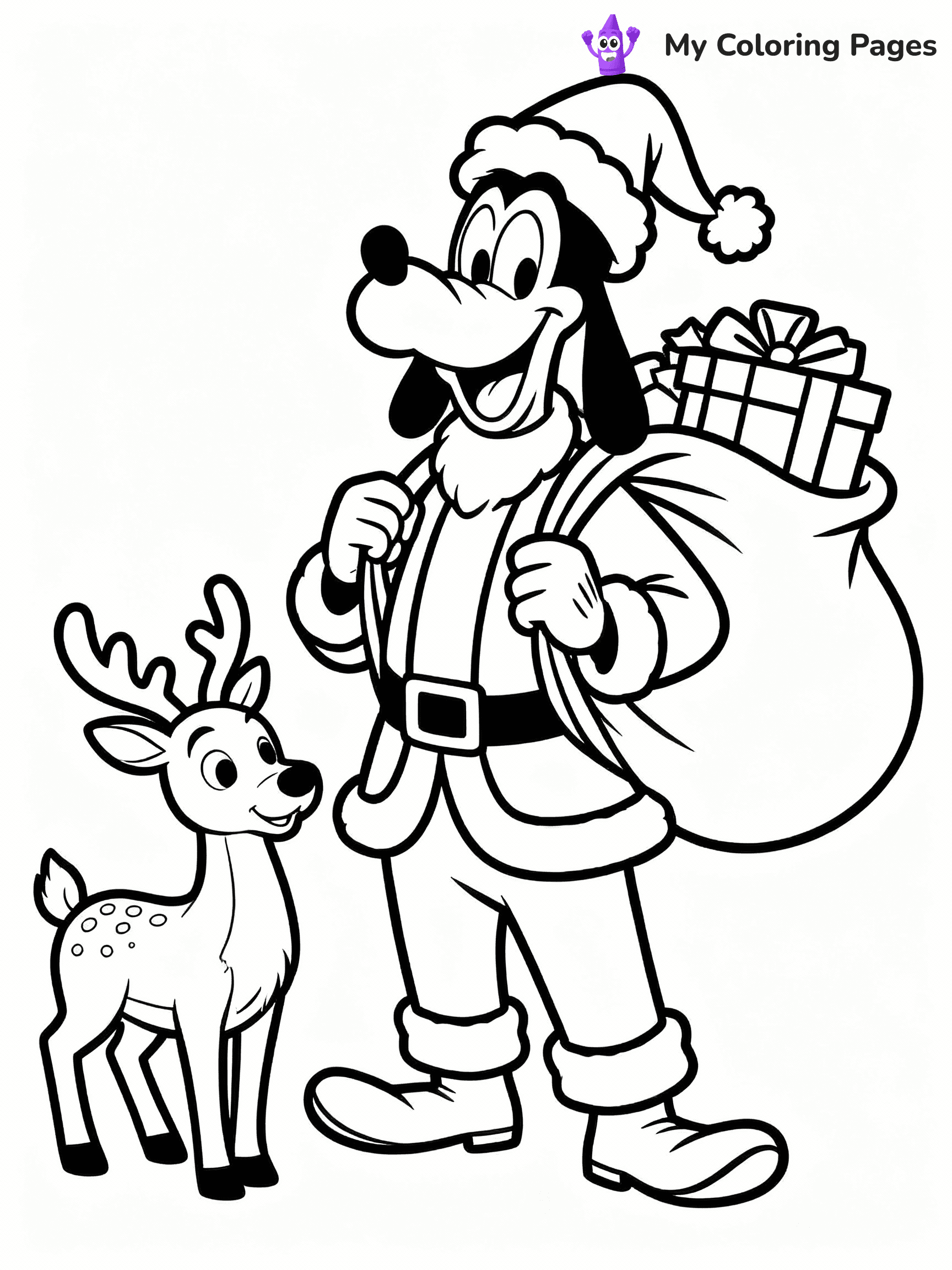 ⚠️ CRITICAL REQUIREMENT - ABSOLUTE BLACK AND WHITE ONLY ⚠️
This MUST be a BLACK AND WHITE line drawing ONLY. NO COLORS whatsoever.
- ONLY pure black lines (#000000) on pure white background (#FFFFFF)
- ABSOLUTELY NO colors, NO shading, NO gradients, NO grayscale
- If there are ANY colors in the output, the image is REJECTED
- This is a COLORING PAGE - meant to be COLORED IN by children
- The output must be UNCOLORED line art ready for coloring
⚠️ SUBJECT TO DRAW: Goofy from Disney in Disney animation style, dressed as Santa, holding a large sack of gifts, reindeer nearby
(REMEMBER: Output must be BLACK AND WHITE line art only, NOT colored!)
# COLORING PAGE: BLACK OUTLINES ONLY - WHITE BACKGROUND MANDATORY
Create a **coloring book page** using EXACTLY two values: black lines, white space.
## NON-NEGOTIABLE BINARY RULES
- **ONLY #000000 (black) and #FFFFFF (white)** - NO other values exist
- **EVERY PIXEL = BLACK OR WHITE** - no gray/shading/antialiasing
- **WHITE BACKGROUND MANDATORY** - entire canvas stays white
- **ALL SHAPES HOLLOW** - everything is empty outlines waiting to be colored
- **FORBIDDEN:** fills, shading, gradients, patterns, textures, colors
- **NO SOLID REGIONS** - if it's not a thin line, it's wrong
## Universal Line Standards
- Black outlines ONLY - thin, uniform weight
- Every shape completely empty inside
- Closed contours suitable for coloring
- Simple flat illustration - zero depth/3D/realism
- **Style:** Whimsical Doodle Art Alley - rounded, friendly outlines (unless specified)
## Everything = Outline Only
- Characters/animals: hollow shapes
- Objects/clothing: empty contours
- Backgrounds/scenery: line work only
- Natural elements: outlined forms
- Dark/night areas: don't exist (use outlined symbols)
- Textures/patterns: convert to simple lines
## The Test
Can a child color EVERY white space with crayons? If any area is pre-filled/shaded/gray or colored in, it FAILS. Every shape must be waiting to receive color.
**FINAL OUTPUT**: Binary coloring page. Black lines define shapes. White spaces ready for coloring. Nothing else exists. No exceptions. Print-ready.
⚠️ FINAL REMINDER: Draw the subject "Goofy from Disney in Disney animation style, dressed as Santa, holding a large sack of gifts, reindeer nearby" as BLACK AND WHITE line art. Zero colors in output.